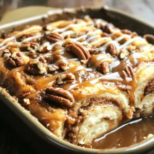 - 2 cans (12.4 oz each) refrigerated cinnamon rolls - 1 cup pecans, roughly chopped - 1/2 cup caramel sauce, with extra for drizzling - 1/2 cup packed brown sugar - 1 teaspoon ground cinnamon - 4 tablespoons unsalted butter, melted - 3 large eggs - 1/2 cup milk - 1 teaspoon vanilla extract - A pinch of salt - A dash of nutmeg for warmth - Chopped apples for a fruity twist - A sprinkle of sea salt for contrast - Use walnuts instead of pecans for a different crunch. - Swap brown sugar with coconut sugar for a lighter taste. - Almond milk can replace regular milk for a dairy-free option. - If you don't have cinnamon rolls, use biscuit dough as a base. These ingredients make this bake a crowd-pleaser. Each bite has a mix of soft cinnamon rolls, crunchy pecans, and sweet caramel. You can easily personalize these flavors to fit your taste. First, preheat your oven to 350°F (175°C). While the oven heats, get your 9x13-inch baking dish ready. Grease it well with cooking spray or butter. This helps keep the bake from sticking. Next, open the two cans of refrigerated cinnamon rolls. Set aside the icing packets for later. Cut each roll into quarters. This makes it easier to mix them with other ingredients. In a large bowl, combine the roughly chopped pecans with the quartered cinnamon rolls. Add the brown sugar and ground cinnamon to the bowl. Gently toss everything together. You want the cinnamon rolls coated evenly with the sugar and spice. Spread half of this mixture in the bottom of your greased baking dish. Drizzle half of the caramel sauce over this layer for extra sweetness. Now, add the rest of the cinnamon roll mixture on top. Drizzle the remaining caramel sauce over this layer as well. In a separate bowl, whisk together the melted butter, eggs, milk, vanilla extract, and a pinch of salt. Mix until everything is combined well. This custard mixture will bind the layers as they bake. Pour the egg mixture evenly over your layered cinnamon roll and pecan mixture in the dish. Use a knife to gently swirl through the bake. This helps blend the layers for a nice, even texture. Now, place your baking dish in the preheated oven. Bake for 25-30 minutes. You want the top to turn golden brown and the center to set. To check if it’s done, insert a toothpick in the center. It should come out clean. Once done, let it cool for 5-10 minutes. Drizzle the reserved icing and any extra caramel sauce over the top before serving. Enjoy this sweet treat warm! To make your Caramel Pecan Cinnamon Roll Bake just right, follow these tips: - Use fresh ingredients. Fresh eggs and milk will enhance flavor. - Don’t overmix. When combining your ingredients, mix gently to keep the cinnamon rolls soft. - Check your oven. Ovens can vary. Use an oven thermometer to ensure your oven heats accurately. Preventing sticking is key for easy serving: - Grease the baking dish well. Use cooking spray or butter to coat every corner. - Use parchment paper. Lining the dish with parchment can make it easier to lift out the bake. - Cool before serving. Let it cool for about 5-10 minutes. This helps set the layers and makes it easier to slice. Make your bake look as good as it tastes: - Serve warm. This dish is best enjoyed fresh from the oven. - Top with extras. Drizzle more caramel sauce and add extra pecans for crunch. - Add ice cream. A scoop of vanilla ice cream on top makes it a dessert to remember! {{image_4}} You can make this caramel pecan cinnamon roll bake your own. Try adding chocolate chips for a sweet twist. Just mix them in with the cinnamon rolls and pecans. Fruits like apples or bananas also work well. Chop them up and add to the mix for extra flavor and texture. You can even sprinkle in some orange zest for a nice citrus kick. Experimenting with flavors makes this dish fun and unique. If you need a gluten-free version, there are great options. Look for gluten-free cinnamon rolls at your local store. They often taste just as good as regular ones. Use gluten-free flour in the custard mixture if needed. Be sure to check all labels to ensure everything is gluten-free. This way, everyone can enjoy the treat without worry. To make this recipe vegan, swap out the eggs and milk. Use flax eggs in place of regular eggs. Mix one tablespoon of ground flaxseed with three tablespoons of water, let it sit for a few minutes, and it’s ready to use. For milk, any plant-based milk works well, like almond or oat milk. Use vegan butter instead of regular butter. This way, you keep the rich taste while making it plant-based. To keep your Caramel Pecan Cinnamon Roll Bake fresh, let it cool first. Then, cover it tightly with plastic wrap or foil. You can also place it in an airtight container. Store it in the fridge for up to 3 days. This helps keep the flavors intact. When you want to enjoy leftovers, preheat your oven to 350°F (175°C). Place your bake in an oven-safe dish. Cover it loosely with foil to prevent burning. Heat for about 15-20 minutes or until warm. You can also microwave individual portions for about 30-45 seconds. Just check that it's hot all the way through. If you want to save some for later, freezing is a great option. After cooling, slice the bake into portions. Wrap each piece in plastic wrap, then place them in a freezer bag. Label the bag with the date. You can freeze it for up to 3 months. When you're ready to eat, thaw it in the fridge overnight before reheating. Enjoy your sweet treat anytime! Yes, you can prepare this bake ahead. To do this, follow the steps until you layer the mixtures. Cover the dish with plastic wrap and store it in the fridge overnight. Bake in the morning for a warm treat. Just remember to let it sit at room temperature for about 30 minutes before baking. This will help it cook evenly. To check if the bake is done, insert a toothpick into the center. If it comes out clean, it is ready. The top should be golden brown, and the center should feel firm. If it jiggles too much, give it a few more minutes. Keep an eye on it to avoid overbaking. Yes, you can use homemade cinnamon rolls! Just make sure they are cut into pieces, like the canned ones. This will help them mix well with the other ingredients. Homemade rolls add a personal touch and can make the dish even more special. In this post, we outlined how to create a delicious cinnamon roll bake. We covered key ingredients, offered tips for perfect baking, and suggested variations to suit your taste. Remember to prep your dish well and layer the ingredients carefully for the best results. Don't hesitate to try new flavors or alternatives that fit your diet. With these simple steps, you can enjoy a tasty treat any time. Happy baking!