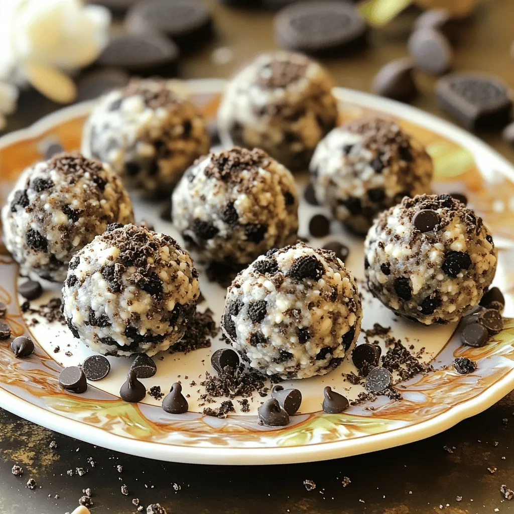 - 1 cup Oreo cookies, finely crushed - 1 cup rolled oats - 1/2 cup protein powder (vanilla or chocolate) - 1/2 cup creamy peanut butter (or almond butter) - 1/4 cup honey or maple syrup - 1/4 cup mini chocolate chips - A pinch of fine sea salt - Additional crushed Oreos for rolling Oreo cookies give these protein balls a sweet crunch. Rolled oats add fiber and help bind the balls. Protein powder boosts the nutrition and keeps you full. Peanut butter brings creaminess and flavor. You can switch to almond butter for a twist. For sweetness, I use honey or maple syrup. They naturally sweeten the mix without being too heavy. Mini chocolate chips add little bursts of joy in each bite. A pinch of sea salt enhances all the flavors, making them pop. If you want extra texture, roll the balls in crushed Oreos. This adds a fun finish and makes the snack even more tempting. Each ingredient plays a role in making these no-bake treats delicious and satisfying. Start by taking a large mixing bowl. Add 1 cup of finely crushed Oreo cookies. Then, pour in 1 cup of rolled oats and 1/2 cup of protein powder. Stir them well until everything is mixed evenly. This mix forms a tasty base for your protein balls. Now, it's time to add the wet ingredients. Scoop in 1/2 cup of creamy peanut butter. You can use almond butter if you prefer. Next, add 1/4 cup of honey or maple syrup for sweetness. Mix everything with a strong spatula or your hands. Keep mixing until a thick dough forms. If it feels too crumbly, add more peanut butter or honey, one spoon at a time, until it sticks together well. Once your dough is ready, it’s time to form the balls. Take small amounts of the mixture and roll them into 1-inch balls. You should make about 12 to 15 protein balls. If you want, roll them in some extra crushed Oreos for a fun touch. Place the balls on a parchment-lined plate. Finally, refrigerate them for at least 30 minutes. This helps them hold their shape and makes them perfect for snacking. If your mixture feels too crumbly, don't worry! You can fix this easily. Just add more peanut butter or honey, one tablespoon at a time. Mix well after each addition. This will help the ingredients bind together better. Aim for a thick, dough-like texture. It should hold its shape when rolled into balls. Want to spice things up? You can add a dash of cinnamon or vanilla extract. Both will boost the taste without overpowering the Oreo flavor. If you want a chocolate kick, try adding cocoa powder. Each bite will have an extra layer of yum! Make your protein balls stand out! Arrange them on a pretty platter. Sprinkle crushed Oreos around them for a fun touch. You can also use colorful mini chocolate chips as a garnish. These small details make your snack look appealing and inviting. Perfect for sharing or enjoying yourself! {{image_4}} You can easily change the taste of your No-Bake Oreo Protein Balls by switching up the base protein powder. If you want a fun twist, try using chocolate protein powder instead of vanilla. This small swap can give your snack a richer flavor. You could also pick a plant-based protein powder if you prefer a vegan option. Each type of protein adds its unique taste, so feel free to experiment! Making these protein balls vegan or gluten-free is simple. To make them vegan, swap the honey with maple syrup. You can also choose a vegan protein powder to keep the whole recipe plant-based. For a gluten-free version, just use gluten-free oats and ensure your protein powder is free from gluten. These adjustments let everyone enjoy this tasty snack! You can add more texture and taste by incorporating nuts, seeds, or different chips. Chopped almonds or walnuts work great for crunch. If you want a boost of nutrition, sprinkle in some chia seeds or flaxseeds. You can also swap mini chocolate chips for butterscotch or white chocolate chips. These little changes let you create your own unique version of these protein balls. To store your no-bake Oreo protein balls, place them in an airtight container. These snacks can last in the fridge for up to one week. Keeping them cool helps maintain their shape and flavor. I like to separate layers with parchment paper to avoid sticking. You can freeze these protein balls for longer storage. Arrange them in a single layer on a baking sheet and freeze until firm. Once frozen, transfer them to a freezer bag. They can last up to three months in the freezer. Thaw them in the fridge overnight before enjoying. For the best taste and texture, aim to eat these protein balls within a week of making them. They make a great snack after workouts or when you need a quick energy boost. Having them fresh ensures you enjoy their full flavor and benefits. Yes, you can! Many types of protein powder work well here. If you want a chocolate flavor, use chocolate protein powder. For a lighter taste, vanilla protein powder is great. You can even try plant-based powders like pea or rice protein. Each type changes the taste a bit, so pick what you like best. To make these protein balls sugar-free, swap honey or maple syrup for sugar-free sweeteners. You can use stevia or erythritol. Both options add sweetness without sugar. Start with a small amount and adjust to taste. It’s easy to find these sweeteners in stores. Each protein ball has about 100 calories. The breakdown is roughly: - Protein: 5-7 grams, depending on your protein powder - Carbs: 10-12 grams from oats and cookies - Fat: 4-5 grams from peanut butter This snack packs a punch with protein and keeps you full longer! This blog post covered how to make delicious protein balls. You learned the main ingredients like Oreo cookies, oats, and protein powder. We explored mixing tips, flavor variations, and storage information. I also shared ways to make them vegan or gluten-free. Now you have everything to create these tasty snacks. Enjoy your protein balls as a fun and healthy treat! Keep experimenting with flavors and ingredients. Each batch can be new and exciting. Happy cooking!
