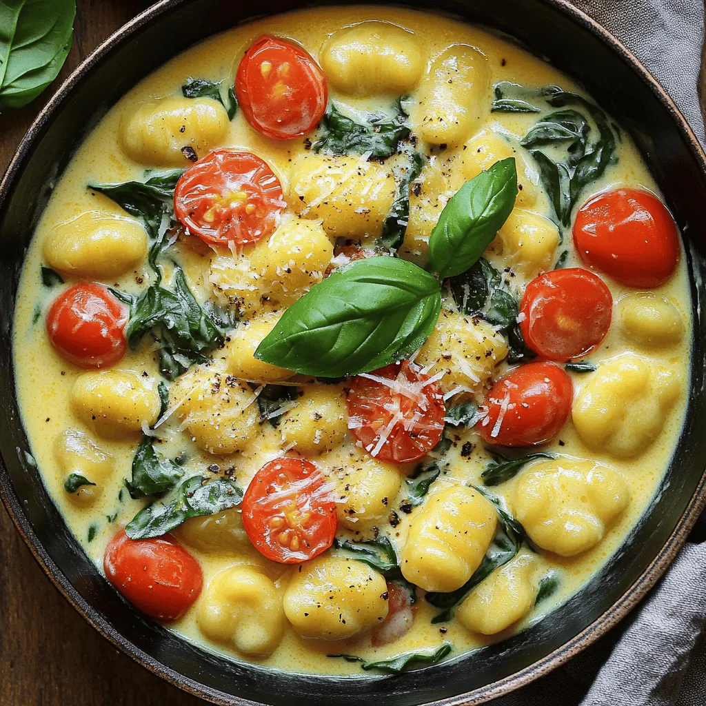 - 1 package (16 oz) of potato gnocchi - 2 tablespoons of olive oil - 3 cloves of garlic, finely minced - 1 cup of cherry tomatoes, halved - 2 cups of fresh spinach - 1 cup of heavy cream - 1/2 cup of freshly grated Parmesan cheese To make One Skillet Creamy Tuscan Gnocchi, you need basic ingredients. Start with potato gnocchi. This soft pasta is the star of the dish. Olive oil adds flavor and helps with cooking. Garlic gives a rich aroma. Cherry tomatoes add sweetness and color. Fresh spinach brings a healthy touch. Heavy cream creates that creamy texture. Finally, Parmesan cheese adds a savory kick. - 1/2 teaspoon of Italian seasoning - Salt and pepper to taste - Fresh basil leaves for garnish Seasonings make the dish shine. Italian seasoning brings warmth and depth. Salt and pepper enhance all the flavors. Fresh basil leaves make it look and taste fresh. They add a nice pop of green. - Serve the creamy gnocchi in individual bowls. - Drizzle with extra olive oil. - Sprinkle with additional Parmesan cheese. For plating, use individual bowls for a nice touch. Drizzling olive oil adds richness. A sprinkle of Parmesan cheese gives great flavor. Pair this dish with a simple salad or garlic bread. A light white wine also works well. Enjoy this delightful meal that feels fancy but is easy to make! - Mincing garlic: Start by peeling the garlic cloves. Use a sharp knife to chop them finely. Rock the knife back and forth to get small pieces. This way, the garlic releases more flavor. - Halving cherry tomatoes: Rinse the tomatoes under cold water. Use a sharp knife to cut each tomato in half. Hold the tomato steady with one hand and slice through gently. - Sautéing garlic and tomatoes: Heat 2 tablespoons of olive oil in a large skillet over medium heat. When the oil is hot, add the minced garlic. Stir it for about 30 seconds. You want it fragrant but not brown. Add the halved cherry tomatoes next. Cook them for 3-4 minutes. Stir occasionally until they soften and release juices. - Wilting spinach: Once the tomatoes are soft, add 2 cups of fresh spinach to the skillet. Stir it in and let it cook for about 2-3 minutes. The heat will help it wilt down. Mix well so the spinach blends with the tomatoes. - Cooking gnocchi: While the spinach wilts, cook 1 package of potato gnocchi according to the package instructions. Once they float, they are done. Drain them and set aside. - Mixing in heavy cream and cheese: After the spinach is wilted, reduce the heat to low. Pour in 1 cup of heavy cream and stir gently. Mix until smooth. Add the cooked gnocchi, 1/2 cup of grated Parmesan cheese, and 1/2 teaspoon of Italian seasoning. Toss everything together to coat the gnocchi. Season with salt and pepper to taste. Let it simmer for 2-3 minutes to blend the flavors. - To avoid overcooking the spinach, add it last. Cook it just until it wilts. This keeps it bright and fresh. - To ensure the gnocchi won’t stick together, cook them in plenty of salted water. Stir them gently while they cook. Drain them well before adding to the sauce. - You can add a pinch of red pepper flakes for heat. A splash of lemon juice brightens the dish. Try adding sun-dried tomatoes for extra flavor. - If you need cheese substitutes, try using Pecorino Romano or a vegan cheese option. Both melt well and add great taste. - Serve the creamy gnocchi in individual bowls. Drizzle a little extra olive oil on top for shine. A sprinkle of additional Parmesan cheese adds a nice touch too. - To store leftovers, place them in an airtight container. Keep them in the fridge for up to 3 days. {{image_4}} To make this dish vegetarian, you can swap out the cherry tomatoes or spinach for other veggies. Try adding bell peppers, zucchini, or mushrooms. They will bring their own flavors to the dish. For a dairy-free version, look for plant-based cream and cheese. Almond or coconut milk can work in place of heavy cream. Just remember to adjust the seasoning to match the new ingredients. Want to add some protein? Chicken or shrimp works great with this gnocchi. Cook the chicken in the skillet before adding the garlic. For shrimp, toss them in after the garlic is fragrant. If you enjoy sausage, try Italian sausage for a spicy kick. Cook it first, crumble it, and mix it with the other ingredients in the skillet. To change the flavor, you can add different herbs or spices. Basil and oregano can give it a fresh taste. If you’re in a hurry, consider using store-bought sauces. A good marinara or pesto can speed up the prep time and still taste great. Just pour it in after the cream and mix it well with the gnocchi. To store your creamy gnocchi, let it cool first. Then, place it in an airtight container. This helps keep it fresh. You can store it in the fridge for about 3 days. If you want to enjoy it later, freezing is a great option. When reheating, I recommend using a skillet. This keeps the gnocchi creamy and warm. Heat it over low to medium heat. Stir frequently to prevent sticking. If you use a microwave, place it in a bowl. Add a splash of cream or water to keep it moist. Cover the bowl to trap steam, and heat in short bursts. To freeze your creamy gnocchi, let it cool completely first. Then, place it in a freezer-safe bag or container. Remove as much air as you can. It can be stored for up to 3 months. When you're ready to eat, thaw it in the fridge overnight. Reheat it in a skillet for the best results, adding a little cream to keep it creamy. Yes, you can make this dish ahead of time. To prep, cook the gnocchi and sauce separately. Store each in airtight containers. Keep the gnocchi and sauce in the fridge for up to three days. When you're ready to eat, combine them in a skillet. Heat on low until warm. Add a splash of cream if it looks dry. If gnocchi is not available, you can use pasta. Small shapes like farfalle or penne work well. You might also try rice or quinoa for a gluten-free option. These substitutes will change the dish slightly, but they will still taste great. To make this recipe gluten-free, choose gluten-free gnocchi. Many brands offer this option. You can also use gluten-free pasta as a substitute. Be sure to check the labels for any hidden gluten. Cooking times may vary, so follow the package instructions closely. This blog post detailed a delicious creamy gnocchi recipe. You learned about key ingredients like potato gnocchi, olive oil, and fresh spinach. I shared step-by-step cooking instructions and helpful tips for perfect results. You also discovered various ways to customize this dish, including vegetarian options and protein add-ins. In the end, this recipe is versatile and easy to prepare. Whether you choose to keep it classic or explore variations, you can enjoy a comforting meal any time. Happy cooking!