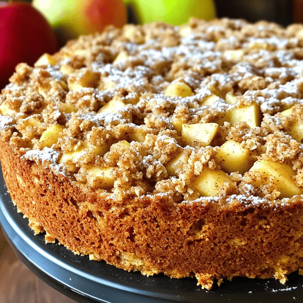 - 2 large apples (Granny Smith or Honeycrisp) - 2 cups all-purpose flour - 1 cup granulated sugar - 1/2 cup unsalted butter - 1 teaspoon ground cinnamon - 1 teaspoon ground nutmeg - 1 teaspoon pure vanilla extract - 1 teaspoon fresh lemon juice - 2 teaspoons baking powder - 1/2 teaspoon baking soda - 1/2 teaspoon salt - 1/2 cup packed brown sugar - 1/2 cup rolled oats - 1 cup buttermilk (or milk with vinegar) The ingredients for this cake are simple but full of flavor. For the apples, I recommend using Granny Smith or Honeycrisp. These apples add a nice tartness that pairs well with the sweet cake. You will need two large apples for this recipe. Next, let's talk about the flour. You will use two cups of all-purpose flour. This gives the cake its structure. The granulated sugar, one cup, will sweeten the cake nicely without being overpowering. You need half a cup of unsalted butter. Softened butter works best for creaming with sugar. Now, spices are key for that cozy flavor. You will need one teaspoon of ground cinnamon and one teaspoon of ground nutmeg. These spices create that warm, inviting taste. Add in one teaspoon of pure vanilla extract and one teaspoon of fresh lemon juice to enhance the flavors even more. For baking, you will need two teaspoons of baking powder to help the cake rise. Add half a teaspoon of baking soda and half a teaspoon of salt. The salt balances the sweetness. You will also use half a cup of packed brown sugar and half a cup of rolled oats for the crumb topping. Lastly, one cup of buttermilk (or milk mixed with vinegar) will keep the cake moist and tender. These ingredients come together to create a delightful treat. Each element plays an important role in making your Cinnamon Apple Crumb Cake both tasty and satisfying. 1. First, preheat your oven to 350°F (175°C). This helps the cake bake evenly. 2. Next, grease a 9x13 inch baking pan with softened butter. This keeps the cake from sticking. 3. In a medium bowl, combine the diced apples with one teaspoon of lemon juice and one teaspoon of ground cinnamon. Toss them well to coat. Set this mixture aside to let the flavors meld. 1. In a large mixing bowl, use an electric mixer. Cream together half a cup of softened butter and one cup of granulated sugar. Beat until fluffy, about 2-3 minutes. 2. Add two large eggs one at a time. Mix well after each egg. Stir in one teaspoon of pure vanilla extract for more flavor. 3. In a separate bowl, whisk together two cups of all-purpose flour, two teaspoons of baking powder, half a teaspoon of baking soda, half a teaspoon of salt, and one teaspoon of ground nutmeg. This ensures all dry ingredients mix well. 4. Gradually add the dry mix to the creamed butter mix, alternating with one cup of buttermilk. Start and end with the flour mix. Mix until just combined. 1. Gently fold in the cinnamon-coated apple mixture. Distribute the apples evenly throughout the batter. Avoid over-mixing. 2. Pour the batter into the prepared pan. Use a spatula to smooth the top for even baking. 3. In a small bowl, prepare the crumb topping. Mix together half a cup of packed brown sugar, half a cup of rolled oats, and a light sprinkle of cinnamon. 4. Evenly sprinkle this crumb mixture over the apple batter. 5. Bake in the preheated oven for 35-40 minutes. Check for doneness by inserting a toothpick into the center. It should come out clean. 6. Allow the cake to cool in the pan for about 10 minutes. Then slice into squares and serve warm. To make a light and fluffy crumb cake, use room temperature ingredients. Cold butter or eggs can lead to dense cake. Let your butter and eggs sit out for about 30 minutes before mixing. This simple step helps create a great texture. When you mix the butter and sugar, beat them well until they look light and airy. This will help trap air, making your cake rise better in the oven. Cinnamon apple crumb cake tastes amazing on its own, but you can make it even better! Serve warm slices with a scoop of vanilla ice cream or a dollop of whipped cream. The creaminess pairs well with the cinnamon and apples. For a nice touch, dust the top with powdered sugar. This adds an elegant look and a bit of sweetness. If your cake is too dry, check your measurements. Too much flour or not enough moisture can cause this. You can add a bit of buttermilk to the batter to help. If the cake is dense, try mixing the batter less. Over-mixing can lead to a heavy cake. To ensure even baking, position your cake in the center of the oven. If you see uneven rising, rotate the pan halfway through baking. This helps the cake bake evenly. {{image_4}} You can boost the flavor of your cake in fun ways. Try adding nuts like pecans or walnuts. They bring a nice crunch and a rich taste. You can also swap apples for different types. For example, Fuji apples are sweet, while Granny Smith brings a tart kick. Each apple type adds its unique flavor, making your cake special every time. If you want a healthier cake, there are great swaps. You can use whole wheat flour instead of all-purpose flour. This change adds fiber and nutrients. For gluten-free options, almond flour works well, giving a nutty flavor. You can also reduce sugar without losing taste. Use applesauce to replace some sugar. It keeps the cake moist and adds sweetness naturally. Get creative by adding other fruits. Pears are a great choice, giving a soft texture. Berries can also be a fun twist, adding color and tang. You can also change the spices for holidays. For example, add nutmeg or ginger for a festive feel. These small changes make your cake perfect for any season or special occasion. To keep your Cinnamon Apple Crumb Cake fresh, store it in an airtight container. If you don't have one, wrap it tightly in plastic wrap. This keeps moisture in and prevents it from drying out. For longer storage, you can freeze the cake. Slice it into pieces and wrap each slice well in plastic wrap, then place them in a freezer bag. This way, you can enjoy a slice anytime! When reheating, the oven is best for keeping the texture. Preheat your oven to 350°F (175°C). Place the cake slices on a baking sheet and heat for about 10-15 minutes. If you're in a hurry, the microwave works too. Heat the slice for about 20-30 seconds. Keep an eye on it to avoid drying out. Adding a drizzle of water can help keep it moist. At room temperature, your cake stays fresh for up to three days. Store it in a cool, dry place. To check for spoilage, look for any signs of mold or an off smell. If it feels too dry or hard, it’s best to toss it. For the best flavor and texture, enjoy it within a few days. Cinnamon Apple Crumb Cake lasts about 3-4 days when stored properly. Keep it in an airtight container at room temperature. If you want it to last longer, refrigerate it. It can stay fresh for a week in the fridge. However, the crumb topping may lose some crunch over time. Yes, you can make this cake in advance. Bake it a day ahead and let it cool completely. Store it in an airtight container at room temperature. When you are ready to serve, you can warm it up in the oven. This will help bring back some of the fresh flavors. I recommend using Granny Smith or Honeycrisp apples. Both add a nice tartness that balances the sweetness of the cake. Granny Smith apples keep their shape well when baked. Honeycrisp apples are juicy and sweet. Feel free to mix different types for more flavor. Yes, you can make this cake gluten-free. Substitute all-purpose flour with a gluten-free blend. Make sure the blend contains xanthan gum for the best texture. This will help achieve that light and fluffy crumb you want in your cake. Yes, you can substitute buttermilk with regular milk. To mimic buttermilk, mix 1 cup of milk with 1 tablespoon of vinegar. Let it sit for a few minutes until it thickens. This will give you the same tangy flavor and help keep the cake moist. This recipe for Cinnamon Apple Crumb Cake combines fresh apples with warm spices. I shared preparation, mixing, and baking steps, making it easy to follow. Tips for the best texture and serving ideas enhance the experience. Variations let you explore flavors and healthier options. Proper storage keeps your leftovers fresh for longer. Enjoy this cake warm with ice cream or on its own. I hope you create a delicious treat that brings comfort to any occasion. Happy baking!