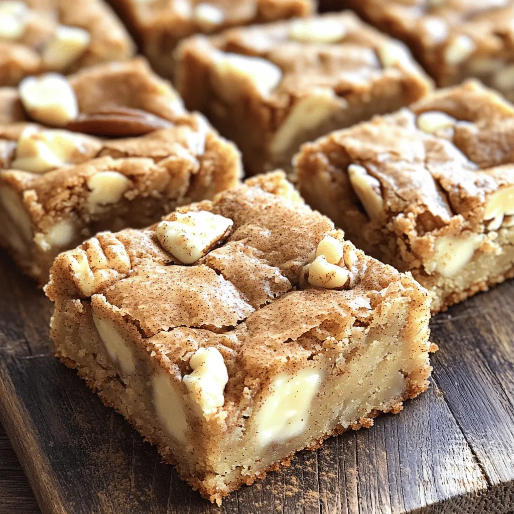 - 1 cup unsalted butter, melted - 2 cups packed brown sugar - 1 tablespoon pure vanilla extract - 2 large eggs, room temperature - 2 cups all-purpose flour - 1 teaspoon baking powder - 1 teaspoon baking soda - 1 teaspoon cream of tartar - ½ teaspoon salt - 1 teaspoon ground cinnamon (plus extra for sprinkling on top) These key ingredients create the rich and chewy base of the blondies. The melted butter adds moisture and flavor, while brown sugar gives them a deep, caramel-like taste. The eggs help bind everything together, ensuring a great texture. - ½ cup white chocolate chips (optional) - ½ cup chopped pecans (optional) If you like a sweeter treat, add white chocolate chips. They melt beautifully and provide a creamy contrast. Chopped pecans add a crunchy texture and nutty flavor. You can also replace the butter with coconut oil for a dairy-free option. - 9x13 inch baking pan - Mixing bowls - Whisk - Spatula - Wire rack You need a baking pan to hold the batter and create those perfect blondies. Mixing bowls help keep your wet and dry ingredients separate. A whisk is key for blending, while a spatula assists in folding in any add-ins. Finally, a wire rack is a must for cooling your freshly baked treats. These ingredients and tools set the stage for a fun baking adventure. Enjoy the process and the sweet rewards! Start by preheating your oven to 350°F (175°C). This will help your blondies bake evenly. Next, grab a 9x13 inch baking pan. You can grease it lightly or line it with parchment paper. This makes it easy to remove the blondies later. In a large bowl, pour in 1 cup of melted unsalted butter. Add 2 cups of packed brown sugar. Whisk them together until smooth. Next, add 1 tablespoon of pure vanilla extract and 2 large eggs. Beat this mixture until it is well combined. In a separate bowl, mix 2 cups of all-purpose flour, 1 teaspoon of baking powder, 1 teaspoon of baking soda, 1 teaspoon of cream of tartar, ½ teaspoon of salt, and 1 teaspoon of ground cinnamon. This ensures all the dry ingredients blend well. Gradually add this dry mixture to the wet ingredients. Use a spatula to mix gently until just combined. Be careful not to overmix. If you want extra flavor, fold in ½ cup of white chocolate chips and ½ cup of chopped pecans. This adds sweetness and crunch to your blondies. Pour the blondie batter into your prepared baking pan. Use a spatula to spread it evenly. Before baking, sprinkle a light dusting of ground cinnamon on top. Bake for about 25-30 minutes. Check if they are done by inserting a toothpick into the center. It should come out clean or with a few moist crumbs. After baking, let the blondies cool in the pan for about 10 minutes. Then, move them to a wire rack to cool completely. Once cool, slice them into squares and enjoy! To get the best texture for your snickerdoodle blondies, follow these steps: - Use room temperature eggs. This helps the batter mix better. - Mix the wet and dry ingredients separately before combining. This avoids lumps. - Don’t overmix the batter. Mix until just combined for a light, fluffy blondie. A light touch keeps the blondies soft and chewy, just like they should be. To keep your blondies fresh, store them properly. - Place them in an airtight container. This keeps moisture in and prevents them from drying out. - You can keep them at room temperature for up to 3 days. For longer storage, refrigerate them for up to a week. - If you want to keep them even longer, freeze the blondies. Wrap each piece in plastic wrap, then place them in a freezer bag. They can last up to 3 months in the freezer. Avoid these common mistakes for perfect blondies: - Using cold eggs. Cold eggs can lead to uneven mixing. - Overbaking the blondies. Check them at 25 minutes. They should be soft in the middle. - Forgetting to sprinkle cinnamon on top. This adds a nice flavor boost. By steering clear of these pitfalls, your blondies will turn out delicious every time. {{image_4}} You can add more flavor to your snickerdoodle blondies. Try extra spices like nutmeg or ginger. A splash of almond or maple extract can also create a unique taste. These small tweaks can make a big difference! Mix-ins can change the whole experience. White chocolate chips are a great choice. You can also use dark chocolate chips for a richer flavor. Nuts like pecans or walnuts add crunch. Dried fruit can give a chewy contrast. Choose what you love! You can make these blondies gluten-free easily. Just use gluten-free flour instead of all-purpose flour. For a vegan option, replace the eggs with flax eggs. Use coconut oil instead of butter. These swaps keep the blondies tasty and enjoyable for everyone! One serving of classic snickerdoodle blondies has around 200 calories. Each blondie provides a great mix of carbs and fats. Here are some key nutrients: - Total Fat: 10g - Saturated Fat: 6g - Cholesterol: 40mg - Sodium: 100mg - Total Carbohydrates: 28g - Dietary Fiber: 1g - Sugars: 15g - Protein: 2g These blondies give you energy and taste great! You can swap some ingredients for healthier choices. Here are a few ideas: - Use coconut oil instead of butter. - Choose coconut sugar instead of brown sugar. - Try whole wheat flour for more fiber. - Add oats to increase nutrients and flavor. These changes can help make your blondies a bit healthier, without losing taste. These blondies are great for sharing. Cutting them into smaller squares helps with portion control. Here are some fun serving ideas: - Serve with a scoop of vanilla ice cream. - Dust with powdered sugar for a pretty look. - Add fresh fruit like berries for a bright touch. These tips will make your snickerdoodle blondies even more enjoyable! Blondies and brownies are both chewy treats. The main difference lies in their flavors and colors. Brownies are rich, dark, and made with cocoa or chocolate. Blondies, on the other hand, use brown sugar and butter, giving them a lighter color and sweeter taste. They often have a vanilla flavor, while brownies taste of chocolate. Both are delicious but offer different experiences. Yes, you can freeze snickerdoodle blondies! First, let them cool completely. Cut them into squares and wrap each piece in plastic wrap. Then, place them in a freezer bag or airtight container. They can last up to three months in the freezer. When you're ready to enjoy, just thaw them at room temperature. To check if your blondies are done, insert a toothpick into the center. If it comes out clean or with a few moist crumbs, they are ready. The edges should look set and slightly golden. Avoid overbaking, as this can make them dry. Remember, they will firm up as they cool. You now have all the tools to make classic snickerdoodle blondies. We covered key ingredients, step-by-step baking, and tips for the best results. Experiment with flavors and mix-ins to make them your own. Keep in mind the nutritional info and storage tips to enjoy them longer. Remember, practice makes perfect, so don’t fret if they’re not ideal at first. With these guidelines, you’ll impress your family and friends. Happy baking!