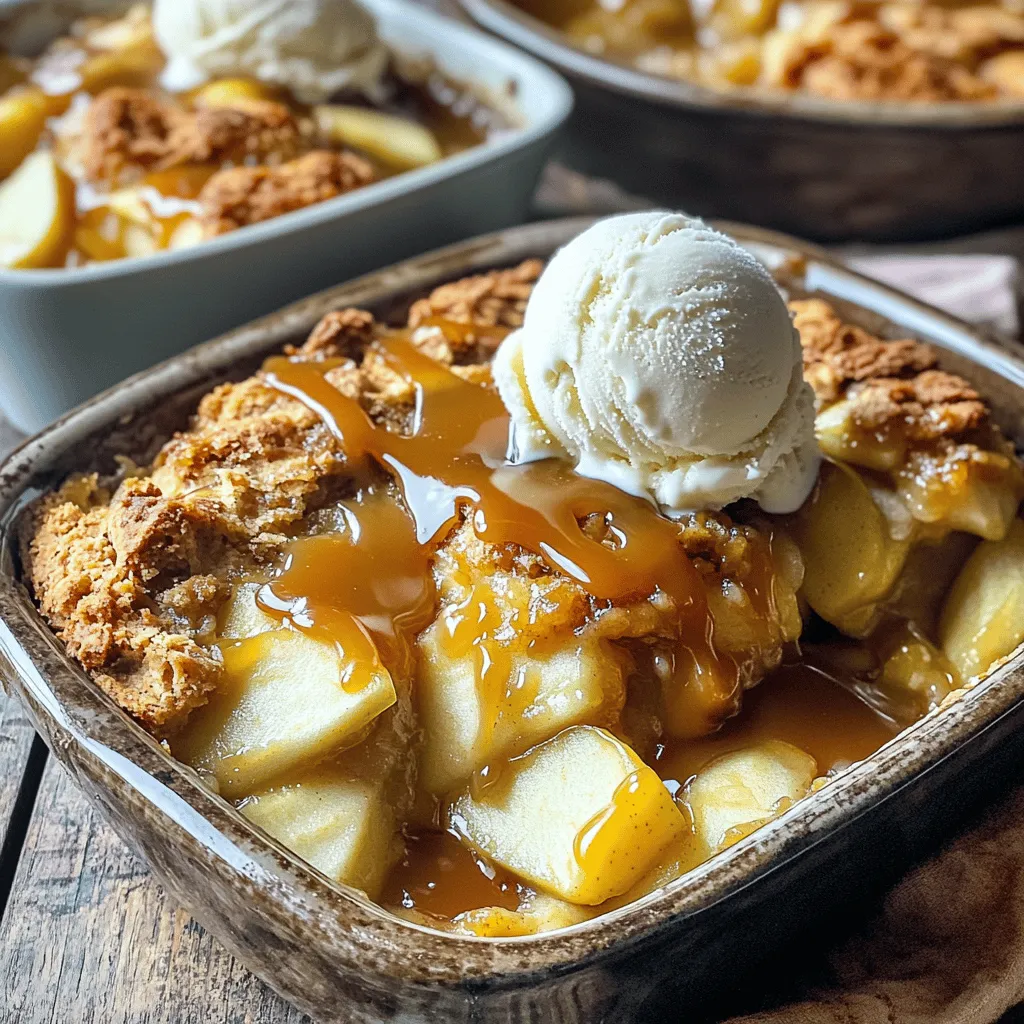 - 6 medium apples (preferably Granny Smith or Honeycrisp), peeled, cored, and sliced - 1 cup packed brown sugar - 1/2 cup unsalted butter, melted - 1 teaspoon ground cinnamon - 1/4 teaspoon ground nutmeg - 1 tablespoon freshly squeezed lemon juice - 1 cup all-purpose flour - 1 cup rolled oats - 1/2 cup granulated sugar - 1 teaspoon baking powder - 1/2 teaspoon salt - 1/2 cup whole milk - 1 teaspoon pure vanilla extract - 1 cup caramel sauce (store-bought or homemade; for a richer flavor, consider using sea salt caramel) - Optional: vanilla ice cream for serving This list is simple yet powerful. You need apples for the main flavor. I love Granny Smith or Honeycrisp for their tartness. The brown sugar adds a rich sweetness that blends well with the apples. Use unsalted butter to control the saltiness. Ground cinnamon and nutmeg give warmth and spice. Lemon juice brightens the flavor. All-purpose flour and oats form the base of the cobbler. The granulated sugar adds a touch of extra sweetness. Baking powder helps the batter rise, while salt enhances all the flavors. Milk and vanilla extract keep the batter moist and tasty. Finally, caramel sauce adds a sweet and sticky finish. If you want, add a scoop of vanilla ice cream for a creamy touch. These ingredients come together for a comforting dish that feels like a warm hug. Enjoy cooking! - Oven Temperature: Set your oven to 350°F (175°C). This heat helps cook the apples well. - Prepare Baking Dish: Grease a 9x13 inch baking dish. This keeps the cobbler from sticking. - Apple Mixture Preparation: In a bowl, mix sliced apples with 1/2 cup brown sugar, melted butter, cinnamon, nutmeg, and lemon juice. Toss until the apples are coated. Spread this mixture evenly in the baking dish. - Mixing Flour and Oats: In another bowl, whisk together flour and oats. This gives the cobbler a nice texture. - Adding Sugars and Baking Powder: Add the remaining brown sugar, granulated sugar, baking powder, and salt. Mix well to combine all ingredients. - Incorporating Milk and Vanilla: Pour in the milk and add vanilla extract. These add moisture and flavor to your batter. - Mixing Techniques: Stir gently until just combined. Avoid over-mixing to keep the batter thick. - Layering the Apple Mixture: Pour the thick batter over the apple layer. Leave small gaps so apples peek through. - Adding the Batter: Use a spoon to dollop the batter evenly across the apples. - Drizzling Caramel: Drizzle caramel sauce over the batter. This adds sweetness and a rich flavor. - Cooking Time and Temperature: Bake for 35-40 minutes at 350°F (175°C). - Signs of Doneness: The top should be golden brown, and the apples should bubble. - Choosing the Right Apples For the best flavor, use Granny Smith or Honeycrisp apples. Their tartness balances the sweetness of the caramel. When picking apples, look for firm and fresh ones. This ensures your cobbler stays juicy and flavorful. - Tips for a Balanced Flavor Mix cinnamon and nutmeg for a warm taste. The lemon juice adds brightness to the apples. Remember to adjust sugar based on your apple's sweetness. This helps keep the cobbler from being too sweet. - Best Accompaniments Serve this cobbler warm with a scoop of vanilla ice cream. The cold ice cream melts slightly, creating a creamy texture. Drizzle with extra caramel sauce for added sweetness. You can also pair it with whipped cream for a lighter touch. - Presentation Ideas Use individual bowls for a nice touch. Add caramel sauce on top for a glossy finish. Sprinkle a dash of cinnamon for a pop of color. This makes the cobbler look as good as it tastes. - Overmixing the Batter Be gentle when mixing the batter. Overmixing can make it dense and tough. Stir until just combined for a light, fluffy texture. - Not Cooling Properly Let the cobbler cool for a few minutes before serving. This helps the flavors settle and makes it easier to serve. Warm cobbler is delicious, but too hot can burn your mouth! {{image_4}} Substitute Ingredients To make this cobbler gluten-free, you can use gluten-free all-purpose flour. Look for a blend that contains xanthan gum for the best results. This will keep the texture similar to traditional flour. Texture Adjustments You may find that gluten-free flour can absorb more liquid. To fix this, add a little extra milk to your batter. Start with 1-2 tablespoons, mixing it in until you get the right consistency. Replacing Dairy Ingredients For a vegan version, swap out the butter for coconut oil or vegan butter. Replace the whole milk with almond milk or oat milk to maintain creaminess. You can also use a flax egg if you need an egg substitute. Ensuring Flavor Retention Use full-flavored caramel sauce, preferably dairy-free. This will keep the sweetness and rich taste intact. You can find many delicious vegan caramel sauces at stores or make your own with coconut cream. Adding Nuts or Spices Consider adding chopped nuts like pecans or walnuts for extra crunch. You can also play with spices. A pinch of ginger or cardamom can elevate the flavor profile, giving it a warm twist. Creative Toppings Get creative with toppings! Try crumbled granola for a crunchy layer or shredded coconut for a tropical touch. A sprinkle of sea salt on the caramel adds a nice contrast to the sweetness. To keep your cobbler fresh, refrigerate it. Place it in an airtight container. This helps keep it moist. You can also cover it with plastic wrap. It stays good in the fridge for about 3 to 4 days. You can freeze leftover cobbler for later. First, let it cool completely. Then, cut it into portions. Wrap each slice in plastic wrap. Place the wrapped slices in a freezer bag. Remove as much air as possible. This keeps it fresh for about 3 months. To thaw, move the cobbler to the fridge overnight. If you're in a hurry, you can use the microwave. Just heat it on low power until warm. To enjoy warm cobbler, use the oven. Preheat it to 350°F (175°C). Place the cobbler in a baking dish. Cover it with foil to avoid drying out. Heat for about 15-20 minutes. If you want to reheat in the microwave, use a low setting. Heat it in short bursts to keep it soft. Avoid sogginess by not adding extra moisture. Enjoy it warm with ice cream for a treat! You know your cobbler is done when the top turns golden brown. The apples should bubble in the dish. Use a toothpick to check the batter; it should come out clean. If it is still wet, bake for a few more minutes. Yes, you can use pre-made pie crust. Just press it over the apples instead of making a batter. This gives a nice and flaky texture. The taste will change a bit but will still be delicious. I recommend using Granny Smith or Honeycrisp apples. They hold their shape well while baking. These apples give a nice balance of sweet and tart flavors. You can mix different kinds for more depth. You can store the cobbler in the fridge for up to three days. Make sure to cover it well to keep it fresh. If you want to keep it longer, consider freezing it for up to three months. Yes, you can prepare the apple mixture a day ahead. Just keep it in the fridge. For the batter, mix it right before baking. This keeps everything fresh and tasty. Making caramel apple cobbler is fun and simple. We covered the key ingredients, like apples, sugar, and baking essentials. You learned how to prepare the dish and mix the batter step by step. I shared tips for the perfect cobbler, serving ideas, and common mistakes to avoid. We explored gluten-free and vegan variations too. In the end, enjoy this warm treat with your favorite toppings. Happy baking!