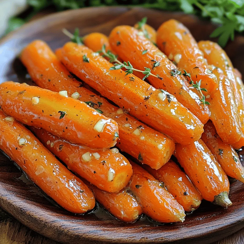 To make honey garlic butter roasted carrots, you will need the following ingredients: - 1 lb (450g) baby carrots, peeled - 3 tablespoons unsalted butter, melted - 3 tablespoons honey - 3 cloves garlic, minced - 1 teaspoon fresh thyme leaves (or ½ teaspoon dried thyme) - Salt and pepper to taste - Fresh parsley, chopped for garnish (optional) Each ingredient plays a key role in the dish. The baby carrots are sweet and tender, perfect for roasting. Unsalted butter adds richness, while honey brings natural sweetness. Garlic gives depth, and thyme adds a hint of earthiness. Salt and pepper enhance all the flavors, making every bite delightful. If you want a fresh touch, chopped parsley makes a nice garnish. This simple list allows anyone to create a dish that is both beautiful and tasty. Preheat your oven to 425°F (220°C). This high heat is perfect for roasting. Preheating ensures your carrots cook evenly. It helps them get that nice, caramelized look and taste. In a large bowl, mix together melted butter, honey, and minced garlic. Add fresh thyme and a pinch of salt and pepper. Whisk all the ingredients until smooth. Aim for a thick, creamy texture that easily coats the carrots. Take your peeled baby carrots and add them to the bowl. Gently toss the carrots to coat them well. Make sure each carrot gets a good amount of the honey garlic butter. This step is key for flavor. Line a baking sheet with parchment paper to prevent sticking. Spread the coated carrots in a single layer. Do not crowd them, as this can cause steaming instead of roasting. Bake for 20-25 minutes. Stir the carrots halfway through for even cooking and browning. After roasting, check if the carrots are tender. Taste one to see if it needs more salt or pepper. If needed, adjust the seasoning. Finally, transfer the carrots to a serving dish. For an extra touch, sprinkle with chopped parsley for color and flavor. To achieve the best flavor and texture in your honey garlic butter roasted carrots, follow these tips: - Caramelization: Caramelization happens when sugar in the carrots cooks. To get this, roast them at a high temperature. Make sure your oven is preheated to 425°F (220°C). This heat helps the outside of the carrots get that nice golden color. - Avoid Overcrowding: Spread the carrots out on the baking sheet. If you crowd them, they will steam instead of roast. This keeps them crisp and allows them to caramelize. Use two sheets if needed. You can easily modify this recipe based on your needs: - Alternative Ingredients: If you want a vegan option, replace the butter with coconut oil. You can also use maple syrup instead of honey for a vegan sweetener. - Herbs and Spices: Fresh herbs add great flavor. Try adding rosemary or dill for a different taste. A pinch of cumin or smoked paprika can give a unique twist, too. These roasted carrots pair wonderfully with many dishes: - Side Dish Pairings: Serve them alongside grilled chicken, beef, or fish. They also work well with a hearty grain dish like quinoa or rice. - Plating Tips: For a beautiful presentation, arrange the carrots in a circular pattern on the plate. Drizzle some of the honey garlic butter from the baking sheet over them for added shine and flavor. A sprinkle of fresh parsley on top will make the dish pop with color. {{image_4}} You can switch honey for other sweeteners. Maple syrup or agave work well. Each gives a unique taste. Maple syrup adds a deep, earthy flavor. Agave offers a milder sweetness. Both options keep the dish delicious and sticky. Try them out to find your favorite! You can also use an air fryer for this recipe. Set the air fryer to 375°F (190°C). Toss the carrots in the honey garlic mixture. Place them in the air fryer basket and cook for about 15-20 minutes. Shake the basket halfway through for even cooking. The air fryer gives a crispy outside and tender inside. You might prefer this method for quicker cooking! You can mix in other veggies for a fun twist. Parsnips add a sweet, nutty flavor. Bell peppers bring a pop of color and crunch. Adjust cooking time for different vegetables. For parsnips, cut them to the same size as carrots. They will cook well together. Bell peppers need less time, so add them halfway through roasting. Experiment and create your perfect blend! To keep your honey garlic butter roasted carrots fresh, follow these tips: - Refrigeration: Place the leftovers in the fridge right away. They stay safe for about 3 to 5 days. - Container Types: Use an airtight container to prevent moisture loss. Glass or plastic containers with tight lids work well. When it's time to enjoy your carrots again, use these methods: - Oven: Preheat your oven to 350°F (175°C). Spread the carrots on a baking sheet and heat for about 10-15 minutes. This keeps them crispy and tasty. - Microwave: If you're in a hurry, place the carrots in a microwave-safe dish. Heat in short bursts of 30 seconds until warm. This method is quick but may make them a bit soft. You can freeze leftover roasted carrots for later use: - Freezing Tips: Let the carrots cool completely before freezing. Place them in a single layer on a baking sheet first. Once frozen, transfer them to a freezer bag or container. This prevents clumping. - Thawing Methods: To enjoy the carrots again, thaw them in the fridge overnight. For quicker options, you can microwave them directly from frozen, but they may lose some texture. Yes, you can use regular carrots. Just cut them into smaller pieces. Keep in mind that regular carrots take longer to cook. You should roast them for about 30-35 minutes. Check their doneness by poking them with a fork. They should be soft but not mushy. To make this dish vegan, swap the butter for plant-based butter. You can also use maple syrup instead of honey. This keeps the sweet flavor while making it plant-based. The taste will still be great, and you can enjoy this dish without using animal products. These carrots pair well with many dishes. Try serving them with grilled chicken or fish. They also go nicely with quinoa or a fresh salad. For a complete meal, add some rice and a protein of your choice. This mix will make your dinner colorful and tasty. Leftovers last about 3-5 days in the fridge. Store them in an airtight container to keep them fresh. If you notice any strange smells or colors, it’s best to throw them out. Reheat them in the oven or microwave before serving again. You learned how to make honey garlic butter roasted carrots. We covered key ingredients, like fresh thyme and garlic. I guided you through roasting steps and offered tips for perfect results. Remember to check for doneness and adjust flavors as needed. Feel free to get creative with variations, like using different sweeteners or adding other veggies. Proper storage helps keep leftovers fresh, so you can enjoy them later. Roasted carrots can be a fantastic side dish for many meals. Enjoy your cooking adventure!