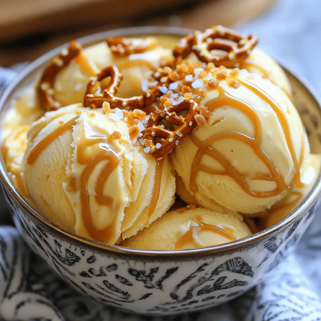 To make this tasty ice cream, gather these key items: - 2 cups heavy cream - 1 cup sweetened condensed milk - 1 cup crushed pretzels - 1 cup salted caramel sauce (store-bought or homemade) - 1 teaspoon vanilla extract - Flaky sea salt for garnish These ingredients blend to create a creamy, sweet, and salty treat. The heavy cream provides fluffiness. The sweetened condensed milk adds richness. Crushed pretzels give a fun crunch, while salted caramel sauce brings all the flavors together. Feel free to add some personal touches! Here are a few ideas: - Chopped nuts for extra crunch - Chocolate chips for a sweet contrast - A dash of coffee for a mocha twist These options let you play with flavors and textures. Experimenting can lead to your perfect version of this ice cream. If you need to swap any ingredients, here are some suggestions: - Use coconut cream instead of heavy cream for a lighter option. - Maple syrup can replace sweetened condensed milk if needed. - For a gluten-free version, choose gluten-free pretzels. These swaps keep the recipe simple while still delivering great taste. You can make this ice cream work for your needs, so don’t hesitate to improvise! Start by grabbing a big mixing bowl. Pour in the heavy cream. Use an electric mixer to whip the cream on medium speed. Whip it for about 3 to 5 minutes. Stop when you see soft peaks form. This means your cream is ready. Don't whip too much, or it will become butter! In a separate bowl, mix the sweetened condensed milk and vanilla extract. Add half of the salted caramel sauce in this bowl. Stir these together until smooth. This mixture will be the base of your ice cream. It should feel creamy and rich. Next, gently fold the whipped cream into the caramel mixture. Use a spatula for this part. Be careful to keep the whipped cream light and fluffy. After combining, it's time to add the crushed pretzels. Fold them in slowly. Make sure they are evenly mixed in for crunch in every bite. Now, drizzle in the rest of the salted caramel sauce. Swirl it through the mixture for a nice marbled look. Transfer your ice cream mix into a freezer-safe container. Use a spatula to smooth the top. Seal it tightly with a lid or plastic wrap. Place the container in the freezer. Let it freeze for at least 6 hours. This will help the ice cream become firm. Before serving, sprinkle flaky sea salt on top for that sweet and salty finish. Whipping cream is key for this ice cream. Start with cold heavy cream. Use a clean bowl and beaters. Whip on medium speed until soft peaks form. This takes about 3-5 minutes. Watch closely; over-whipping will make it grainy. Soft peaks should gently hold their shape. To boost flavor, use high-quality caramel sauce. You can make your own too! Mix the caramel with sweetened condensed milk and vanilla extract. This blend adds rich depth. Swirl in extra caramel for a marbled effect. Don't skip the flaky sea salt. It adds the perfect sweet and salty balance. For a fun twist, serve scoops in waffle cones. Drizzle extra caramel on top for flair. Place whole pretzels on the ice cream for crunch. Use colorful bowls to make it pop. A sprinkle of flaky sea salt gives a nice finish. Enjoy the texture and flavors together! {{image_4}} You can play with flavors in this ice cream. Swap the salted caramel for chocolate sauce. This gives a rich twist that pairs well with pretzels. You can also try peanut butter for a nutty taste. Just mix it in the base for a creamy blend. Mix-ins add fun textures to your ice cream. Try adding mini chocolate chips for a sweet crunch. Chopped nuts, like pecans or almonds, also work well. You can even toss in bite-sized caramel candies. Just fold these in with the pretzels for even distribution. To make this ice cream dairy-free, swap heavy cream for coconut cream. Use a plant-based condensed milk to keep it creamy. Look for a dairy-free caramel sauce or make your own. This way, everyone can enjoy this tasty treat! To store your no-churn salted caramel pretzel ice cream, use a freezer-safe container. Smooth the top with a spatula for a flat surface. Then, seal it tightly with a lid or plastic wrap. This step keeps the ice cream fresh and prevents freezer burn. Make sure your freezer is set to 0°F (-18°C) or colder. Place the container in the back of the freezer, away from the door. This area stays the coldest. Avoid opening the freezer too often. Each time you open it, warm air enters, which can affect the ice cream's texture. Your ice cream can last up to two weeks in the freezer if stored properly. After that, it may start to lose flavor and texture. Signs of spoilage include ice crystals forming on the surface or a grainy texture. If it smells off or has an unusual taste, it’s best to discard it. Yes, you can! This recipe is designed for no-churn ice cream. You only need a mixing bowl and a freezer-safe container. Just whip the cream, mix the other ingredients, and freeze. It’s that simple! The ice cream needs to freeze for at least 6 hours. I often leave it overnight to ensure it’s really firm. Check it after 6 hours. If it feels hard, it’s ready to serve! If you don’t have pretzels, you can use crushed cookies or nuts. Consider using graham crackers for sweetness or almonds for a crunch. Just make sure whatever you use can add texture to the ice cream. Making homemade salted caramel sauce is easy! You need sugar, butter, cream, and sea salt. Start by melting sugar over low heat until it turns golden. Then add butter and stir. Slowly pour in cream while mixing. Finally, add the sea salt to taste. Let it cool, and you’re all set! This blog post covers everything you need for no-churn salted caramel pretzel ice cream. We explored essential and optional ingredients, plus tips for great texture and flavor. You can even make tasty variations like dairy-free options. Remember, make it your own by customizing flavors and mix-ins. Enjoy fun presentations and store it well for long-lasting treats. I hope you’re excited to create this easy and delicious dessert!