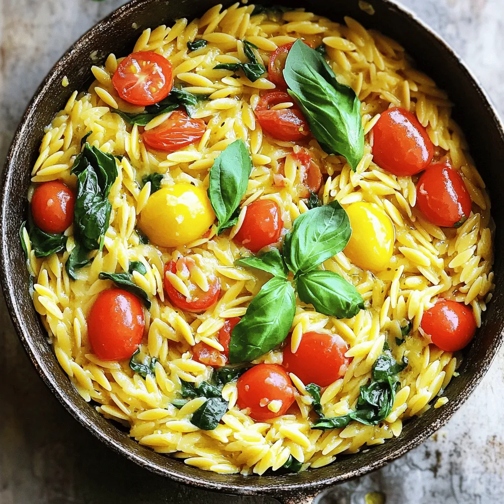 - 1 cup orzo pasta - 3 tablespoons extra virgin olive oil - 4 cloves garlic, finely minced - 1 small onion, diced - 2 cups vegetable broth - 1 cup cherry tomatoes, halved - 1 cup fresh spinach, roughly chopped - Juice and zest of 1 large lemon - Salt and freshly ground black pepper, to taste - 1/4 cup freshly grated Parmesan cheese (optional) - Fresh basil leaves - Other herb alternatives To create the best One-Pot Lemon Garlic Orzo, I focus on fresh and simple ingredients. The main ingredients form the base of this dish. First, I use orzo pasta, which cooks quickly and absorbs flavors well. Extra virgin olive oil adds richness and depth. Minced garlic and diced onion give a strong flavor that I love. The additional ingredients include cherry tomatoes. They add sweetness and color. Fresh spinach brightens the dish and adds nutrients. I always use fresh lemon juice and zest for a zesty kick. Salt and pepper round out the taste. If I want creaminess, I add Parmesan cheese. For garnishing, fresh basil leaves add an aromatic touch. You can also use other herbs like parsley or thyme. This combination of fresh, vibrant ingredients ensures a tasty meal that is easy to make. - Heat olive oil in skillet over medium heat. - Sauté onion until translucent, about 3-4 minutes. - Add garlic and sauté until fragrant, about 1 minute. To start, I heat the extra virgin olive oil in a large skillet. When the oil shimmers, I know it's ready. I add diced onion next. I keep stirring until the onion turns soft and clear. This step takes just a few minutes. Then, I toss in the minced garlic. I watch it closely because it can burn quickly. The smell is amazing when it’s done! - Toast orzo pasta in skillet for about 2 minutes. - Pour in vegetable broth and bring to a boil. - Reduce heat and simmer covered for 10 minutes. Next, I add orzo to the skillet. I stir it for about 2 minutes to toast it lightly. This adds a nice, nutty flavor. After that, I pour in vegetable broth. I turn up the heat until it boils. Once it bubbles, I lower the heat. I cover the pot and let it simmer for about 10 minutes. Stir it occasionally to keep it from sticking to the bottom. - Add tomatoes and spinach, cover, and cook for 3-5 minutes. - Stir in lemon juice, zest, salt, and pepper. - Mix in Parmesan cheese if desired. After 10 minutes, I add halved cherry tomatoes and chopped spinach. I cover the pot again and let it cook for 3-5 minutes. The tomatoes soften and the orzo finishes cooking. Then, I take it off the heat. I stir in fresh lemon juice and zest. I also add salt and black pepper to taste. If I want it creamier, I mix in Parmesan cheese. Finally, I serve it warm, garnished with fresh basil leaves. - Preventing orzo from sticking: Stir the orzo while it cooks. This keeps it from clumping. If you notice it sticking, add a splash of broth or olive oil to loosen it up. - Ensuring proper doneness of orzo: Taste the orzo at the 10-minute mark. It should be firm yet tender. If it needs more time, let it simmer for a few extra minutes. Just keep an eye on it to avoid overcooking. - Suggestions for adding extra flavor: Fresh herbs like parsley or basil can add a nice touch. You can also sprinkle in some red pepper flakes for a hint of spice. - Adjusting acidity with lemon: The juice and zest of the lemon brighten the dish. If you want it tangier, add more lemon juice. Start with a little, then taste and adjust as needed. - Best pairings for One-Pot Lemon Garlic Orzo: This orzo goes well with grilled chicken or shrimp. A fresh salad can balance the meal nicely. - Storing and reheating leftovers: Keep leftovers in an airtight container in the fridge for up to three days. To reheat, add a splash of broth and warm it on the stove. This keeps the orzo moist and tasty. {{image_4}} You can change the orzo to fit your needs. Try using gluten-free pasta made from brown rice or chickpeas. It tastes great and stays true to the dish. Don’t be afraid to mix in different vegetables, too. Bell peppers add a sweet crunch, while zucchini brings a mild flavor. Toss in whatever you have on hand for a twist. If you want to add protein, chicken or shrimp works well. Cook them in the skillet before the onion for a nice flavor boost. You can also keep it plant-based. Chickpeas or lentils are great vegetarian options. They add protein and make the dish more filling. For a vegan version, skip the cheese. Use nutritional yeast for a cheesy taste without dairy. If you're watching carbs, consider using cauliflower rice instead of orzo. This swap keeps the dish light and still flavorful. Enjoy the freedom to make One-Pot Lemon Garlic Orzo your own! To store leftovers, let the orzo cool to room temperature. Then, place it in an airtight container. This helps keep it fresh and tasty. You can store it in the fridge for up to three days. After that, the flavor may fade and the texture may change. You can freeze the orzo for later use. To do this, let it cool completely. Then, transfer it to a freezer-safe bag. Be sure to remove as much air as possible before sealing. It can last up to three months in the freezer. When you're ready to use it, thaw the orzo in the fridge overnight. Reheat your One-Pot Lemon Garlic Orzo gently. The best method is to warm it on the stove. Add a splash of broth or water to keep it moist. You can also use the microwave, but stir it every 30 seconds. This helps prevent hot spots. Avoid high heat as it can change the texture. The goal is to enjoy its creamy goodness just like when you first made it. This dish takes about 25 minutes to make. You will spend 10 minutes prepping. Cooking will take around 15 minutes. It is quick and easy for busy days. Yes, you can use other pasta shapes. If you do not have orzo, try small shells or ditalini. Make sure to adjust the cooking time based on the pasta type. Definitely! This dish stores well in the fridge. You can make it ahead of time for easy meals. It stays tasty for up to four days when stored properly. You can serve this orzo with many sides. Try a simple salad or garlic bread. Grilled chicken or fish also pairs well and adds protein. Yes! To make it vegan, simply skip the cheese. Use vegetable broth and add more veggies for flavor. This way, you keep all the taste without any animal products. In this blog post, we covered the basic ingredients, cooking steps, and tasty tips for One-Pot Lemon Garlic Orzo. You learned how to prepare a simple yet delicious meal that can fit various diets. I shared ways to personalize your dish with veggies and proteins. This recipe is perfect for busy days or meal prep. Keep these ideas in mind as you make this dish your own. Enjoy your cooking and the tasty results!