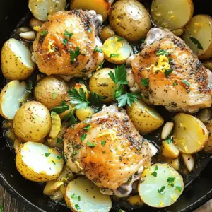 - 4 bone-in, skin-on chicken thighs - 1 pound baby potatoes, halved - 1 large lemon, zested and juiced - 4 cloves garlic, finely minced - 2 tablespoons extra virgin olive oil - 1 teaspoon dried oregano - 1 teaspoon dried thyme - Salt and freshly ground black pepper, to taste - Fresh parsley, finely chopped (for garnish) For chicken thighs, you can use bone-in or boneless. Bone-in gives more flavor. For potatoes, you can swap baby potatoes with Yukon Gold or red potatoes. If you want a citrus kick, try lime juice instead of lemon juice. Olive oil can be replaced with avocado oil for a different taste. If you lack fresh garlic, use garlic powder; just adjust the amount to avoid overpowering the dish. I love using bone-in, skin-on chicken thighs for this dish. They stay juicy during cooking, and the skin crisps up nicely. If you prefer a leaner option, skinless chicken breasts work too. For potatoes, baby potatoes are perfect. They cook evenly and are easy to handle. However, larger potatoes can be diced into smaller pieces if needed. The key is to ensure even cooking for both chicken and potatoes. To start, preheat your oven to 400°F (200°C). This heat helps cook the chicken evenly. Grab a big mixing bowl and add the lemon zest and juice. Next, add the minced garlic, olive oil, dried oregano, and dried thyme. Don’t forget to sprinkle in salt and pepper to taste. Whisk this mix until it looks smooth and blended. Now, add the chicken thighs to the bowl. Make sure they are fully covered in the marinade. Gently toss the chicken so every piece gets the flavor. Let the chicken sit for about 15 minutes. This wait time allows the chicken to soak in the zesty goodness. While the chicken marinates, it’s time to focus on the potatoes. Take your baby potatoes and cut them in half. Place them in a large, oven-safe skillet. Drizzle a little olive oil over them and season with salt and pepper. Toss the potatoes well so they all get coated in the oil and seasoning. This step makes sure the potatoes roast nicely and soak up all the flavors during baking. Once the chicken is ready and the potatoes are prepped, it’s time to combine them. Place the marinated chicken thighs on top of the potatoes in the skillet. Pour any leftover marinade over both the chicken and potatoes. This adds extra flavor. Now, carefully move the skillet into the preheated oven. Bake everything for 35 to 40 minutes. To check for doneness, the chicken should reach an internal temperature of 165°F (74°C). The potatoes should be soft enough to poke with a fork. For a crispy skin on the chicken, switch your oven to broil for the last 2 to 3 minutes. Keep an eye on it to prevent burning. Once done, take the skillet out and let it rest for a few minutes. Before serving, sprinkle fresh parsley on top for color and a fresh taste. To make your chicken burst with flavor, marinate it well. Use fresh lemon juice and zest for a bright taste. Mix minced garlic, olive oil, oregano, and thyme into the marinade. Coat the chicken thoroughly. Let it sit for at least 15 minutes. For a stronger flavor, marinate for up to two hours. Always keep it in the fridge while marinating. This helps the chicken soak in all the tasty herbs and lemon. For crispy skin, start with bone-in, skin-on chicken thighs. The skin holds moisture and flavor. As the chicken cooks, the fat under the skin helps it crisp up. Set your oven to broil for the last few minutes. Watch closely to prevent burning. This gives you that golden, crunchy skin without drying out the meat. Cook your chicken at 400°F (200°C) for 35 to 40 minutes. Check the internal temperature; it should reach 165°F (74°C). This ensures the chicken is safe to eat and juicy. The potatoes should be fork-tender by the end. If they need a bit more time, leave them in while the chicken rests. This way, everything is perfectly cooked and ready to enjoy together. {{image_4}} You can swap chicken for other proteins. Try bone-in pork chops or lamb chops. These options bring unique flavors. For a lighter choice, use skinless chicken breast. You can also use turkey thighs for a twist. Adding veggies makes this dish more colorful and healthy. Carrots, bell peppers, or zucchini work well. Chop them into small pieces and mix with the potatoes. You can also toss in green beans for extra crunch. Change up the herbs to create new tastes. Instead of oregano and thyme, try rosemary or dill. Each herb adds its own special flavor. You can even use fresh herbs for a brighter taste. A splash of balsamic vinegar can also enhance the dish’s depth. After enjoying your One-Pan Lemon Herb Chicken & Potatoes, store any leftovers promptly. Place the chicken and potatoes in an airtight container. This helps keep the dish fresh. Make sure it cools down first before sealing. Store in the fridge for up to three days. This way, you can enjoy the flavors again soon. To reheat your leftovers, preheat your oven to 350°F (175°C). Place the chicken and potatoes on a baking sheet. Cover them with foil to keep them moist. Heat for about 15-20 minutes until everything is warm. You can also use a microwave. Just heat in short bursts, stirring often to avoid hot spots. If you want to save some for later, freezing is easy. Make sure your chicken and potatoes are fully cooled first. Then, pack them in freezer-safe bags or containers. Remove as much air as possible. You can freeze them for up to three months. When you’re ready to eat, thaw in the fridge overnight. Reheat as mentioned above for a quick meal. Yes, you can use boneless chicken thighs. They will cook faster than bone-in thighs. Adjust the baking time to about 25-30 minutes. Make sure the chicken is still marinated well. This will keep it juicy and flavorful. Check the internal temperature of the chicken. It should reach 165°F (74°C) for safe eating. You can use a meat thermometer for this. Another way is to cut into the thickest part. The juices should run clear, not pink. This dish pairs well with simple sides. Consider a fresh green salad or steamed vegetables. Rice or quinoa are also great options. Feel free to add some crusty bread to soak up the sauce. These sides complement the lemon and herbs nicely. This post covered key steps for making a great chicken and potato dish. We discussed the right ingredients, their measurements, and some handy substitutes. I shared tips for marination and achieving crispy chicken skin. We also explored tasty variations and how to store leftovers properly. With these insights, you can create a meal your family will love. Enjoy cooking, and let these recipes inspire your culinary journey!