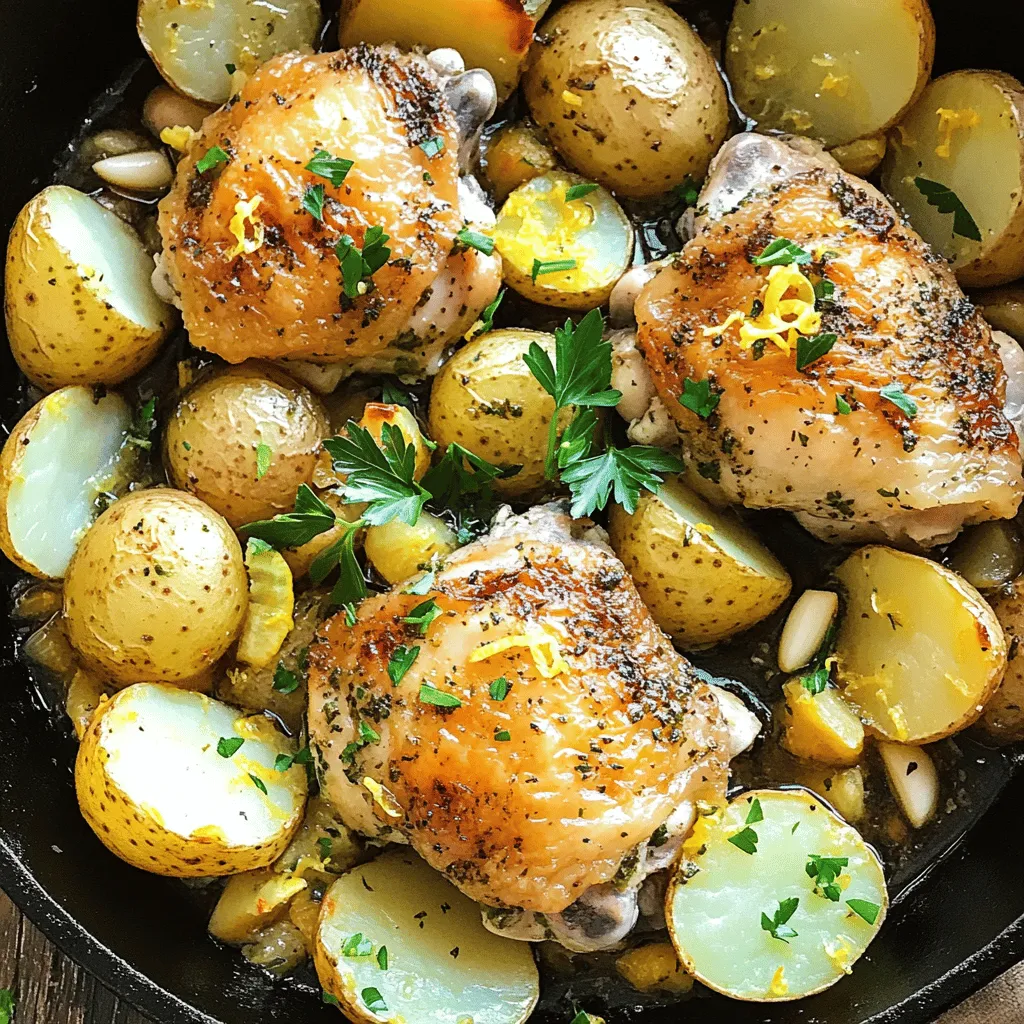 - 4 bone-in, skin-on chicken thighs - 1 pound baby potatoes, halved - 1 large lemon, zested and juiced - 4 cloves garlic, finely minced - 2 tablespoons extra virgin olive oil - 1 teaspoon dried oregano - 1 teaspoon dried thyme - Salt and freshly ground black pepper, to taste - Fresh parsley, finely chopped (for garnish) For chicken thighs, you can use bone-in or boneless. Bone-in gives more flavor. For potatoes, you can swap baby potatoes with Yukon Gold or red potatoes. If you want a citrus kick, try lime juice instead of lemon juice. Olive oil can be replaced with avocado oil for a different taste. If you lack fresh garlic, use garlic powder; just adjust the amount to avoid overpowering the dish. I love using bone-in, skin-on chicken thighs for this dish. They stay juicy during cooking, and the skin crisps up nicely. If you prefer a leaner option, skinless chicken breasts work too. For potatoes, baby potatoes are perfect. They cook evenly and are easy to handle. However, larger potatoes can be diced into smaller pieces if needed. The key is to ensure even cooking for both chicken and potatoes. To start, preheat your oven to 400°F (200°C). This heat helps cook the chicken evenly. Grab a big mixing bowl and add the lemon zest and juice. Next, add the minced garlic, olive oil, dried oregano, and dried thyme. Don’t forget to sprinkle in salt and pepper to taste. Whisk this mix until it looks smooth and blended. Now, add the chicken thighs to the bowl. Make sure they are fully covered in the marinade. Gently toss the chicken so every piece gets the flavor. Let the chicken sit for about 15 minutes. This wait time allows the chicken to soak in the zesty goodness. While the chicken marinates, it’s time to focus on the potatoes. Take your baby potatoes and cut them in half. Place them in a large, oven-safe skillet. Drizzle a little olive oil over them and season with salt and pepper. Toss the potatoes well so they all get coated in the oil and seasoning. This step makes sure the potatoes roast nicely and soak up all the flavors during baking. Once the chicken is ready and the potatoes are prepped, it’s time to combine them. Place the marinated chicken thighs on top of the potatoes in the skillet. Pour any leftover marinade over both the chicken and potatoes. This adds extra flavor. Now, carefully move the skillet into the preheated oven. Bake everything for 35 to 40 minutes. To check for doneness, the chicken should reach an internal temperature of 165°F (74°C). The potatoes should be soft enough to poke with a fork. For a crispy skin on the chicken, switch your oven to broil for the last 2 to 3 minutes. Keep an eye on it to prevent burning. Once done, take the skillet out and let it rest for a few minutes. Before serving, sprinkle fresh parsley on top for color and a fresh taste. To make your chicken burst with flavor, marinate it well. Use fresh lemon juice and zest for a bright taste. Mix minced garlic, olive oil, oregano, and thyme into the marinade. Coat the chicken thoroughly. Let it sit for at least 15 minutes. For a stronger flavor, marinate for up to two hours. Always keep it in the fridge while marinating. This helps the chicken soak in all the tasty herbs and lemon. For crispy skin, start with bone-in, skin-on chicken thighs. The skin holds moisture and flavor. As the chicken cooks, the fat under the skin helps it crisp up. Set your oven to broil for the last few minutes. Watch closely to prevent burning. This gives you that golden, crunchy skin without drying out the meat. Cook your chicken at 400°F (200°C) for 35 to 40 minutes. Check the internal temperature; it should reach 165°F (74°C). This ensures the chicken is safe to eat and juicy. The potatoes should be fork-tender by the end. If they need a bit more time, leave them in while the chicken rests. This way, everything is perfectly cooked and ready to enjoy together. {{image_4}} You can swap chicken for other proteins. Try bone-in pork chops or lamb chops. These options bring unique flavors. For a lighter choice, use skinless chicken breast. You can also use turkey thighs for a twist. Adding veggies makes this dish more colorful and healthy. Carrots, bell peppers, or zucchini work well. Chop them into small pieces and mix with the potatoes. You can also toss in green beans for extra crunch. Change up the herbs to create new tastes. Instead of oregano and thyme, try rosemary or dill. Each herb adds its own special flavor. You can even use fresh herbs for a brighter taste. A splash of balsamic vinegar can also enhance the dish’s depth. After enjoying your One-Pan Lemon Herb Chicken & Potatoes, store any leftovers promptly. Place the chicken and potatoes in an airtight container. This helps keep the dish fresh. Make sure it cools down first before sealing. Store in the fridge for up to three days. This way, you can enjoy the flavors again soon. To reheat your leftovers, preheat your oven to 350°F (175°C). Place the chicken and potatoes on a baking sheet. Cover them with foil to keep them moist. Heat for about 15-20 minutes until everything is warm. You can also use a microwave. Just heat in short bursts, stirring often to avoid hot spots. If you want to save some for later, freezing is easy. Make sure your chicken and potatoes are fully cooled first. Then, pack them in freezer-safe bags or containers. Remove as much air as possible. You can freeze them for up to three months. When you’re ready to eat, thaw in the fridge overnight. Reheat as mentioned above for a quick meal. Yes, you can use boneless chicken thighs. They will cook faster than bone-in thighs. Adjust the baking time to about 25-30 minutes. Make sure the chicken is still marinated well. This will keep it juicy and flavorful. Check the internal temperature of the chicken. It should reach 165°F (74°C) for safe eating. You can use a meat thermometer for this. Another way is to cut into the thickest part. The juices should run clear, not pink. This dish pairs well with simple sides. Consider a fresh green salad or steamed vegetables. Rice or quinoa are also great options. Feel free to add some crusty bread to soak up the sauce. These sides complement the lemon and herbs nicely. This post covered key steps for making a great chicken and potato dish. We discussed the right ingredients, their measurements, and some handy substitutes. I shared tips for marination and achieving crispy chicken skin. We also explored tasty variations and how to store leftovers properly. With these insights, you can create a meal your family will love. Enjoy cooking, and let these recipes inspire your culinary journey!