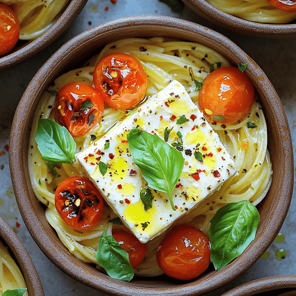- 1 block (8 oz) feta cheese - 2 cups cherry tomatoes, halved - 3 cloves garlic, minced - 1/4 cup extra virgin olive oil - 1 teaspoon dried oregano - 1/2 teaspoon red pepper flakes (adjust to taste) - Salt and pepper to taste - 12 oz pasta (penne or fusilli works best) - Fresh basil leaves for garnish - Zest of 1 lemon This recipe shines with fresh, simple ingredients. Start with a block of feta cheese. I love using high-quality feta; it melts perfectly. Next, grab some cherry tomatoes. Halve them to let their juices mix with the feta. Garlic brings a wonderful aroma, so don’t skip it. Olive oil adds richness. Use extra virgin for the best flavor. Dried oregano gives an earthy hint. Red pepper flakes add a nice kick, but you can adjust them. Salt and pepper are essential for taste. Choose your favorite pasta, like penne or fusilli, to hold the sauce well. For garnish, fresh basil and lemon zest add brightness. They will make your dish pop. With these ingredients, you can create a dish that is creamy, flavorful, and truly delightful. Set your oven to 400°F (200°C). This step gets your oven hot and ready. Grab a 9x13 inch baking dish. Place the block of feta cheese in the center. Surround it with halved cherry tomatoes, cut side up. Scatter the minced garlic around the tomatoes. This setup helps the flavors blend well. Drizzle extra virgin olive oil over the feta and tomatoes. Sprinkle on dried oregano, red pepper flakes, salt, and pepper. This seasoning brings out the best taste. Now, bake the dish for 25 to 30 minutes. You want the feta to soften and the tomatoes to blister. While the feta and tomatoes bake, cook the pasta. Follow the package instructions until it's al dente. Remember to reserve 1 cup of pasta water before draining. This water helps adjust the sauce later. After baking, take the dish out of the oven. Use a fork to mash the feta and mix it with the tomatoes and garlic. This creates a creamy base. Add the drained pasta to the dish. Toss gently to combine. Use reserved pasta water as needed to reach your desired sauce consistency. Check the taste and adjust the seasoning if needed. Top your pasta with fresh basil leaves. Grate some lemon zest over it for a fresh touch. This step adds brightness to the flavor. Enjoy your meal! To make your baked feta tomato pasta shine, focus on seasonings. Start with the red pepper flakes. If you like heat, add more. If not, keep it light. For a creamy sauce, mash the feta well with the tomatoes. Be sure to mix in some reserved pasta water. This step helps make the sauce smooth and rich. Presentation matters! Serve the pasta in individual bowls. Top each bowl with fresh basil leaves. A drizzle of olive oil adds a nice touch. For a cheesy flavor, sprinkle freshly grated Parmesan on top. The bright colors of the tomatoes and basil make it look appetizing and inviting. You don't need fancy gadgets for this dish. Here are the essentials: - 9x13 inch baking dish: Holds all your ingredients. - Fork: Perfect for mashing the feta and mixing. - Pot: Use for cooking the pasta. - Ladle: Helps you serve the pasta easily. These tools make cooking simple and fun. Enjoy making this dish! {{image_4}} Feel free to switch up the cheese or veggies in this dish. If feta isn’t your favorite, try goat cheese or ricotta. Both add great creaminess. For veggies, you can use grape tomatoes, bell peppers, or even zucchini. Each swap brings a new twist to the flavor. You can easily make this dish vegan. Just replace feta with a vegan cheese. Nutritional yeast can add a cheesy taste too. For gluten-free options, swap regular pasta for gluten-free pasta. It will cook the same and taste just as good. Want to add some protein? Chicken, shrimp, or chickpeas work well. For chicken, grill or sauté it first. Then mix it in with the pasta. If you prefer shrimp, add it for the last few minutes of baking. Chickpeas can be added straight from the can. They will soak up all the yummy flavors. To store your delicious baked feta tomato pasta, let it cool first. Place it in an airtight container. Refrigerate it for up to three days. When you want to reheat, use a microwave or oven. If using the oven, cover it to keep moisture. Heat until warmed through, about 15 minutes at 350°F (175°C). This keeps the pasta creamy and tasty. Freezing this dish is a great way to save it for later. First, let the pasta cool completely. Then, divide it into meal-sized portions. Use freezer-safe bags or containers. Squeeze out the air to prevent freezer burn. It will last up to three months in the freezer. When ready to eat, thaw it in the fridge overnight. Reheat it in the oven or microwave until hot. The shelf life of baked feta tomato pasta in the fridge is about three days. After that, the taste and texture may change. If you notice any odd smells or changes in color, it’s best to toss it. Always check before eating leftovers to stay safe. Yes, you can swap feta with other cheeses. Goat cheese adds a tangy taste. Cream cheese gives a creamy texture. If you prefer a stronger flavor, try blue cheese. Just remember, each cheese will change the dish's taste a bit. Penne and fusilli work best in this recipe. Penne holds the sauce well in each tube. Fusilli, with its twists, grabs the sauce nicely. Other options include farfalle or rotini, which are fun and tasty too. To add spice, use more red pepper flakes. Start with a teaspoon for a kick. You can also include fresh chili peppers or a dash of hot sauce. Just be careful; you can always add more heat, but it’s hard to take it away! This dish combines feta cheese, cherry tomatoes, and pasta for a tasty meal. I provided step-by-step instructions to ensure you can easily make it at home. Remember to season well and add fresh herbs for flavor. You can also swap ingredients or adjust the recipe to fit your needs. Storing leftovers properly helps keep your meal fresh. Enjoy cooking and experimenting with flavors! Your efforts will make every bite delicious and satisfying.