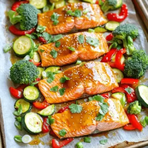 - 4 salmon fillets - 1/4 cup honey - 1/4 cup low sodium soy sauce - 2 tablespoons olive oil - 3 cloves garlic, minced - 1 teaspoon fresh ginger, grated - 1 teaspoon sesame oil - 1 red bell pepper, sliced into strips - 1 medium zucchini, sliced into rounds - 1 cup broccoli florets - Salt and pepper to taste - Sesame seeds for garnish - Chopped fresh cilantro or sliced green onions for garnish Gather these ingredients to make a delicious honey soy salmon and veggies sheet pan meal. The salmon fillets soak up the sweet and savory marinade. The veggies add color and crunch. This meal not only looks great but packs full flavor with every bite! With these simple ingredients, you can create a dish that impresses. Enjoy cooking and savoring this delightful meal! Start by preheating your oven to 400°F (200°C). This step is key for even cooking. For easy cleanup, line a large baking sheet with parchment paper. In a medium bowl, whisk together the honey, low sodium soy sauce, olive oil, minced garlic, grated ginger, and sesame oil. Mix until smooth and well blended. This marinade adds a sweet and savory flavor to the salmon. Place the salmon fillets in a shallow dish. Pour half of the marinade over the fillets. Make sure they are well coated. Let the salmon marinate for at least 15 minutes. Set aside the remaining marinade for later. In a large bowl, combine the sliced red bell pepper, zucchini rounds, and broccoli florets. Drizzle some olive oil over the veggies. Add the reserved marinade, then season with salt and pepper. Toss until all the vegetables are well coated. Transfer the marinated salmon fillets to the center of the lined baking sheet. Surround the salmon with the seasoned vegetables. This colorful arrangement makes for a beautiful dish. Place the baking sheet in the preheated oven. Bake for 15-20 minutes. The salmon is done when it flakes easily with a fork. The vegetables should be tender and vibrant. During the last 5 minutes of baking, drizzle the reserved marinade over the salmon and vegetables. This adds a burst of flavor and richness to the dish. Once baked, remove the sheet from the oven. Garnish with sesame seeds and a sprinkle of fresh cilantro or sliced green onions. Serve warm and enjoy your delightful meal! To cook salmon just right, focus on timing. Bake the salmon at 400°F (200°C) for 15-20 minutes. It should flake easily with a fork when done. If you prefer a crispier top, broil for the last 2-3 minutes. Always check for doneness. Using a meat thermometer, the internal temperature should reach 145°F (63°C). This ensures your salmon is safe to eat and still juicy. When choosing veggies, pick those that roast well. Broccoli, bell peppers, and zucchini are great choices. They hold up well in the oven and absorb flavors nicely. You can also try carrots, cauliflower, or asparagus for variety. Cut them into similar sizes to ensure even cooking. Toss them with olive oil and seasoning for the best results. The honey soy marinade adds a sweet and salty flavor. You can mix it up too! Try adding lime juice or chili flakes for a kick. For a fresher taste, use fresh herbs like basil or cilantro. Let your salmon marinate for at least 15 minutes to soak in the flavors. The longer, the better! Just don’t marinate too long, or the fish may become mushy. {{image_4}} If you want to switch up the protein, chicken works great. Use chicken thighs or breasts. You can also try shrimp for a quick cook time. Tofu is a fantastic choice for a plant-based meal. Just marinate it the same way as the salmon. You can mix and match veggies for fun. Carrots add nice color and crunch. Snap peas bring sweetness and a fresh bite. Feel free to use asparagus or green beans too. Just make sure to cut them into similar sizes for even cooking. To boost flavor, add some chili flakes for heat. A splash of lime juice brightens the dish. You can also switch honey for maple syrup for a different taste. For a more savory twist, try adding miso paste to your marinade. Each change gives you a new dish to enjoy! To store leftovers, let the dish cool first. Place the salmon and veggies in an airtight container. Make sure to cover it well to keep the flavors locked in. Store it in the fridge for up to three days. This way, you can enjoy your honey soy salmon later. When you are ready to eat your leftovers, preheat your oven to 350°F (175°C). Place the salmon and veggies on a baking tray. Cover them with foil to keep moisture in. Heat for about 10 to 15 minutes, or until warmed through. You can also use a microwave for a quick option. Just heat for 1-2 minutes, checking often. If you want to freeze the dish, cool it completely first. Wrap each portion tightly in plastic wrap. Then, place them in a freezer-safe bag. Be sure to label the bags with the date. You can freeze it for up to two months. When you are ready to eat, thaw it in the fridge overnight before reheating. Yes, you can use frozen salmon. Just thaw it first. Place it in the fridge overnight or run it under cold water. This will ensure even cooking. Fresh salmon does taste better, but frozen works in a pinch. You can use coconut aminos or tamari as a soy sauce substitute. Both offer a similar flavor. Coconut aminos are gluten-free and less salty. This option is great for those with soy allergies. This dish takes about 35 minutes to make. You spend 15 minutes prepping and marinating. The baking time is around 15-20 minutes. It’s quick and perfect for a busy weeknight. Yes, this recipe is healthy. Salmon is rich in omega-3 fatty acids, which are good for your heart. The veggies add fiber and vitamins. Using low sodium soy sauce keeps the salt low, making it a balanced meal. Yes, you can use other fish like trout or tilapia. These fish will cook similarly to salmon. Adjust the cooking time slightly if using thinner fillets. Choose fish you enjoy to make the meal your own. This blog post showed how to make a delicious salmon sheet pan meal. You learned about the fresh ingredients, simple steps, and cooking tips. Remember, you can switch proteins, veggies, or flavors to make it your own. Storing leftovers is easy, and reheating is simple, too. This dish is healthy and quick to make, perfect for busy days. Enjoy experimenting and create meals that your family will love. Happy cooking!
