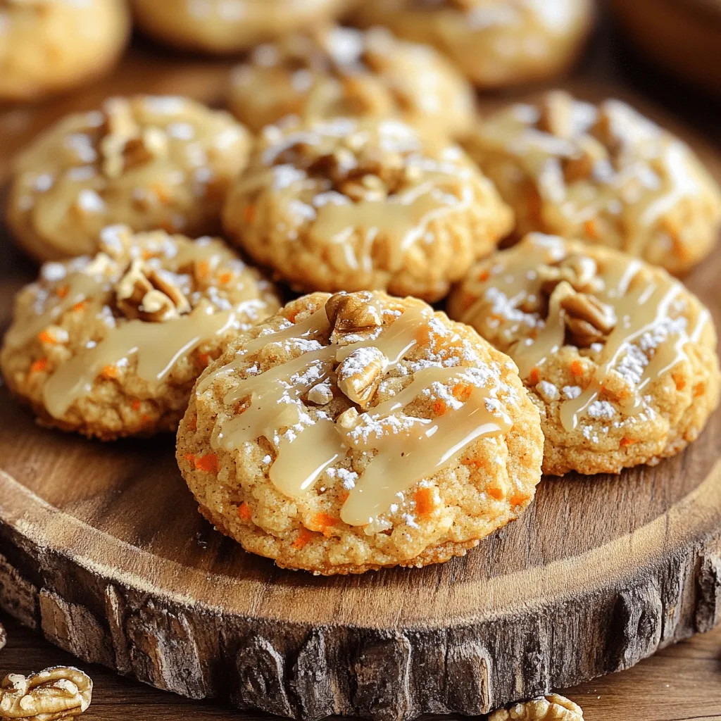 - 1 cup all-purpose flour - 1/2 cup unsalted butter - 1/2 cup brown sugar - 1/4 cup granulated sugar - 1 large egg - 1 cup grated carrots - Optional: 1/2 cup walnuts, 1/4 cup raisins I love the base ingredients for these cookies. The flour gives structure. The butter adds richness, while brown sugar brings moisture and a deeper flavor. Granulated sugar helps with sweetness. The egg binds everything together, creating a soft texture. Grated carrots add sweetness and moisture, making these cookies unique. You can add walnuts for crunch and raisins for extra sweetness if you like. - 1 cup powdered sugar - 2-3 tablespoons pure maple syrup - 1 tablespoon milk or water - Pinch of salt The glaze is a game changer. It adds a sweet finish to the cookies. Use powdered sugar as a base for smoothness. Pure maple syrup brings that lovely flavor we all adore. Milk or water helps adjust the glaze’s thickness. A pinch of salt balances the sweetness perfectly. This glaze makes each cookie shine! - Preheat your oven to 350°F (175°C). Line a baking sheet with parchment paper. - In a medium bowl, whisk together: - 1 cup all-purpose flour - 1/2 teaspoon baking powder - 1/2 teaspoon baking soda - 1/2 teaspoon ground cinnamon - 1/4 teaspoon ground nutmeg - 1/4 teaspoon salt - In a large bowl, beat together: - 1/2 cup unsalted butter, softened - 1/2 cup brown sugar, packed - 1/4 cup granulated sugar Mix until the mixture is light and fluffy. - Add 1 large egg and 1 teaspoon vanilla extract to the butter-sugar mix. - Stir until everything is well mixed. - Gradually add the dry ingredients to the wet mixture. - Mix gently until just combined. Be careful not to overmix. - Fold in: - 1 cup grated carrots - Optional: 1/2 cup chopped walnuts - Optional: 1/4 cup raisins - Use a cookie scoop or tablespoon to drop dough onto the prepared baking sheet. - Leave about 2 inches of space between each cookie. - Bake for 12-15 minutes until the edges are golden. - Let the cookies cool on the baking sheet for 5 minutes before moving them to a wire rack. - In a small bowl, combine: - 1 cup powdered sugar - 2-3 tablespoons pure maple syrup - 1 tablespoon milk or water - Pinch of salt - Whisk until the glaze is smooth. Adjust the thickness if needed. - Once the cookies are cool, use a spoon or piping bag to drizzle the glaze over each cookie. - Allow the glaze to set for a moment before serving. To get the best texture for your cookies, avoid overmixing the dough. Stir gently until just combined. This keeps the cookies soft and chewy. Also, use room temperature ingredients. Let your butter and egg sit out for about 30 minutes. This helps everything mix well. For extra flavor, try toasting walnuts before adding them. Toasting brings out a rich, nutty taste that adds depth. You can also experiment with spices like ginger or allspice. These spices can give your cookies a warm, cozy flavor that pairs well with the carrots. There are fun ways to drizzle the glaze. You can use a spoon for a rustic look or a piping bag for neat lines. For serving, arrange the cookies on a beautiful platter. They pair perfectly with warm tea or coffee. You could even sprinkle some extra walnuts on top for a nice touch! {{image_4}} You can make some easy swaps for different diets. To make these cookies gluten-free, use a gluten-free flour blend. This will keep the texture nice and soft. For a vegan version, swap the butter for coconut oil or a vegan butter. Use a flax egg instead of the large egg. Just mix one tablespoon of ground flaxseeds with three tablespoons of water. Let it sit for a few minutes to thicken. Want to shake things up? Add shredded coconut or crushed pineapple for a fun twist. This adds a tropical vibe to your cookies. You can also mix in nuts like pecans or almonds for a crunch. Dried fruits like cranberries or apricots can also work well. Feel free to be creative and adjust the flavors to your liking. While maple glaze is great, you can try cream cheese frosting instead. This adds a rich, tangy flavor that pairs well with carrot. If you love chocolate, drizzle some dark chocolate over the cookies. Melt chocolate chips and use a fork to create a fun drizzle. Both options will make your cookies even more tempting! To keep your maple glazed carrot cake cookies fresh, use airtight containers. This helps prevent them from drying out. Place a piece of bread in the container with the cookies. The bread adds moisture and keeps them soft. Store the cookies at room temperature. They will stay fresh for up to one week. You can freeze these cookies before or after baking. For freezing unbaked dough, scoop the dough onto a baking sheet. Freeze the dough balls until hard, then transfer them to a freezer bag. This way, you can bake fresh cookies anytime! To freeze baked cookies, let them cool completely. Then, stack them in an airtight container, placing parchment paper between layers. They will last up to three months in the freezer. When you're ready to eat, thaw them at room temperature. For a fresher taste, warm them in the oven for a few minutes. To make your cookies softer, use room temperature butter. Softened butter helps to add moisture. You can also add an extra egg yolk. This adds richness and keeps cookies chewy. Avoid baking them too long. Pull them out when the edges are golden, but the centers look soft. Yes, you can make the dough ahead! After mixing the dough, wrap it tightly in plastic wrap. Store it in the fridge for up to three days. If you want to keep it longer, freeze the dough. Just thaw it in the fridge before baking. If you don't have maple syrup, you can use honey or agave nectar. Both will give a sweet flavor. You can also mix brown sugar with a bit of water as a substitute. Just remember that this will change the flavor slightly. To adjust cookie size, use a larger or smaller scoop. If you want bigger cookies, use a 1/4 cup measure instead of a tablespoon. For smaller cookies, use a teaspoon. Just keep in mind that baking time will change with size. Larger cookies need more time, while smaller cookies need less. For decorating cookies, use a piping bag for precision. You can also use a spoon to drizzle the glaze. Start at the center and move outward. Allow the glaze to set for a few minutes before serving. This will create a beautiful, shiny finish! In this post, we covered the key ingredients for delicious cookies, from basic elements to optional additions. You learned how to prepare the dough, bake, and even add a tasty maple glaze. Don’t forget to try my tips for texture and flavor. Remember, you can switch ingredients for different diets or flavors. Making and storing your cookies right will keep them fresh. Enjoy your baking, and make it fun! Cookies bring joy, so share them with others!
