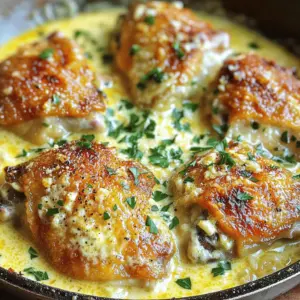 - 4 bone-in, skin-on chicken thighs - 1 tablespoon extra virgin olive oil - 4 cloves garlic, finely minced - 1 cup heavy cream - 1 cup freshly grated Parmesan cheese - 1 teaspoon Italian seasoning blend These main ingredients create a rich and creamy sauce for the chicken. The bone-in, skin-on thighs add flavor and moisture. Heavy cream and Parmesan cheese make the sauce smooth and cheesy. Garlic gives it a strong, tasty kick. The Italian seasoning adds a nice blend of herbs. - Salt and freshly ground black pepper to taste - Fresh parsley, finely chopped (for garnish) Salt and black pepper enhance the chicken's flavor. Fresh parsley adds color and freshness to the dish. This simple garnish makes the meal look beautiful on the plate. You can never go wrong with fresh herbs! Start by preheating your oven to 400°F (200°C). This step is important. A hot oven helps cook the chicken evenly and makes the sauce bubble nicely. Next, grab a large, oven-safe skillet. Pour in one tablespoon of extra virgin olive oil and heat it over medium-high heat. While the oil heats up, season the chicken thighs with salt and freshly ground black pepper on both sides. When the oil shimmers, carefully place the chicken thighs in the skillet, skin-side down. Let them sear for about 5-7 minutes. You want that skin to be golden brown and crispy. Then, flip the thighs and sear the other side for another 5 minutes. Once done, move the chicken to a plate and set it aside. Now it’s time to make the sauce. In the same skillet, lower the heat to medium. Add 4 cloves of finely minced garlic and sauté for about 30 seconds. Stir often to keep the garlic from burning. Once it smells amazing, slowly pour in 1 cup of heavy cream. Keep stirring until the mixture is smooth. Let it come to a gentle simmer. Then, add 1 cup of freshly grated Parmesan cheese and 1 teaspoon of Italian seasoning. Stir until the cheese melts and the sauce is creamy. Return the seared chicken thighs to the skillet, nestling them in the creamy sauce. Spoon some sauce over the top for extra flavor. Carefully place the skillet in the preheated oven. Bake for 25-30 minutes. Check the chicken's internal temperature; it should reach 165°F (75°C) to be safe to eat. When done, take the skillet out of the oven. Allow it to rest for a few minutes. Before serving, sprinkle some finely chopped fresh parsley on top for a nice touch. To get that crispy skin, start with a hot skillet. Heat the olive oil over medium-high heat. Season your chicken thighs well with salt and pepper. Place them skin-side down first. Don't move them for 5-7 minutes. This helps develop a nice golden color. Flip them over for another 5 minutes. This method locks in moisture while creating a crunchy texture. To ensure a rich sauce, use heavy cream and freshly grated Parmesan cheese. When you add the cream, do it slowly while stirring. This helps avoid lumps. Let the sauce simmer gently to thicken. Stir in the Parmesan cheese until it melts fully. This will give your sauce that luxurious, creamy feel everyone loves. You can boost flavor with fresh herbs or spices. Try adding thyme or rosemary for a fragrant touch. A pinch of red pepper flakes adds heat if you like spice. For a zesty twist, consider lemon zest. These additions will elevate your dish and make it even more delightful. {{image_4}} You can make this dish even better by adding some greens. Spinach or broccoli works great. They cook quickly and add color. To add spinach, stir it into the sauce right before serving. For broccoli, you can steam it lightly and then mix it into the dish. This gives you tasty veggies with every bite. If you want to switch things up, you can use chicken breasts instead of thighs. Chicken breasts cook faster. They are leaner and still soak up the creamy sauce. Just be careful not to overcook them. You can also try using turkey thighs for a fun twist. Each protein brings its own flavor and texture. For a new taste, try adding sun-dried tomatoes or lemon zest. Sun-dried tomatoes give a sweet and tangy kick. Chop them up and mix them into the sauce. Lemon zest brightens the dish. Just a little zest goes a long way. It adds freshness to the creamy sauce. Don’t be afraid to experiment! To store creamy garlic Parmesan chicken thighs, let them cool down first. Place leftovers in an airtight container. This keeps the chicken moist. You can store it in the fridge for up to four days. Just make sure to label the container with the date. When reheating, use the oven for the best results. Preheat it to 350°F (175°C). Place the chicken in an oven-safe dish. Cover it with foil to keep moisture in. Heat for about 20 minutes, or until warm. You can also use a microwave, but the oven keeps the skin crispy. If using the microwave, heat in short bursts and check often. To freeze, let the chicken cool completely. Place it in a freezer-safe container or bag. Be sure to remove all air to prevent freezer burn. It can last for up to three months in the freezer. To thaw, move it to the fridge overnight before reheating. This keeps the texture nice and creamy. Yes, you can use skinless chicken thighs. Skinless thighs have less fat. This change may make the dish lighter. You might need to adjust the cooking time. Skin adds moisture and flavor, so add a little extra oil. This will help keep the chicken juicy. You can use half-and-half or whole milk for a lighter dish. Another great option is Greek yogurt. Mix it with a bit of broth for creaminess. Coconut cream is a good dairy-free choice too. These swaps still give a nice texture, but with fewer calories. To check if the chicken is cooked, use a meat thermometer. The safe internal temperature should reach 165°F (75°C). If you don't have a thermometer, cut into the thickest part. The juices should run clear, not pink. Follow these tips, and you'll serve perfect chicken every time! This blog post covered how to make a creamy chicken dish. We explored the key ingredients, like chicken thighs, cream, and Parmesan. I shared how to prepare, cook, and season the dish for great flavor. Plus, I gave tips on how to ensure the chicken turns out crispy. Remember, you can add veggies or change proteins for variety. Whether you're a beginner or a pro, these steps will help you enjoy this recipe. Happy cooking!