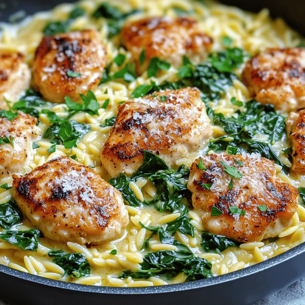 - 1 pound chicken breast, cut into bite-sized pieces - 1 cup orzo pasta - 4 cloves garlic, minced - 1 medium onion, finely chopped - 2 cups chicken broth - 1 cup heavy cream - 1 cup fresh spinach, chopped - 1 teaspoon dried Italian herbs - Salt and black pepper to taste - 2 tablespoons olive oil - ½ cup freshly grated Parmesan cheese - Fresh parsley, chopped (for garnish) If you need to make changes, here are some ideas: - For a lighter dish, use half-and-half instead of heavy cream. - You can swap chicken broth for vegetable broth for a vegetarian option. - If you don’t have orzo, any small pasta like ditalini works well. - For a kick, add red pepper flakes to the chicken while cooking. This recipe serves four people. Here’s a rough idea of the nutrition per serving: - Calories: About 600 - Protein: 30g - Carbohydrates: 45g - Fat: 35g - Fiber: 2g This meal offers a nice balance of protein and carbs. The cream and cheese add richness, while spinach boosts nutrients. Enjoy this creamy garlic chicken orzo as a filling and tasty dinner option! 1. Heat the olive oil in a large skillet over medium heat. 2. Add the chicken pieces, seasoning well with salt and pepper. 3. Cook the chicken for 5-7 minutes until golden brown. Then, remove it from the skillet. 4. In the same skillet, add the chopped onion. Cook for about 3 minutes until soft. 5. Add the minced garlic and stir for 1 minute until fragrant. 6. Toss in the orzo pasta and toast it for about 2 minutes. 7. Pour in the chicken broth and bring it to a gentle simmer. 8. Cover the skillet and cook for 8-10 minutes, stirring occasionally. 9. Once the orzo is nearly tender, lower the heat. 10. Stir in the heavy cream, Italian herbs, chopped spinach, and cooked chicken. 11. Simmer for another 2-3 minutes until creamy and hot. 12. Remove from heat and mix in the Parmesan cheese until melted. 13. Taste and adjust seasoning if necessary. 14. Serve hot, garnished with chopped parsley. - When heating the oil, watch for it to shimmer. This shows it’s ready. - Make sure to season the chicken well. It adds flavor to the entire dish. - Stir the onion often to avoid burning and ensure it cooks evenly. - Toasting the orzo gives it a deeper flavor. Don’t skip this step! - Stir occasionally while cooking the orzo to keep it from sticking. - Adding cream slowly helps it mix in smoothly without curdling. - Taste before serving to make sure the flavors are just right. - Overcrowding the skillet can lead to uneven cooking of the chicken. - Not stirring the orzo may cause it to stick to the pan. - Adding cream too fast can make it clumpy. Take your time. - Forgetting to taste before serving means you might miss out on great flavor. - Skipping the garnish can make the dish look less inviting. Always add parsley! To make this dish shine, start with fresh garlic. Fresh garlic adds a strong flavor that dried garlic cannot match. Always season your chicken well with salt and pepper before cooking. This step makes a big difference in taste. When you add the cream, do it slowly. This helps you control the creaminess. Stir well to coat the orzo and chicken evenly. If you want more flavor, try adding a splash of lemon juice before serving. It brightens up the dish. Cooking orzo is simple, but there are some tips to follow. Always toast the orzo for a few minutes before adding liquid. This step brings out a nutty flavor. Stir often while cooking to keep it from sticking. When adding broth, use low-sodium chicken broth. This way, you can control the salt better. Taste the orzo as it cooks to get the texture you prefer. Each brand of orzo may cook differently, so watch it closely. This creamy orzo dish pairs well with many sides. A fresh green salad with a light vinaigrette is a great choice. You could also serve it with garlic bread for a cozy meal. For drinks, a chilled white wine like Sauvignon Blanc works well. If you prefer non-alcoholic options, lemonade or sparkling water is refreshing. Don't forget to garnish with fresh parsley for color and taste. Enjoy your meal! {{image_4}} You can easily make a vegetarian version of this dish. Replace the chicken with bite-sized pieces of firm tofu or chickpeas. Both options provide protein and absorb the flavors well. Use vegetable broth instead of chicken broth for a rich, savory base. Add more veggies like bell peppers, zucchini, or mushrooms to enhance the meal. Want to switch things up? Try using different herbs. Fresh basil or rosemary can add a lovely touch. For a spicy kick, add red pepper flakes while cooking. You can also swap heavy cream for coconut milk to create a creamy, dairy-free version. This change will add a hint of sweetness and tropical flair to your dish. You can make this recipe fit your dietary needs easily. For a low-carb option, use cauliflower rice instead of orzo. If you're following a keto diet, leave out the pasta altogether and add more greens. For those who need gluten-free meals, opt for gluten-free pasta. Adjust the cheese to a dairy-free option to cater to lactose intolerance. After cooking, let the creamy garlic chicken orzo cool. Transfer it to an airtight container. Store it in the fridge for up to three days. This dish keeps its flavor and texture well. If you plan to enjoy it later, make sure to seal it tightly. To freeze, let the dish cool completely. Use a freezer-safe container or a heavy-duty freezer bag. It can stay frozen for up to three months. When ready to eat, thaw it overnight in the fridge. For the best taste, reheat in a skillet over low heat. Add a splash of chicken broth or cream to keep it creamy. Stir often to heat evenly. You can also use the microwave. Heat in short bursts, stirring in between. Enjoy your meal warm and delicious! To make this dish gluten-free, swap orzo for gluten-free pasta. Many brands offer gluten-free orzo made from rice or corn. Check the package to ensure it cooks similarly to regular orzo. Follow the same cooking steps for a tasty gluten-free meal. Yes, you can use other pasta shapes. Small pasta like ditalini or macaroni works well. Just adjust the cooking time based on the pasta you choose. Remember to check for doneness as you cook. This dish remains creamy and flavorful, no matter which pasta you select. Cook chicken until it reaches an internal temperature of 165°F (75°C). The meat should be white, not pink. If you cut into a piece, the juices should run clear. Always use a meat thermometer for the best results. Proper cooking ensures a safe and delicious meal. This blog post walked you through making creamy garlic chicken orzo. We covered the ingredients, measurements, and nutritional info to help you plan. The step-by-step guide made cooking easy and fun while avoiding common mistakes. Tips and tricks ensured you served the best dish, with options for variations and storage. In the end, this recipe is flexible and delicious. You can customize it to fit your taste or dietary needs. Enjoy creating this comforting meal and make it your own!