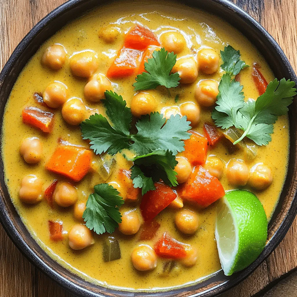 - 2 cans chickpeas - 1 can coconut milk - 1 can diced tomatoes - 1 large onion - 2 cloves garlic - 1-inch piece of ginger - 2 carrots - 1 red bell pepper - Curry powder - Ground cumin - Turmeric powder - Chili powder - Salt and pepper - Olive oil Gather these items before you start. The chickpeas bring protein and fiber. Coconut milk adds creaminess and rich flavor. Diced tomatoes give a nice tang. An onion, garlic, and ginger base makes the stew aromatic. Carrots and red bell pepper add color and sweetness. The spices are key to flavor. Curry powder gives warmth, while cumin and turmeric add depth. Chili powder can add a kick if you like heat. Salt and pepper enhance all the flavors. Olive oil is important for sautéing the base ingredients. Having everything ready makes cooking easier. This stew is not just easy; it’s also healthy and filling. Enjoy the process of making this delightful meal! 1. Start by heating 1 tablespoon of olive oil in a medium skillet over medium heat. 2. Once hot, add 1 finely diced onion. Sauté for about 3-4 minutes. The onion should become soft and see-through. 3. Next, add 2 minced garlic cloves and 1-inch grated ginger to the skillet. Stir for about 1 minute. You want the mixture to smell great. 4. Carefully transfer this mix to your slow cooker. 1. Now, it’s time to add the main ingredients. Put in 2 cans of chickpeas, 1 can of diced tomatoes (with juice), and 1 can of creamy coconut milk. 2. Add 2 cups of low-sodium vegetable broth, 2 chopped carrots, and 1 diced red bell pepper. 3. For flavor, mix in 1 tablespoon of curry powder, 1 teaspoon of ground cumin, 1/2 teaspoon of turmeric powder, and 1/2 teaspoon of chili powder. 4. Stir everything gently to combine. Season with salt and cracked pepper to taste. 1. Cover the slow cooker and set it to low for 6-8 hours or high for 4-5 hours. 2. To check if it’s done, make sure the veggies are tender and everything smells amazing. 3. Once done, stir in the juice of 1 fresh lime. Taste and adjust the seasoning if needed. How can I adjust spice levels? You can change the spice level by adding more or less chili powder. If you want it spicier, add more chili powder. For a milder taste, cut back on it. Always taste as you go! What about fresh herbs or other aromatics? Fresh herbs like cilantro add a bright flavor. Try adding basil or mint for a twist. You can also use lime zest for a zesty kick. These simple additions make the stew pop! What are the best sides to complement the stew? Serve the stew with steamed rice or warm naan. These sides soak up the curry flavors well. You can also pair it with a simple green salad for freshness. What garnishes work well? Fresh cilantro is a great garnish. You can also use lime wedges for an extra burst of flavor. A sprinkle of red pepper flakes adds a nice touch too. How can I thicken the stew if necessary? If the stew is too thin, mix in a tablespoon of cornstarch. Dissolve it in water before adding. This helps thicken the stew without altering the taste. What optional add-ins can make it heartier? Try adding diced sweet potatoes or spinach for more nutrition. You can also mix in cooked quinoa or rice for added texture. These options make the stew more filling and delicious! {{image_4}} To boost the protein, you can add tofu or tempeh. - Tofu: Use firm tofu for a nice texture. Cut it into cubes and add it right before cooking. - Tempeh: Slice tempeh or crumble it into smaller pieces. This adds a nutty flavor that pairs well with the stew. You can also switch up the legumes. Instead of chickpeas, try black beans or lentils. They bring different flavors and textures, making your stew unique. Feel free to change the vegetables based on what you have. - Seasonal Ideas: Try zucchini in summer or sweet potatoes in fall. Both add great taste. - Flavor Combinations: Mix in some spinach or kale near the end of cooking. This adds color and nutrients. You can also use frozen vegetables if fresh ones are not available. They work well and save time. If you need to make the stew gluten-free, it’s easy. The main ingredients are naturally gluten-free. Just check your vegetable broth label to be safe. To lower the fat content, you can use light coconut milk. It cuts down on calories while keeping the stew creamy. You can also skip the olive oil when sautéing. Just use a splash of water or vegetable broth for a healthier option. To keep your Slow Cooker Coconut Curry Chickpea Stew fresh, you must store it properly. For refrigerating leftovers, let the stew cool first. Then, place it in an airtight container. This method helps to lock in flavor and moisture. You can keep it in the fridge for about 3 to 4 days. If you want to freeze the stew, use a freezer-safe container. Make sure to leave some space at the top, as liquids expand when frozen. It can last in the freezer for up to 3 months. When ready to eat, thaw it overnight in the fridge before reheating. When reheating your stew, the best method is to use the stovetop. Pour the stew into a pot and heat it over medium heat. Stir it occasionally to prevent sticking. This method helps maintain its rich texture and flavor. You can also use the microwave. Transfer the stew to a microwave-safe bowl and cover it. Heat in short bursts, stirring in between to ensure even warmth. The key here is to avoid overheating, which can change the stew's texture. In the fridge, your stew will last about 3 to 4 days. If you freeze it, it can be kept for up to 3 months. Always check for signs that the stew has gone bad. If you see mold or notice a strange smell, it's best to discard it. Storing your stew correctly ensures you can enjoy it later, with all its delicious flavors intact. Yes, you can use dried chickpeas. Start by soaking them overnight. This will help soften them. After soaking, cook them in boiling water for about 1 hour. Drain and rinse them before adding to the stew. Adjust the cooking time in the slow cooker. You will need to cook it for 8-10 hours on low or 6-8 hours on high. This ensures the chickpeas are tender and absorb all the flavors. If you need a substitute for coconut milk, try using almond milk or soy milk. These are great dairy-free options. For a richer taste, use oat milk or cashew cream. You can also mix coconut cream with a little water for a similar texture. Just remember to adjust the spices to keep the flavor balanced. Absolutely! For stovetop cooking, start by sautéing the onion, garlic, and ginger in a pot. Once they are soft and fragrant, add the rest of the ingredients. Stir well and bring it to a boil. Then, reduce the heat and let it simmer for about 30-40 minutes. Check the vegetables for tenderness. Stir occasionally to prevent sticking. This method will give you a quick and hearty stew. This blog post covered a tasty chickpea stew. We discussed main ingredients like chickpeas and coconut milk, plus additional veggies and spices. I shared step-by-step instructions for an easy slow-cooker method. There were also tips for flavor and texture, along with variations to suit your taste. Finally, I included storage info and answers to common questions. Enjoy this recipe, and feel free to adapt it. Happy cooking!