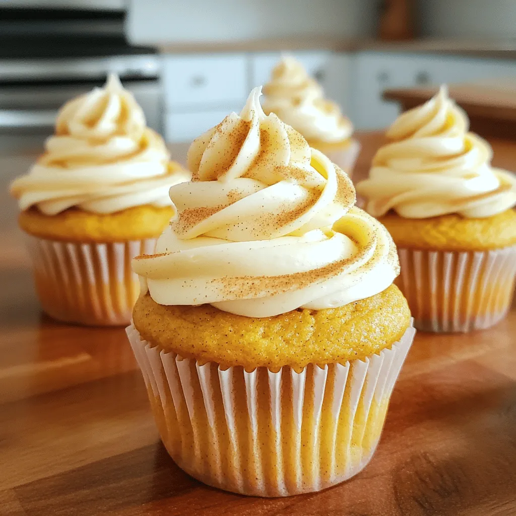- 1 ½ cups all-purpose flour - 1 teaspoon baking powder - ½ teaspoon baking soda - ½ teaspoon salt - 1 tablespoon pumpkin spice mix - ½ cup unsalted butter, softened - 1 cup granulated sugar - 2 large eggs, at room temperature - 1 cup canned pumpkin puree - ½ cup brewed coffee, cooled - 1 teaspoon vanilla extract - ½ cup cream cheese, softened - 2 cups powdered sugar - 2 tablespoons milk - Extra pumpkin spice for optional garnish These ingredients create the perfect blend for pumpkin spice latte cupcakes. The dry ingredients give structure. All-purpose flour, baking powder, and baking soda help the cupcakes rise. Salt enhances the flavors, while pumpkin spice provides that warm, cozy taste of fall. The wet ingredients add moisture and richness. Unsalted butter and sugar create a creamy base. Eggs bind everything together. Canned pumpkin puree brings that classic flavor and moistness. Brewed coffee adds depth and a slight kick, while vanilla extract rounds out the profile with sweetness. For the frosting, cream cheese gives a tangy twist. Powdered sugar makes it sweet and smooth. Milk helps achieve the perfect spreading consistency. A sprinkle of extra pumpkin spice on top not only looks great but adds a final touch of flavor. Gather these ingredients, and you’re ready to bake a delightful autumn treat! 1. Preheat oven and prepare muffin tin: Set your oven to 350°F (175°C). Line a standard muffin tin with colorful cupcake liners. This adds a fun touch! 2. Whisk dry ingredients: In a medium bowl, mix together the all-purpose flour, baking powder, baking soda, salt, and pumpkin spice. This ensures your cupcakes rise well and taste great. 3. Cream butter and sugar: In a large bowl, use an electric mixer to beat the softened butter and granulated sugar. Mix until it turns light, fluffy, and pale in color, about 2-3 minutes. 4. Incorporating eggs and wet ingredients: Add the eggs one at a time. Mix well after each egg. Next, stir in the pumpkin puree, cooled brewed coffee, and vanilla extract until smooth. 5. Folding in dry ingredients: Gradually add the dry mixture to the wet. Gently fold until just combined. Be careful not to overmix! This keeps your cupcakes tender. 6. Dividing batter into muffin tins: Spoon the batter into the cupcake liners, filling each about three-quarters full. This helps them rise nicely while baking. 7. Baking time and doneness check: Place your muffin tin in the oven. Bake for 18-20 minutes. Check doneness by inserting a toothpick into the center of a cupcake. If it comes out clean, they are ready! 8. Preparing cream cheese frosting: While the cupcakes cool, make the frosting. Beat the softened cream cheese and powdered sugar until creamy. Gradually add milk to reach your desired consistency. 9. Frosting application tips: Once the cupcakes are cool, frost each one generously using a spatula or piping bag. This adds a lovely touch and makes them extra special. 10. Final touch: For an added flavor boost, sprinkle some extra pumpkin spice on top of each frosted cupcake. This makes them look and taste even better! - Use room temperature ingredients. This helps mix everything smoothly and evenly. - Avoid overmixing the batter. Mix just until the dry and wet ingredients blend. This keeps your cupcakes light and fluffy. - To achieve the right consistency, add milk slowly. You want the frosting to be smooth but not runny. - Use a piping bag for decoration. This helps you create beautiful swirls and designs on your cupcakes. - Create an autumn-themed display. Use a decorative platter and arrange the cupcakes nicely. - For garnishing, sprinkle extra pumpkin spice on top. You can also add whole cinnamon sticks or small gourds for extra charm. {{image_4}} You can add fun flavors to your pumpkin spice latte cupcakes. Try mixing in chocolate chips for a sweet touch. This pairs well with the warm pumpkin spice. Caramel also works great if you want a richer taste. Just drizzle some into the batter or on top after frosting. If you want something plant-based, go for vegan pumpkin spice latte cupcakes. Use almond or coconut milk instead of regular milk. Swap out eggs for flaxseed meal mixed with water. This keeps the cupcakes moist and tasty. Frosting can change the whole cupcake experience. You might try different cream cheese flavors. Maple cream cheese adds a great twist. Or use cinnamon cream cheese for an extra spice kick. If you need a dairy-free option, use coconut cream instead of butter. Blend it with powdered sugar for a smooth frosting. You can also use vegan cream cheese to keep it creamy and delicious. Toppings can make your cupcakes stand out. Add chopped nuts for a crunchy texture. Walnuts or pecans work well and add flavor. You can also sprinkle chocolate shavings on top for a sweet surprise. Don't forget about whipped cream! A dollop on each cupcake is always a hit. For extra sweetness, drizzle caramel sauce over the top. This makes your cupcakes look fancy and taste even better. To keep your pumpkin spice latte cupcakes fresh, you should store them properly. First, let the cupcakes cool completely. This step is key. Place them in an airtight container. A cupcake carrier works well too. You can also use plastic wrap if you need to stack them. This will keep them soft and moist. Want to save some cupcakes for later? You can freeze them! Wrap each cupcake tightly in plastic wrap. Then, place them in a freezer-safe bag. Label the bag with the date. When you're ready to enjoy, take them out and let them thaw at room temperature. For the best texture, avoid using a microwave. This helps them stay soft. How long do these cupcakes last? When stored correctly, they stay fresh for about 3 to 5 days at room temperature. If they are in the fridge, they can last up to a week. But watch for signs of spoilage! If you see any mold or they smell off, it’s best to toss them. Keeping them in the right conditions is vital for their taste and quality. To keep your cupcakes from sinking, follow these tips: - Mix properly: Cream the butter and sugar until light and fluffy. This helps add air to the batter. - Room temperature ingredients: Use eggs and butter at room temperature. This makes for a better mix. - Don't overmix: Mix the batter just until combined. Overmixing can cause cupcakes to lose structure. - Check oven temperature: Ensure your oven is preheated correctly. An oven that is too cool can lead to sinking. - Fill liners correctly: Fill the cupcake liners about three-quarters full. This gives them space to rise without overflowing. Yes, you can use fresh pumpkin, but there are some pros and cons: - Pros: - Fresh pumpkin has a brighter flavor. - It can be more nutritious than canned. - Cons: - Fresh pumpkin requires more prep time. You must cook and puree it first. - Canned pumpkin is consistent in texture and moisture. This helps ensure your cupcakes turn out well. If you choose fresh pumpkin, make sure to cook it until it's soft before blending it into a puree. If you don't have pumpkin spice, you can make a blend using common spices: - Cinnamon: Use 1 teaspoon as a base. - Nutmeg: Add ½ teaspoon for warmth. - Ginger: Use ½ teaspoon for a bit of zing. - Cloves: A pinch adds depth to the flavor. Mix these spices to create your own pumpkin spice mix. Adjust the amounts based on your taste preference. You can create delicious pumpkin spice latte cupcakes using simple ingredients and easy steps. We covered the essential dry and wet ingredients, plus cream cheese frosting. I shared helpful tips for perfect cupcakes, tasty variations, and smart storage methods. Remember, baking is about trying and having fun. You can mix flavors and customize your frosting too. With these insights, you’ll impress everyone around you. Enjoy your baking journey, and let your creativity shine in the kitchen!