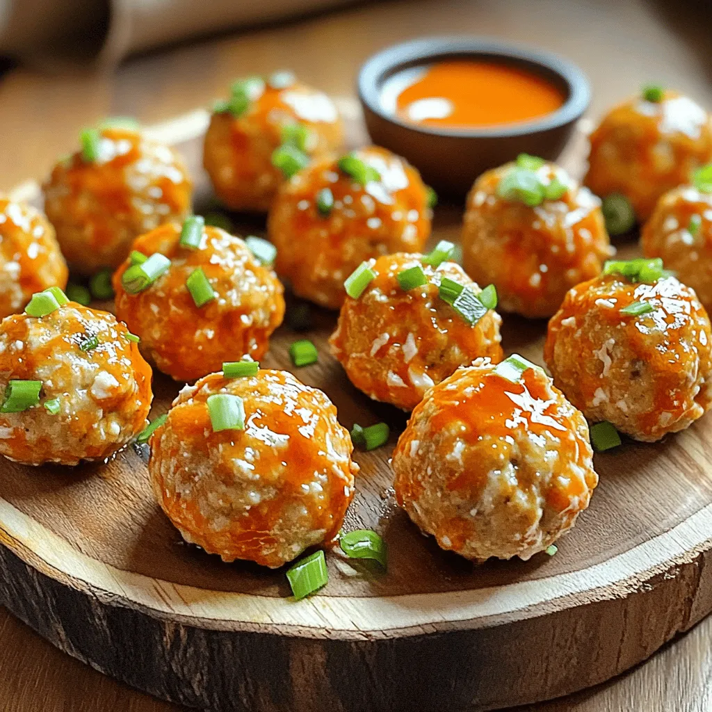 - 1 lb ground chicken - 1/2 cup breadcrumbs - 1/4 cup grated Parmesan cheese - 1/4 cup finely chopped green onions - 1/2 teaspoon garlic powder - 1/2 teaspoon onion powder - 1/2 teaspoon smoked paprika - Salt and pepper to taste - 1/3 cup buffalo sauce (plus extra for serving) - 1 egg, beaten These ingredients come together to create tasty buffalo chicken meatballs. Ground chicken is the main player here. It gives a moist and tender bite. Breadcrumbs help bind the meatballs and add some texture. Grated Parmesan cheese adds a rich, nutty flavor that elevates the dish. Green onions bring a fresh crunch. They also add a nice pop of color. Spices like garlic powder, onion powder, and smoked paprika add depth. Salt and pepper round out the taste. You’ll also need buffalo sauce. This adds heat and tang to the meatballs. The beaten egg works as a binder, helping your meatballs hold their shape. When you have these ingredients ready, you can create a dish that's not only easy but also bursting with flavor. Enjoy the process and the delicious outcome! - First, gather your ingredients in a large bowl. You will need ground chicken, breadcrumbs, grated Parmesan cheese, and finely chopped green onions. Don’t forget the garlic powder, onion powder, smoked paprika, salt, and pepper. - Mix all these ingredients well. Use your hands or a spatula to combine them. It may get a bit messy, but that’s part of the fun! - Now, pour in the beaten egg and buffalo sauce. Stir until everything is mixed together. This step helps bind the meatballs and keeps them moist. - Preheat your air fryer to 380°F (193°C). This takes about 5 minutes. Preheating helps the meatballs cook evenly and gives them a nice, golden color. - Next, take some of the mixture and form small meatballs. Aim for about 1 inch in diameter. You should make around 20 meatballs. - Place the meatballs in the air fryer basket in a single layer. Make sure to leave space between them. This allows for good air circulation. If your basket is too small, cook in batches. - Cook the meatballs at 380°F (193°C) for 10-12 minutes. Halfway through, gently shake the basket. This ensures even cooking on all sides. - Once the meatballs are golden brown and cooked through, take them out of the air fryer. You can check their doneness with a meat thermometer. They should reach 165°F (74°C). - For extra flavor, toss the hot meatballs in more buffalo sauce. - Serve your meatballs on a nice platter. Add a small dish of buffalo sauce for dipping on the side. - For a colorful touch, garnish the platter with fresh celery and carrot sticks. This adds crunch and looks great! To avoid dryness, use ground chicken with a little fat. This helps keep the meatballs juicy. Mixing the ingredients well is key. When you combine the ground chicken, breadcrumbs, and spices, don’t rush. Use your hands to blend thoroughly. To ensure even cooking, make meatballs the same size. Aim for about 1 inch in diameter. This helps them cook at the same rate. In the air fryer, arrange them in a single layer. Leave space between each meatball for air to flow. If needed, cook in batches. Adjusting spice levels is simple. If you like it hot, add more buffalo sauce or even a pinch of cayenne. For milder meatballs, reduce the buffalo sauce. You can also change the flavor by trying different sauces. For example, barbecue sauce can give a sweet twist. Teriyaki sauce adds a nice Asian flair. Experiment to find your favorite! {{image_4}} You can switch up the meat in this recipe. If you want a different taste, try using ground turkey or beef. Both options work well and keep the meatballs juicy. Ground turkey gives a lighter flavor, while beef adds richness. If you need gluten-free options, swap the breadcrumbs for gluten-free breadcrumbs. You can also use crushed rice cereal or oats. These alternatives still help bind the meatballs without gluten. Meatball sliders are a fun way to serve these buffalo chicken meatballs. Just place a meatball in a small bun. Add some extra buffalo sauce and a slice of cheese. You can serve these sliders for parties or game nights. Another great option is buffalo chicken meatball subs. Use a hoagie roll and pile in several meatballs. Drizzle with buffalo sauce and top with cheese. This makes a hearty meal everyone will enjoy. To keep your buffalo chicken meatballs fresh, follow these steps: - Refrigeration guidelines: Place the cooled meatballs in an airtight container. They last up to four days in the fridge. Always let them cool before sealing. - Freezing instructions: For longer storage, freeze the meatballs. Arrange them in a single layer on a baking sheet. Once frozen, transfer them to a freezer-safe bag. They can last up to three months. Just label the bag with the date for easy tracking. When you're ready to enjoy your meatballs again, use these methods: - Best ways to reheat meatballs: The air fryer is great for reheating. Set it to 350°F (175°C) and heat for about six to eight minutes. You can also use a microwave, but this may make them a bit soggy. - Ensuring moisture retention: To keep them moist, cover the meatballs with a damp paper towel in the microwave. This helps trap steam and keeps them juicy. If using the oven, add a splash of water in the pan before covering it with foil. To check if the meatballs are cooked, use a meat thermometer. The center must reach an internal temperature of 165°F (74°C). This ensures they are safe to eat. You can also look for signs of doneness. Cooked meatballs should be golden brown on the outside and firm to the touch. When you cut one open, the inside should not be pink. Yes, you can make these meatballs ahead of time. Prepare the meatball mixture and form the balls. Place them on a tray and chill in the fridge for up to 24 hours. For longer storage, freeze the uncooked meatballs. Lay them on a baking sheet, freeze until firm, then transfer to a freezer bag. They can last up to three months. Buffalo chicken meatballs pair well with several sides. Here are some tasty options: - Fresh celery sticks - Carrot sticks - Blue cheese dip - Ranch dressing - Toasted slider buns These sides add crunch and help balance the spicy flavor of the meatballs. Enjoy! These buffalo chicken meatballs are easy and fun to make. We covered everything from the main ingredients to cooking tips. I shared ways to tweak flavors and serve these tasty bites. You can customize them with different meats or sauces to suit your taste. Remember to store any leftovers properly and reheat them to keep them moist. With these tips, you'll enjoy perfect meatballs each time. Happy cooking!