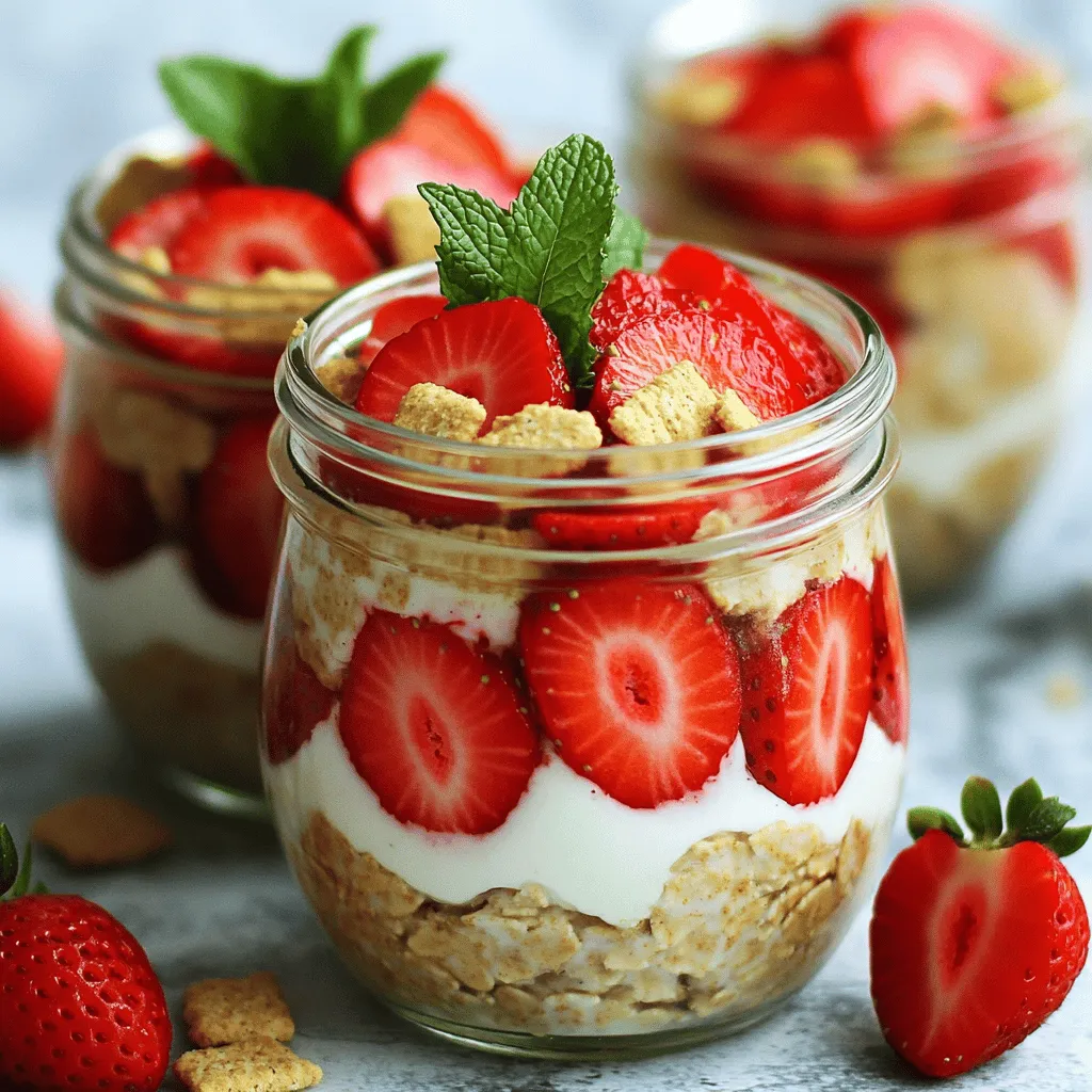 - 1 cup rolled oats - 1 cup almond milk (or preferred milk) - 1/2 cup Greek yogurt (vanilla recommended) - 1 tablespoon honey or maple syrup - 1 teaspoon vanilla extract - 1 cup fresh strawberries, hulled and sliced - 1 tablespoon chia seeds - 1/4 cup crushed graham crackers - Fresh mint leaves (optional) To create the best Strawberry Shortcake Overnight Oats, gather these ingredients. The rolled oats serve as the base. They soak up all the flavors and become soft. I like using almond milk, but you can choose any milk you prefer. Greek yogurt adds creaminess and a nice tang. For sweetness, honey or maple syrup works well. A dash of vanilla extract brings warmth and depth to the dish. Fresh strawberries are key for that sweet fruit flavor. They add bright color and freshness. Chia seeds thicken the mix and add nutrition. The crushed graham crackers give a nice crunchy topping that reminds you of shortcake. Finally, fresh mint leaves can add a pop of color if you like. When you combine these ingredients, you create a tasty and satisfying treat! First, gather your ingredients. You will need rolled oats, almond milk, Greek yogurt, honey, vanilla extract, chia seeds, and fresh strawberries. In a medium bowl, combine: - 1 cup rolled oats - 1 cup almond milk (or your preferred milk) - 1/2 cup Greek yogurt (vanilla recommended) - 1 tablespoon honey or maple syrup - 1 teaspoon vanilla extract - 1 tablespoon chia seeds Mix these until smooth. You want a creamy texture that blends all the flavors. Next, gently fold in 1 cup of sliced strawberries. Set aside a few slices for topping later. After that, divide the mixture into two jars. Leave some space at the top for your toppings. Now, seal the jars tightly. Place them in the fridge to chill overnight or for at least 4 hours. This step is key. It lets the oats soak up the milk and flavors. The longer they chill, the better the texture will be. When you’re ready to eat, take the jars out of the fridge. Stir the oat mixture gently to mix it up. Then, add your toppings. Sprinkle 1/4 cup of crushed graham crackers on top. Don’t forget the reserved strawberry slices. For an extra touch, add some fresh mint leaves if you like. This adds color and freshness to your dish. Enjoy your tasty treat! To boost the taste of your strawberry shortcake overnight oats, try using different kinds of milk. Almond milk works well, but you can also use oat milk, coconut milk, or regular cow's milk. Each milk type brings its own unique flavor. For sweeteners, honey and maple syrup are both great. You can also use agave syrup or a sugar substitute if you want to cut back on sugar. Each choice will change the flavor a bit, so feel free to experiment. You can add more toppings to make your oats even more exciting. Consider adding sliced bananas, blueberries, or a scoop of nut butter. A sprinkle of cinnamon can add warmth, while a dollop of whipped cream can make it feel like dessert. Serving your overnight oats in jars makes them fun and stylish. You can layer the oats with sliced strawberries for a pretty look. Try using clear jars so you can see the colorful layers. You can also add garnishes like fresh mint leaves on top. It makes the dish look fancy and fresh. To make it even more appealing, serve the jars on a bright plate. Add a whole strawberry or two next to the jars for extra color. A little extra effort in presentation makes your breakfast feel special. {{image_4}} You can swap strawberries for other fruits. Blueberries add a sweet burst. Bananas bring a creamy texture. Raspberries offer a tart kick. Feel free to mix and match your favorites. Each fruit gives a new twist to your overnight oats. Using frozen fruit is also a great option. Just let it thaw before mixing in. For non-dairy options, switch to coconut or oat milk. You can also use soy yogurt in place of Greek yogurt. This keeps your oats creamy and delicious. If you want more protein, add a scoop of protein powder. Nut butter also works well for a protein boost. These changes make the dish fit your needs. Enjoy your oats while sticking to your diet. To keep your strawberry shortcake overnight oats fresh, use glass jars or plastic containers. Choose jars with airtight lids for the best results. Make sure the lids seal tightly. This prevents air from entering and keeps your oats creamy. Avoid using regular containers without lids. They may let air in, causing the oats to dry out. These oats stay fresh in the fridge for up to five days. Store them in the fridge right after you make them. If you want to enjoy them later, just grab a jar. The oats will soak up the flavors and become even tastier. If you notice any off smells or changes in texture, it's best to toss them. Always trust your senses when it comes to food safety. You can store Strawberry Shortcake Overnight Oats in the fridge for up to five days. Just keep them in airtight jars. This makes it easy to grab a healthy breakfast any day. If you notice any change in smell or texture, it’s best to toss them. Yes, you can use quick oats. They will soften faster than rolled oats. However, I find that rolled oats give a better texture. Quick oats can make the mixture too mushy. If you choose quick oats, reduce the soaking time to about two hours. To make this recipe sugar-free, you can skip the honey or maple syrup. You can also use a sugar substitute like stevia. Choose unsweetened Greek yogurt for less sugar. Fresh strawberries add natural sweetness, too. Strawberry Shortcake Overnight Oats are simple to make and delicious. You only need a few basic ingredients. Combine oats, milk, yogurt, and sweetener. Add fresh strawberries and chia seeds. Let them chill overnight. You can try different fruits or toppings to change up the flavor. These oats store well in airtight jars. Enjoy a healthy breakfast that is easy and fun! Explore variations to meet your needs, and enjoy your tasty treat!