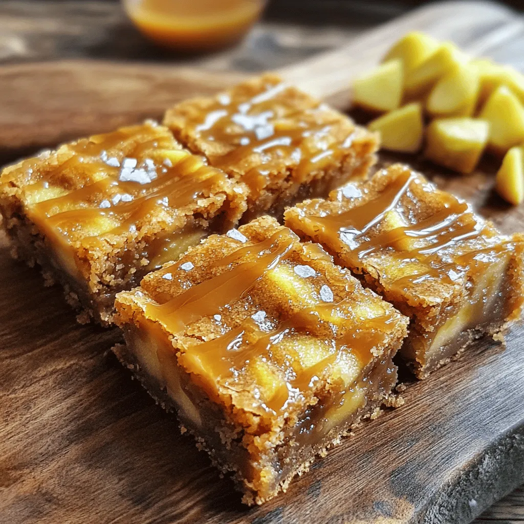 The key to the best Brown Butter Salted Caramel Apple Blondies lies in the ingredients. Each one adds to the flavor and texture. Here’s what you need: - 1 cup unsalted butter - 1 ½ cups packed brown sugar - 2 large eggs - 2 teaspoons vanilla extract - 2 cups all-purpose flour - 1 teaspoon baking powder - ½ teaspoon baking soda - ½ teaspoon salt - 1 large apple, peeled and diced (preferably Granny Smith for tartness) - ½ cup caramel sauce (store-bought or homemade) - Flaky sea salt for topping 1. Unsalted Butter: This butter adds rich flavor. Browning it brings out a nutty taste. 2. Packed Brown Sugar: It adds sweetness and moisture to the blondies. The molasses in brown sugar gives a lovely, deep flavor. 3. Eggs: Eggs help bind the mixture. They also add moisture and richness. 4. Vanilla Extract: This adds a warm, sweet note. Always use pure vanilla for the best taste. 5. All-Purpose Flour: The base of our blondies. It gives structure and helps them rise. 6. Baking Powder and Baking Soda: These leavening agents help the blondies rise and stay soft. 7. Salt: A little salt enhances sweetness. It creates a balance in flavor. 8. Apple: Use Granny Smith apples for their tartness. They hold up well and add texture. 9. Caramel Sauce: This adds a sweet, gooey layer. You can use store-bought or homemade. 10. Flaky Sea Salt for Topping: Sprinkling this on top adds a burst of flavor. It also makes the blondies look pretty. Each ingredient plays a key role in creating the perfect blondie. Enjoy the process of gathering your ingredients. You will see how they come together to create a delightful treat! - Preheat your oven to 350°F (175°C). Lightly grease a 9x13 inch baking pan. Line it with parchment paper, letting it hang over the edges. This helps you lift the blondies out after baking. - In a medium saucepan, melt 1 cup of unsalted butter over medium heat. Stir it for about 5-7 minutes. Watch it closely. You want it to turn a lovely golden brown and smell nutty. Once it does, take it off the heat and let it cool a bit. - In a large mixing bowl, pour the browned butter. Add 1 ½ cups of packed brown sugar. Whisk them together. Keep mixing until the mixture becomes smooth and creamy. - Next, add 2 large eggs, one at a time. Make sure to whisk well after each egg. Then, mix in 2 teaspoons of vanilla extract until it is fully combined. - In a separate bowl, mix 2 cups of all-purpose flour, 1 teaspoon of baking powder, ½ teaspoon of baking soda, and ½ teaspoon of salt. Whisk until they are well blended. Gradually fold this dry mix into the wet mix. Be careful not to overmix; stir until just combined. - Now, gently fold in 1 large, peeled, and diced apple. I prefer Granny Smith for its tartness. Make sure the apple pieces are evenly spread throughout the batter. - Pour half of this batter into the prepared baking pan. Spread it out evenly. Drizzle ½ cup of caramel sauce over this layer. Next, dollop the remaining batter on top and smooth it out. Finish by drizzling the rest of the caramel sauce over this top layer. - Take a knife or toothpick and create a gentle swirl in the batter. This gives a nice marbled look with the caramel. - Bake in the preheated oven for 25-30 minutes. To check if they are done, insert a toothpick into the center. If it comes out clean, they are ready. A few moist crumbs are okay; they mean the blondies will be nice and moist! - Once baked, sprinkle flaky sea salt over the warm blondies. This will stick and boost the flavor. Let them cool completely in the pan. Then, use the parchment overhang to lift them out. Cut them into squares for serving. To get the best texture in your blondies, focus on the butter. Brown the butter until it becomes golden. This adds a rich flavor. Let it cool a bit before mixing. It should not be hot when you add the eggs. This helps them mix in smoothly. For the caramel swirl, drizzle it carefully. Pour half the caramel sauce on the first layer of batter. Then, dollop the rest of the batter on top. Finish by drizzling the remaining caramel. Use a knife to create a gentle swirl. This gives a lovely marbled look. Drizzle extra caramel sauce over the blondies when serving. This adds sweetness and makes them more inviting. You can also sprinkle a bit more sea salt. The salt nicely balances the sweet flavors. Pair your blondies with ice cream or whipped cream. A scoop of vanilla ice cream works well. The creaminess of the ice cream complements the chewy blondies. It makes for a delightful dessert experience. One common mistake is overmixing the batter. Mix just until combined. Overmixing makes the blondies tough. Be gentle when folding in the diced apples too. You want them to stay intact. Another mistake is incorrect baking temperatures. Always preheat your oven to 350°F (175°C). If your oven runs hot, the blondies may bake too quickly. Check them a few minutes early to avoid overbaking. A toothpick should come out with a few moist crumbs. This means they are perfectly baked! {{image_4}} You can easily change the taste of your blondies. Adding nuts gives a nice crunch. Try walnuts or pecans for a nutty bite. Chocolate chips also work well. They add sweetness and richness. You can also use different apple types. Granny Smith apples are tart and great for balance. Honeycrisp apples add a sweet crunch. If you like softer apples, try Fuji or Gala. If you need gluten-free blondies, use almond or coconut flour. These options keep the blondies moist. Make sure to use gluten-free baking powder too! For vegan substitutions, swap eggs with flaxseed meal or applesauce. Use a plant-based butter instead of regular butter. Choose a vegan caramel sauce for the topping. You can create a fun pumpkin spice version for fall. Add pumpkin puree and pumpkin spice to the batter. This gives a warm, cozy flavor. In summer, try adding berries like blueberries or raspberries. They add a fresh taste and pop of color. You can mix them right into the batter for a fruity twist. To keep your Brown Butter Salted Caramel Apple Blondies fresh, store them in an airtight container. This method helps retain moisture and keeps them soft. Place a piece of parchment paper between layers if you stack them. This prevents sticking and keeps their top nice and smooth. If you want to save some for later, freezing is a great option. Wrap each blondie tightly in plastic wrap. Then, place them in a freezer-safe bag or container. This keeps them safe from freezer burn. When stored at room temperature, your blondies can last up to five days. Just ensure they stay in a cool, dry spot. If you refrigerate them, they can last up to a week. Always check for signs of spoilage before eating. Look for these signs to know if your blondies have gone bad: - An off smell - Changes in color - A dry or hard texture If you see any of these signs, it’s best to toss them out. Enjoy your delicious blondies fresh for the best flavor! Brown Butter Salted Caramel Apple Blondies last for about five days at room temperature. Store them in an airtight container to keep them fresh. You can also refrigerate them for up to a week. If you want to keep them longer, freeze them for up to three months. Just wrap them well to prevent freezer burn. Yes, you can use different types of apples. While Granny Smith apples add a nice tartness, you can try sweeter apples like Honeycrisp or Fuji. Each apple will change the flavor a bit, so use what you like best. Just make sure the apples are firm and diced small to blend well into the blondies. If you don’t have caramel sauce, you can make your own using sugar, butter, and cream. Another option is to use a store-bought butterscotch sauce. You can also try chocolate sauce if you prefer a different flavor. Just remember, the caramel adds sweetness and a nice texture. Absolutely! You can make the batter ahead of time and store it in the fridge for up to two days. Just cover it well. Alternatively, you can bake the blondies ahead of time and store them. They taste great after a day or two, as the flavors have time to meld. You’ll know the blondies are done when a toothpick inserted in the center comes out clean or with a few moist crumbs. They should look golden brown on top. If they are still wet, give them a few more minutes in the oven. Just be careful not to overbake, or they will become dry. You now have a clear plan to make delicious brown butter salted caramel apple blondies. Begin with quality ingredients like butter, apples, and caramel. Follow the step-by-step guide to get that perfect blend of flavors and textures. Remember the tips to avoid common mistakes, and feel free to explore variations to suit your taste. Proper storage will keep your blondies fresh for days. With these insights, you can confidently bake a delightful treat that will impress everyone. Enjoy your baking journey!