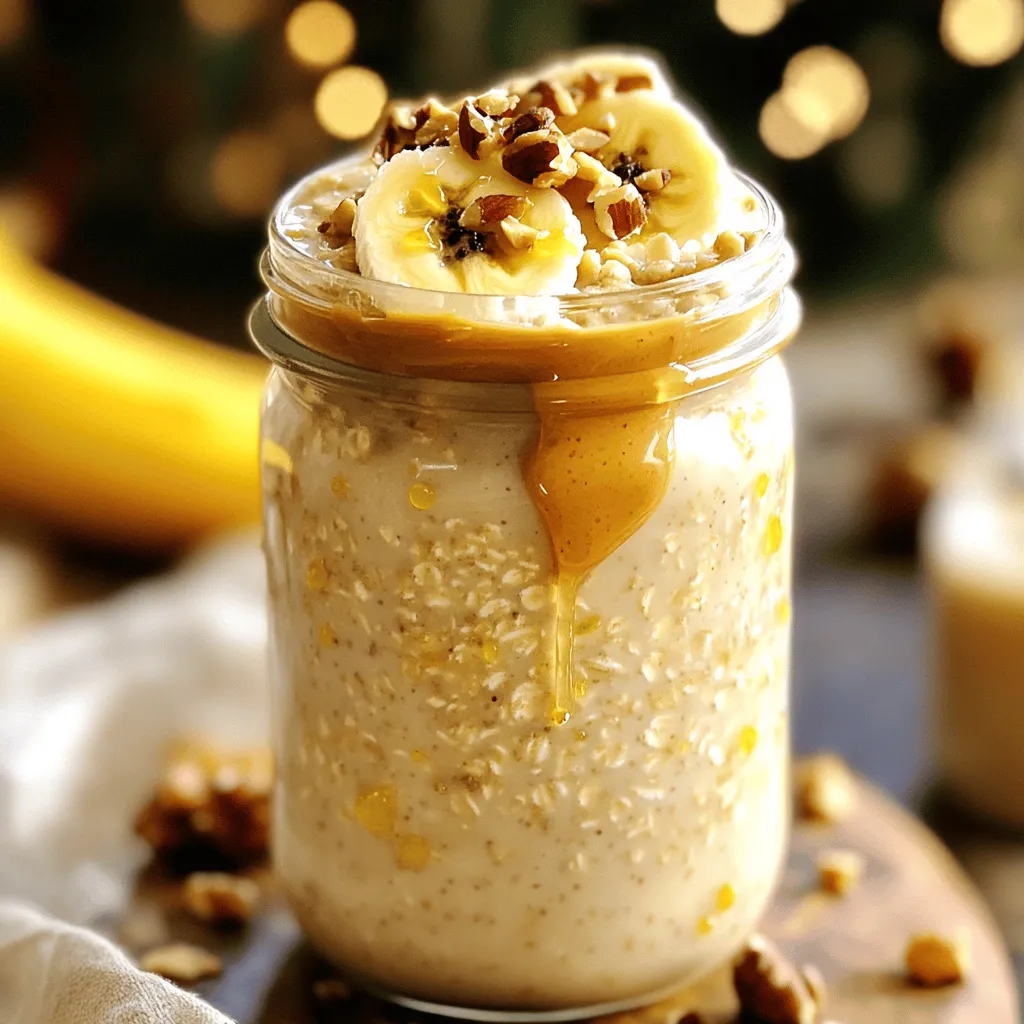 - 1/2 cup rolled oats - 1 cup almond milk (or your preferred milk) - 2 tablespoons natural peanut butter - 1 medium banana, sliced - 1 tablespoon honey or maple syrup (optional for added sweetness) - 1/2 teaspoon vanilla extract - A pinch of salt To make the best peanut butter overnight oats, start with rolled oats. They soak up the milk well, making them creamy. You can use almond milk or any milk you like. Natural peanut butter gives a rich taste. Slice a medium banana to mix in and top your oats. If you want extra sweetness, honey or maple syrup works great. A bit of vanilla extract adds depth to the flavor, while a pinch of salt balances the sweetness. - Chopped nuts - Seeds For added crunch, you can top your oats with chopped nuts or seeds. They give texture and extra nutrition. You can choose almonds, walnuts, or chia seeds. These toppings make your breakfast more exciting and filling. In a medium bowl or mason jar, add 1/2 cup of rolled oats. Pour in 1 cup of almond milk. Stir well to soak all the oats. This step helps the oats soften and absorb flavors. Next, add 2 tablespoons of natural peanut butter. If you like it sweet, include 1 tablespoon of honey or maple syrup. Then, mix in 1/2 teaspoon of vanilla extract and a pinch of salt. Stir until everything blends nicely. The peanut butter should be evenly mixed throughout. Gently fold in half of the sliced banana. Set aside the other banana slices for later. This adds a delicious banana flavor to your oats. It also gives them a nice texture. Cover your bowl or seal the mason jar tightly. Place it in the fridge. Let it chill overnight or for at least 4 hours. This allows the oats to soak up the milk and flavors. In the morning, stir the oats well. If the mixture seems too thick, add a splash of milk. Adjust until you reach your desired texture. This way, your oats will be just right for you. Top your oats with the reserved banana slices. You can also add chopped nuts or seeds for extra crunch. Enjoy your peanut butter banana delight cold or warm it up a bit. Both ways are tasty! To get the best texture for your peanut butter overnight oats, adjust the liquid. If you want thicker oats, use less milk. Start with 1 cup of almond milk and see how it turns out. If it's too thick in the morning, just add a splash of milk to loosen it up. This way, you can personalize the texture to your liking. Making oats in batches is a great way to save time. Prepare multiple jars at once. You can store them in the fridge for up to five days. This means you can enjoy a quick breakfast all week. Just grab a jar in the morning and you're all set! Finding the right sweetness is key. You can add honey or maple syrup to your oats. Start with 1 tablespoon and taste. If you want more sweetness, add a bit more. Remember, the banana also adds natural sugar, so adjust based on your taste. Enjoy experimenting until you find your perfect blend! {{image_4}} You can switch peanut butter with almond or cashew butter. Almond butter gives a nutty taste and creaminess. Cashew butter is sweet and smooth. Both options work well and add new flavors to your oats. Just use the same amount as peanut butter. Get creative with flavor! Adding cocoa powder gives a rich chocolate taste. You can also try spices like cinnamon or nutmeg. These spices add warmth and depth. Just a pinch can change everything. Mix and match to find your perfect blend. If you want a vegan meal, swap honey for maple syrup. Use any plant-based milk you like. Almond milk works great, but oat or soy milk are good too. These simple swaps keep your oats delicious and vegan-friendly. Enjoy your meal without missing out on flavor! Use a mason jar or airtight container for storage. These containers keep your oats fresh. Make sure to cover them tightly. This prevents any odors from the fridge getting into your oats. Peanut butter overnight oats can last about 3 to 5 days in the fridge. The oats will soak up the milk, making them soft and tasty. However, keep an eye on the banana slices. They will brown after a day or two, but they still taste great. To save time, prepare multiple jars at once. You can mix different flavors for variety. Divide the oats and milk into jars, then add peanut butter, honey, and vanilla. Slice the bananas fresh each day to keep them vibrant. This way, you enjoy a quick, healthy breakfast all week long! Yes, you can use instant oats. However, there are a few key differences. Instant oats cook faster than rolled oats. They also have a finer texture. This means overnight oats can be mushy if you use instant oats. Rolled oats hold their shape better. They give your dish a nice chew. Not all oats are gluten-free. Regular oats can be cross-contaminated with gluten. Look for oats marked as gluten-free. These oats are processed in a way that keeps them safe for those with gluten allergies. You can boost protein in your oats easily. Here are some great options: - Greek yogurt - Protein powder - Chia seeds - Hemp seeds - Nut butter (more than the recipe calls for) These additions keep your breakfast filling and nutritious. To reheat overnight oats, follow these simple steps: 1. Place the oats in a microwave-safe bowl. 2. Add a splash of milk for moisture. 3. Heat in the microwave for about 30-60 seconds. 4. Stir and check the temperature. Make sure it's warm but not too hot. Yes, you can freeze overnight oats! Here’s how: - Use an airtight container or mason jar. - Fill it but leave some space for expansion. - Freeze for up to three months. When you want to eat them, thaw in the fridge overnight. Enjoy your oats cold or warm them up later! You can make delicious overnight oats with simple ingredients. Start with rolled oats, your choice of milk, and peanut butter. Add banana slices and sweeteners for extra flavor. Chill overnight and enjoy them cold or warm. Experiment with toppings for added crunch. Remember, you can customize this recipe to fit your taste. Whether you prefer nut butter or want to add spices, the options are endless. Store your oats correctly for freshness. Now, it's time to enjoy your easy and tasty breakfast!