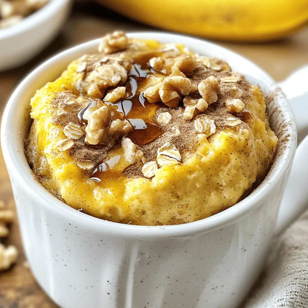 To make the High-Protein Banana Bread Mug Cake, you need the following ingredients: - 1 ripe banana, thoroughly mashed - 1/4 cup rolled oats - 1 tablespoon almond flour - 1 tablespoon protein powder (choose vanilla for sweetness or unflavored for versatility) - 1/4 teaspoon baking powder - 1/4 teaspoon ground cinnamon - 1 tablespoon almond milk (or any milk of your choice) - 1 tablespoon maple syrup or honey (optional for extra sweetness) - 1 tablespoon chopped walnuts or chocolate chips (optional for additional texture and flavor) Each ingredient plays a key role in making this cake tasty and healthy. The ripe banana adds natural sweetness and moisture. Rolled oats provide fiber and a hearty texture. Almond flour gives a nutty flavor, while protein powder boosts the cake's protein content. Baking powder helps it rise, and cinnamon gives it warmth. Almond milk keeps it moist, and the optional sweeteners add extra flavor. Lastly, walnuts or chocolate chips can make every bite exciting. Mashing the Banana Start by taking your ripe banana. Place it in a microwave-safe mug. Use a fork to mash it well. Make sure there are no lumps. A smooth base helps the cake rise nicely. Mixing the Dry Ingredients Next, add the rolled oats, almond flour, and protein powder to the mug. Stir these dry ingredients together. This step is key for a uniform mix. You want each bite to have great flavor and texture. Combining Wet Ingredients Now, sprinkle in the baking powder and ground cinnamon. Pour in the almond milk and maple syrup if you like it sweeter. Mix everything well. The batter should be smooth and blended. If you want extra flavor, fold in the chopped walnuts or chocolate chips. Microwave Cooking Instructions Place your mug in the microwave. Cook it on high for about 1 minute and 30 seconds. Microwaves vary, so check it as it cooks. You’ll see it rise and firm up. Testing for Doneness When the time is up, carefully check the cake. It should feel firm to your touch. If it's still gooey, cook for another 10-15 seconds. You want a perfect, fluffy mug cake. Enjoying from the Mug Let it cool for a minute before digging in. You can enjoy your mug cake straight from the mug. The warm, soft cake is a treat. Transferring to a Plate If you prefer, transfer it to a plate. This makes it easy to add toppings. Drizzle some honey or maple syrup on top. Add a few extra walnuts or chocolate chips for a nice touch. Enjoy your delicious high-protein banana bread mug cake! Avoiding Common Mistakes To make the best mug cake, start with a ripe banana. A green banana won't mash well. Be careful not to overmix your batter. Just stir until combined. This keeps the cake light and fluffy. Also, microwave times can differ. So, always check your cake a bit early to avoid overcooking. Adjusting Sweetness Levels If you want a sweeter cake, add more maple syrup or honey. Just one extra teaspoon can make a big difference. You can also use flavored protein powder. It adds both sweetness and taste. If you prefer less sweetness, skip the sweetener. The ripe banana will still give it a nice flavor. Adding Spices Spices can really boost the flavor of your mug cake. Consider adding a pinch of nutmeg or a dash of vanilla extract. These can enhance the banana taste. Cinnamon is great too; it adds warmth and depth. Just remember, a little goes a long way. Choosing the Right Toppings Toppings can make your mug cake even better. Try chopped walnuts for crunch. They add a nice texture. Chocolate chips are another fun option. They melt and create a tasty surprise in every bite. You can also top with a drizzle of honey or maple syrup for extra sweetness. Using Alternate Flours If you want to change the texture, try different flours. Coconut flour gives a unique taste and is gluten-free. You can also use whole wheat flour for added fiber. Just remember to adjust the liquid a bit, since these flours absorb more moisture. Additional Add-ins for Crunch For extra crunch, consider adding seeds. Flaxseed or chia seeds are great options. They boost nutrition and add texture. You can also fold in some shredded coconut. It adds chewiness and a tropical twist to your cake. {{image_4}} You can change the flavor of your mug cake easily. Here are two tasty options: - Peanut Butter Banana Mug Cake: Just add a spoonful of peanut butter to the batter. It gives a rich, nutty taste and extra protein. Mix it in after mashing the banana for a creamy feel. - Chocolate Banana Mug Cake: Add two tablespoons of cocoa powder to the dry mix. You can also toss in some chocolate chips for a sweet surprise. This option is great for chocolate lovers! You can make this mug cake fit your diet. Here are some tips: - Gluten-Free Options: Use gluten-free rolled oats and almond flour. These swap-ins keep the cake safe for those who cannot eat gluten. - Vegan Alternatives: Swap the almond milk for any plant milk. Use a plant-based protein powder instead of regular. For sweetness, choose maple syrup or agave nectar to replace honey. You can adjust the recipe based on how many people you want to serve: - Scaling the Recipe: To make more servings, just multiply the ingredients by the number of people. Each mug cake will still cook well in the microwave. - Making Multiple Servings: If you plan to serve several mugs, consider using a small bowl. Mix the batter and then scoop it into mugs. This way, you can make a quick batch for friends or family! To store your leftover mug cake, first let it cool completely. This step keeps moisture from building up. Place it in an airtight container. You can also cover the mug with plastic wrap. The mug cake will stay fresh for about 2 days in the fridge. To reheat your mug cake, simply place it back in the microwave. Heat it for 15 to 30 seconds. Check if it warms up evenly. You can also use an oven to reheat it. Preheat your oven to 350°F (175°C). Put the mug on a baking sheet and heat for 5 to 10 minutes. Yes, you can freeze this mug cake! Wrap it tightly in plastic wrap or foil. Place it in a freezer-safe bag. It can last up to 2 months in the freezer. When you're ready to eat, take it out of the freezer. Let it thaw in the fridge overnight. For a quick method, use the microwave for 1 to 2 minutes on low. Check to ensure it's heated through. Enjoy your warm treat! A mug cake is a single-serving cake made in a mug. You mix the ingredients, microwave it, and enjoy. It’s quick and easy, perfect for a sweet treat without much fuss. You can customize it with flavors, toppings, and add-ins. Yes, you can use different protein powders! Vanilla gives a nice sweetness. Unflavored works well if you want to keep it neutral. You can also try chocolate or plant-based options. Just make sure it’s a powder that blends well into the batter. To make this recipe vegan, swap almond milk for any plant milk you like. Use maple syrup instead of honey. Ensure your protein powder is plant-based as well. This way, you keep all the flavor and protein without any animal products. Yes, you can double the recipe! Just mix all the ingredients in a larger bowl. Use a bigger mug or two mugs. Adjust the cooking time to about 2–3 minutes. Check if it’s done by feeling for firmness. If your mug cake isn’t rising, check a few things. Make sure you added baking powder. Ensure your microwave is set to the right power level. Don’t over-mix the batter, as this can affect the rise. Lastly, it might need more cooking time. You've learned how to make a simple and tasty mug cake. We covered the ingredients, from ripe banana to protein powder. I shared step-by-step instructions for mixing and cooking. Plus, we explored tips to improve texture and flavor. You can also personalize your cake with variations to fit your diet. Whether you enjoy it straight from the mug or on a plate, this treat is easy to make and fun to share. Enjoy creating your mug cake masterpiece!