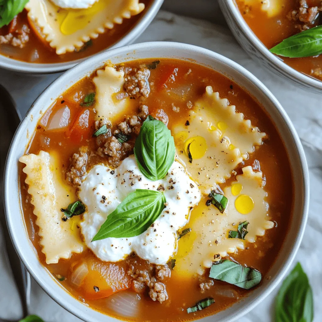- 1 lb ground beef or turkey - 1 medium onion, diced - 3 cloves garlic, minced - 1 bell pepper, diced (red or green for color) - 1 can (28 oz) crushed tomatoes - 3 cups beef broth (or vegetable broth for a lighter option) - 2 teaspoons dried oregano - 1 teaspoon dried basil - 1/2 teaspoon red pepper flakes (adjust to taste) - Salt and pepper to taste I love using ground beef or turkey as the base. It adds rich flavor to the soup. Diced onion and minced garlic create a savory foundation. Bell pepper gives a nice crunch and color. Crushed tomatoes and beef broth add depth and heartiness. Seasonings like oregano and basil bring that classic Italian taste. A dash of red pepper flakes gives it a gentle kick. Don’t forget to add salt and pepper to enhance all the flavors! - 1 cup ricotta cheese - 2 cups shredded mozzarella cheese Ricotta cheese adds creaminess and a hint of sweetness. It blends wonderfully into the soup. Shredded mozzarella is a must for that melty goodness. When stirred in, it creates a rich, cheesy texture that makes this dish so comforting! - Fresh basil leaves - Olive oil Fresh basil leaves are the perfect finishing touch. They add a pop of color and fresh flavor. A drizzle of olive oil can elevate the soup to a whole new level. It adds richness and a beautiful sheen. Enjoy your soup with these simple yet impactful garnishes! First, I heat a skillet over medium heat. I add 1 pound of ground beef or turkey. I cook it until it's browned, which takes about 6 to 8 minutes. Next, I add 1 diced onion, 3 minced garlic cloves, and 1 diced bell pepper. I sauté these until the vegetables become tender and fragrant, around 5 to 7 minutes. Once everything is cooked, I drain any excess fat from the skillet. After cooking, I carefully pour the meat and vegetable mix into my slow cooker. I then add 1 can of crushed tomatoes and 3 cups of beef broth. Next, I mix in 2 teaspoons of dried oregano, 1 teaspoon of dried basil, and 1/2 teaspoon of red pepper flakes. I also add a generous pinch of salt and pepper. I stir everything together until well combined. Now, I cover the slow cooker with the lid. I set it to cook on low for 4 to 6 hours or on high for 2 to 3 hours. I like to check it at the earlier mark to make sure the flavors meld perfectly. About 30 minutes before serving, I add 8 ounces of broken lasagna noodles to the soup. I stir gently and cover the slow cooker again. When the noodles are tender, I take off the lid and fold in 1 cup of ricotta cheese and half of the 2 cups of shredded mozzarella cheese. I stir until the mixture is creamy and delicious. I ladle the rich soup into warm bowls, making sure each bowl is full. I generously top each serving with the remaining mozzarella cheese. For a pop of color, I garnish with fresh basil leaves. I like to serve this soup in wide, shallow bowls to show off its layers. A drizzle of olive oil and a side of crunchy garlic bread make this meal even better. - Customize seasoning levels: You can adjust the oregano and basil to fit your taste. If you like it spicy, add more red pepper flakes. I often taste as I go to get it just right. - Add more vegetables: Feel free to toss in extra veggies like zucchini or spinach. They add color and nutrition without changing the soup's core flavor. - Adjusting thickness with broth: If the soup is too thick, add more broth. You can use vegetable broth for a lighter option. This helps maintain a nice balance in your soup. - Cooking noodles to perfection: Add the broken lasagna noodles about 30 minutes before serving. This keeps them from getting mushy and helps them absorb the soup's rich flavors. - Pair with garlic bread or salad: A side of garlic bread complements the soup nicely. It gives you a crunchy contrast to the soft soup. A fresh salad adds a nice touch, too. - Using different types of cheese: While mozzarella is classic, try adding provolone or gouda for a twist. Mixing cheeses can elevate the flavor profile and make your meal more exciting. {{image_4}} You can easily make a vegetarian version of lasagna soup. Simply swap out the meat. Use lentils or mushrooms for a hearty base. Lentils add protein, while mushrooms give umami flavor. For broth, use vegetable broth instead of beef broth. This keeps the soup light and fresh. You can try different meats for your soup. Ground turkey, chicken, or sausage work great. Each meat brings its unique taste. When using turkey or chicken, keep the cooking time the same. Sausage may need a bit longer to cook through. Adjust your cooking times based on the meat you choose. Feel free to customize your soup with different pasta shapes. Bowtie or elbow pasta can add a fun twist. You can also add beans or spinach for extra nutrition. Beans boost fiber, while spinach adds vitamins. These additions make your soup even more filling and healthy. Store leftovers in an airtight container. Let the soup cool first. This keeps it fresh longer. You can store it for up to 3-4 days in the fridge. When you reheat it, stir well to mix the flavors. Adding a splash of broth can help restore its creaminess. You can freeze lasagna soup for up to 3 months. Use a freezer-safe container and leave some space at the top. This allows the soup to expand as it freezes. To reheat, thaw it in the fridge overnight. Heat it on the stove until hot, stirring often. If it's too thick, add a little broth or water. In the fridge, lasagna soup lasts about 3-4 days. In the freezer, it can last up to 3 months. Signs of spoilage include an off smell or discoloration. If you notice these signs, it’s best to throw it away. Keeping your soup fresh helps you enjoy it longer! Yes, you can! To make this soup gluten-free, use gluten-free lasagna noodles. Many brands offer gluten-free options that hold up well in soups. Look for ones made from rice or corn for the best texture. You can also try using zucchini noodles or even gluten-free pasta. These alternatives keep the dish delicious while meeting your dietary needs. To add spice, you can increase the red pepper flakes. Start with one teaspoon and adjust to your taste. You might also add diced jalapeños or a dash of hot sauce. For a smoky flavor, consider adding smoked paprika. Experimenting with these options lets you create the perfect heat level for your palate. Absolutely! While ricotta and mozzarella are classic choices, you can mix it up. Try using cottage cheese for a lighter option. You can also add provolone or gouda for a unique twist. For a bold flavor, parmesan cheese works well too. Feel free to explore different cheese blends to find your favorite. This soup goes great with several sides. A crunchy garlic bread is a classic choice. It complements the soup’s richness beautifully. A simple green salad with a light vinaigrette adds freshness. You might also serve roasted vegetables for a healthy touch. These sides enhance your meal and make it more satisfying. This blog post explored how to make a delicious lasagna soup. We covered key ingredients like ground beef, tomatoes, and cheese. I shared easy steps for preparing, cooking, and serving the soup. You can also add your own twist, like a vegetarian version or different cheeses. Remember, cooking should be fun and creative. Feel free to experiment with flavors and textures. Enjoy every warm bowl of your homemade lasagna soup!