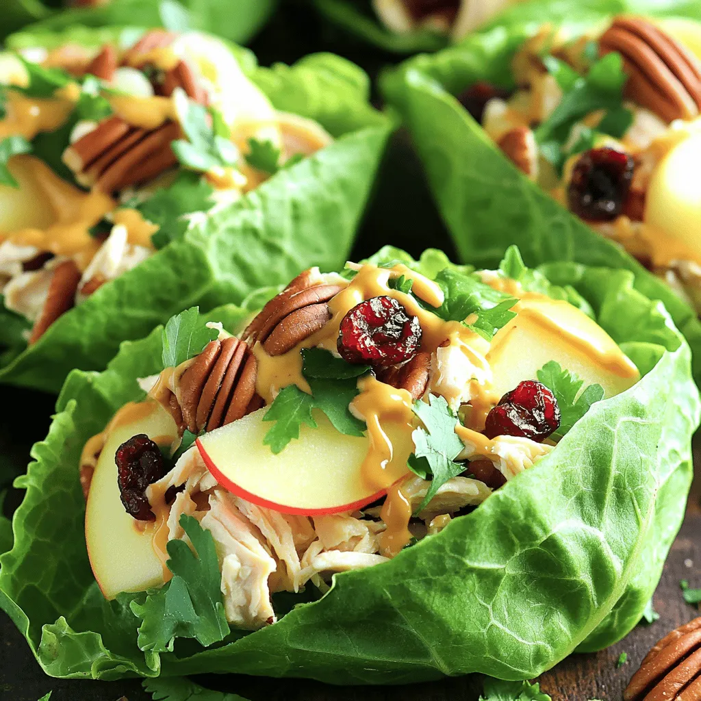 - 2 cups cooked chicken breast, shredded - 1/2 cup dried cranberries - 1/2 cup chopped pecans The main ingredients form the base of the chicken salad. I like to use cooked chicken breast, which is tender and easy to shred. The dried cranberries bring a sweet and tart flavor. Chopped pecans add a nice crunch and nutty taste. Together, they create a lovely blend. - 1/4 cup plain Greek yogurt - 1/4 cup mayonnaise - 1 tablespoon Dijon mustard For the dressing, I mix Greek yogurt and mayonnaise. This combination gives a creamy texture. The Dijon mustard adds tanginess. It’s simple yet delicious, and it coats the salad perfectly. - 1 tablespoon honey - 1/4 teaspoon garlic powder - 1/4 teaspoon salt - 1/4 teaspoon black pepper - 4 large lettuce leaves (romaine or butter lettuce) I add honey for sweetness, which balances the flavors. Garlic powder, salt, and black pepper enhance the taste. The lettuce leaves serve as wraps. They add freshness and a nice crunch. You can also add apple slices for extra crunch. Fresh herbs like parsley or chives can be a lovely garnish. In a large bowl, combine the shredded chicken, dried cranberries, and chopped pecans. Mix gently to blend the flavors without breaking the chicken. This step is key for a good texture. Each bite should have sweetness from the cranberries and crunch from the pecans. In a smaller bowl, whisk together the Greek yogurt, mayonnaise, Dijon mustard, honey, garlic powder, salt, and black pepper. Keep whisking until the mixture is smooth. This dressing brings creaminess and a hint of sweetness to the salad. It really ties all the flavors together. Pour the dressing over the chicken mixture. Gently fold the dressing into the chicken. Make sure every piece gets coated well. Taste the salad and adjust the seasoning. If it needs more sweetness, add a bit more honey. If it lacks flavor, sprinkle in a little more salt. This is your chance to make it perfect for your palate. - Presentation Ideas for Wraps: Place the wraps on a bright platter. This makes them pop! You can drizzle some extra honey on top for a sweet touch. Sprinkle fresh herbs around the wraps for a beautiful look. Use colorful lettuce for added flair. - Adding Extra Crunch with Apple Slices: Thin apple slices add a nice crunch. They pair well with the salad's flavors. You can mix them in or place them on top. This makes each bite more fun and tasty. - Best Practices for Storing Leftovers: Keep any leftover chicken salad in an airtight container. This helps keep it fresh. Store it in the fridge right away. You can also wrap the remaining lettuce leaves separately. - Duration for Keeping Salad Fresh: The chicken salad stays good for about 3 days in the fridge. After that, the flavors may fade. Always check for any changes in color or smell before eating. - Alternatives for Chicken and Dressing Components: If you don't have chicken, use canned tuna or chickpeas. For the dressing, you can swap Greek yogurt for sour cream. If you want a lighter option, use only mayonnaise or a yogurt-based dressing. - Options for a Vegan or Vegetarian Version: For a vegan twist, replace chicken with tofu or tempeh. Use vegan mayo instead of regular mayo. You can also add more veggies, like bell peppers or cucumbers, to enhance the salad's texture and flavor. {{image_4}} You can add sweet flavors to your salad. Try mixing in raisins or grapes. These fruits give a nice burst of sweetness. If you want more crunch, add celery or green onions. These savory options balance the sweetness of cranberries. Not a fan of lettuce? You can use tortillas or pita bread instead. They add a fun twist and make a great wrap. For those who need gluten-free options, look for gluten-free tortillas. They work well and taste great. Want to skip dairy? Use a dairy-free yogurt or mayo. These options keep your wrap creamy without dairy. You can also spice up the dressing! Add fresh herbs like dill or basil for a new taste. A pinch of paprika can also bring warmth and depth. Each serving of Cranberry Pecan Chicken Salad Wraps has about 300 calories. This number can vary based on your exact ingredients. The chicken provides lean protein, which helps build muscles. Dried cranberries add natural sweetness and fiber. Pecans bring healthy fats, which are good for your heart. Greek yogurt adds protein and calcium, making this wrap a balanced meal. This recipe contains common allergens. It includes nuts (pecans), dairy (Greek yogurt), and possibly gluten if you use wraps. If you have allergies, consider these tips: - Use sunflower seeds instead of pecans. - Substitute Greek yogurt with a dairy-free yogurt. - Choose gluten-free wraps or lettuce leaves for a low-carb option. Chicken is a great source of protein, which helps you feel full. It also supports muscle growth and repair. Cranberries are packed with antioxidants, which protect your cells. They can also support urinary health. Pecans provide omega-3 fatty acids, which are good for your brain. Greek yogurt is rich in probiotics, which help your gut health. It also contains calcium, which is vital for strong bones. Overall, this wrap is not just tasty; it’s also good for you! You can prep this chicken salad wrap easily. First, make the chicken salad mix. Store it in a covered bowl in the fridge. Keep the lettuce leaves separate. This way, they stay crisp. You can also slice apples ahead of time, but add them just before serving. This keeps them from browning. When you are ready to eat, just assemble your wraps! Freezing these wraps is not ideal. The lettuce will get soggy when thawed. However, you can freeze the chicken salad mix. Store it in an airtight container. When you want to eat it, thaw it in the fridge overnight. Make fresh wraps with crisp lettuce and apple slices for the best taste. These wraps pair well with many sides. Here are some ideas: - Fresh fruit salad - Potato chips or veggie chips - A light soup, like tomato or cucumber - A simple green salad with a light dressing These sides will complement the flavors in your wraps and make a complete meal. This blog post covered a tasty chicken salad wrap with dried cranberries and pecans. You learned how to prepare the chicken mixture and make a creamy dressing. I shared tips on serving, storing, and ingredient swaps. In the end, this dish is versatile and healthy. It’s easy to customize for your taste. You can switch ingredients for a fun twist. Whether for meal prep or a quick snack, you now have the tools for delicious wraps. Enjoy making this recipe your own!