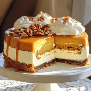 This cheesecake is a blend of sweet and savory. Here’s what you need: - 1 ½ cups graham cracker crumbs - ¼ cup unsalted butter, melted - 1 cup pecans, chopped (plus extra for topping) - 3 packages (8 oz each) cream cheese, softened - 1 cup granulated sugar - 1 cup pumpkin puree (canned or homemade) - 3 large eggs, at room temperature - 1 teaspoon pure vanilla extract - 1 teaspoon ground cinnamon - ½ teaspoon ground nutmeg - ¼ teaspoon ground ginger - ½ cup caramel sauce (store-bought or homemade) - Whipped cream for garnish (optional) Each ingredient plays a key role. The graham cracker crumbs form a tasty base. The cream cheese gives the cheesecake its rich and creamy texture. Pumpkin adds that delightful fall flavor, while spices like cinnamon and nutmeg bring warmth. While the cheesecake shines on its own, you can add more flair: - Extra chopped pecans - A drizzle of caramel sauce - Whipped cream - A sprig of mint for color These toppings enhance the dish’s look and taste. They add crunch, sweetness, and a touch of elegance. Don’t have something on hand? Here are some swaps: - Use almond or coconut flour for a gluten-free crust. - Replace cream cheese with mascarpone for a different flavor. - Use maple syrup instead of granulated sugar for a unique twist. - Swap pumpkin puree for sweet potato puree for a change. These options keep your cheesecake delicious while catering to dietary needs. Just remember to keep the balance of flavors in mind! Start by preheating your oven to 325°F (163°C). This step is key. You want the oven hot when you bake your cheesecake. Grab a 9-inch springform pan. This pan helps the cheesecake come out easily. In a medium bowl, mix 1 ½ cups of graham cracker crumbs, ¼ cup of melted unsalted butter, and 1 cup of chopped pecans. Stir until all crumbs are coated. Press this mix into the bottom of your springform pan. Make it flat and even. Bake the crust for 10 minutes, then let it cool slightly. In a large bowl, beat 3 packages of softened cream cheese and 1 cup of granulated sugar. Use an electric mixer on medium speed. Mix until smooth and creamy. Add 1 cup of pumpkin puree, 1 teaspoon of vanilla extract, 1 teaspoon of cinnamon, ½ teaspoon of nutmeg, and ¼ teaspoon of ginger. Blend until everything is well mixed. Gently add 3 large eggs to the mix, one at a time. Beat on low speed after each egg until just combined. Pour the cheesecake batter over the cooled crust. Smooth the top with a spatula. Bake for 55-60 minutes. The edges should be set, but the center can jiggle a bit. Turn off the oven and leave the cheesecake inside for 1 hour. This helps prevent cracks. After that, chill it in the fridge for at least 4 hours. Once the cheesecake is chilled, drizzle ½ cup of caramel sauce over the top. You can use store-bought or make your own. Sprinkle some extra chopped pecans on top. For a fun touch, serve with whipped cream on the side. Enjoy every bite of this creamy delight! To prevent cracking, follow these key steps: - Room Temperature Ingredients: Start with cream cheese and eggs at room temperature. This helps mix evenly and keeps air out. - Mix Gently: When adding eggs, mix on low. Overmixing adds air, which can cause cracks. - Gradual Cooling: After baking, leave the cheesecake in the oven with the door ajar for an hour. This slow cooling reduces sudden temperature changes. - Water Bath Method: You can also bake the cheesecake in a water bath. Wrap the springform pan with foil to keep water out, then place it in a larger pan filled with hot water. For perfect whipped cream, follow these tips: - Chill Your Tools: Put your mixing bowl and beaters in the fridge for 10-15 minutes. Cold tools help the cream whip better. - Use Heavy Cream: Opt for heavy cream or whipping cream. They have a high-fat content, which whips up nicely. - Add Sugar Gradually: Start whipping on low speed, then slowly add sugar. This helps the sugar dissolve and keeps the cream smooth. - Watch the Texture: Stop when soft peaks form. Overwhipping can turn the cream into butter. Both store-bought and homemade caramel have their perks. Here’s how to choose: - Store-bought Caramel: It’s quick and easy. Look for high-quality brands with simple ingredients for a rich flavor. - Homemade Caramel: Making your own allows control over taste and texture. Use sugar, butter, and cream. Cook until golden for a deeper flavor. - Mixing It Up: You can swirl in store-bought caramel with homemade for an interesting texture. This adds a personal touch without extra work. {{image_4}} You can easily add chocolate to this cheesecake. Start by mixing in ½ cup of cocoa powder with the cream cheese and sugar. This adds a rich, chocolatey depth to the filling. You can also swirl in melted chocolate before baking. Top it off with chocolate shavings for a stunning finish. If you want a gluten-free crust, use gluten-free graham cracker crumbs. You can also crush gluten-free cookies like almond or oat cookies. Use the same amount as the original recipe. Mix these crumbs with melted butter and pecans to create a tasty base. To make a vegan version, swap the cream cheese for a plant-based alternative like cashew cream or tofu. Use flax eggs instead of regular eggs, mixing 1 tablespoon of ground flax with 3 tablespoons of water for each egg. For the crust, ensure all ingredients are vegan-friendly, including the caramel sauce. This makes a delicious and inclusive dessert everyone can enjoy! To store your caramel pecan pumpkin cheesecake, wrap it tightly. Use plastic wrap or aluminum foil. This keeps the cheesecake fresh and prevents it from drying out. Place it in the fridge if you plan to eat it soon. A sealed container also works well for longer storage. Make sure it stays cool and dry. When stored properly in the fridge, your cheesecake lasts about 5 to 7 days. If you notice any change in texture or smell, it’s best to toss it out. I recommend eating it within this time for the best taste. The flavors stay fresh and enjoyable for a week. To freeze leftover cheesecake, slice it into pieces. Wrap each piece in plastic wrap. Then, place the slices in a freezer bag. Remove as much air as possible. This helps prevent freezer burn. Cheesecake can last up to 3 months in the freezer. When ready to eat, thaw it in the fridge overnight. Enjoy it cold or at room temperature for the best flavor. Yes, you can make this cheesecake ahead of time. It tastes better after chilling overnight. This allows the flavors to meld together nicely. Just cover it well in the fridge. You can also freeze it for up to three months. If you freeze it, let it thaw in the fridge before serving. If you don't have a springform pan, you can use a regular cake pan. Just line the bottom with parchment paper for easy removal. After baking, let it cool completely before flipping it out. Be gentle when removing the cheesecake to avoid breaking it. Yes, fresh pumpkin works well in this recipe. Just make sure to cook and puree it first. Use a sugar pumpkin for the best flavor. Strain it to remove excess water before adding it to the cheesecake filling. You’ll know the cheesecake is done when the edges are set. The center should still jiggle a bit when you gently shake it. It will firm up as it cools. If the top starts to brown, it may be overcooked. Check it regularly during the last few minutes of baking. This blog post covered how to make a delicious Caramel Pecan Pumpkin Cheesecake. We discussed key ingredients, step-by-step baking, helpful tips, and creative variations. You can bake this cheesecake with ease using the methods shared. My final thought is that this treat is a great way to enjoy fall flavors all year round. With the right techniques, you can impress anyone with this dessert. Enjoy your baking journey!