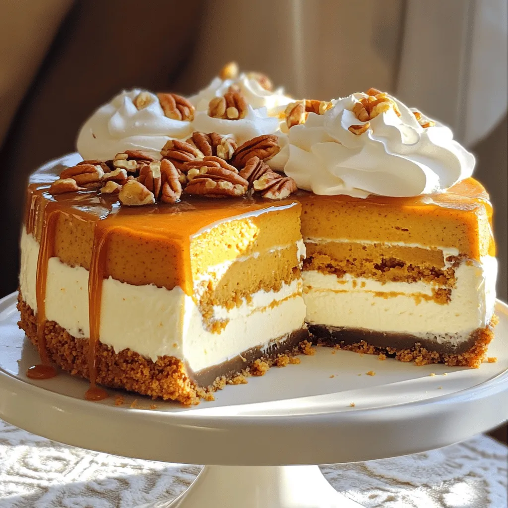 This cheesecake is a blend of sweet and savory. Here’s what you need: - 1 ½ cups graham cracker crumbs - ¼ cup unsalted butter, melted - 1 cup pecans, chopped (plus extra for topping) - 3 packages (8 oz each) cream cheese, softened - 1 cup granulated sugar - 1 cup pumpkin puree (canned or homemade) - 3 large eggs, at room temperature - 1 teaspoon pure vanilla extract - 1 teaspoon ground cinnamon - ½ teaspoon ground nutmeg - ¼ teaspoon ground ginger - ½ cup caramel sauce (store-bought or homemade) - Whipped cream for garnish (optional) Each ingredient plays a key role. The graham cracker crumbs form a tasty base. The cream cheese gives the cheesecake its rich and creamy texture. Pumpkin adds that delightful fall flavor, while spices like cinnamon and nutmeg bring warmth. While the cheesecake shines on its own, you can add more flair: - Extra chopped pecans - A drizzle of caramel sauce - Whipped cream - A sprig of mint for color These toppings enhance the dish’s look and taste. They add crunch, sweetness, and a touch of elegance. Don’t have something on hand? Here are some swaps: - Use almond or coconut flour for a gluten-free crust. - Replace cream cheese with mascarpone for a different flavor. - Use maple syrup instead of granulated sugar for a unique twist. - Swap pumpkin puree for sweet potato puree for a change. These options keep your cheesecake delicious while catering to dietary needs. Just remember to keep the balance of flavors in mind! Start by preheating your oven to 325°F (163°C). This step is key. You want the oven hot when you bake your cheesecake. Grab a 9-inch springform pan. This pan helps the cheesecake come out easily. In a medium bowl, mix 1 ½ cups of graham cracker crumbs, ¼ cup of melted unsalted butter, and 1 cup of chopped pecans. Stir until all crumbs are coated. Press this mix into the bottom of your springform pan. Make it flat and even. Bake the crust for 10 minutes, then let it cool slightly. In a large bowl, beat 3 packages of softened cream cheese and 1 cup of granulated sugar. Use an electric mixer on medium speed. Mix until smooth and creamy. Add 1 cup of pumpkin puree, 1 teaspoon of vanilla extract, 1 teaspoon of cinnamon, ½ teaspoon of nutmeg, and ¼ teaspoon of ginger. Blend until everything is well mixed. Gently add 3 large eggs to the mix, one at a time. Beat on low speed after each egg until just combined. Pour the cheesecake batter over the cooled crust. Smooth the top with a spatula. Bake for 55-60 minutes. The edges should be set, but the center can jiggle a bit. Turn off the oven and leave the cheesecake inside for 1 hour. This helps prevent cracks. After that, chill it in the fridge for at least 4 hours. Once the cheesecake is chilled, drizzle ½ cup of caramel sauce over the top. You can use store-bought or make your own. Sprinkle some extra chopped pecans on top. For a fun touch, serve with whipped cream on the side. Enjoy every bite of this creamy delight! To prevent cracking, follow these key steps: - Room Temperature Ingredients: Start with cream cheese and eggs at room temperature. This helps mix evenly and keeps air out. - Mix Gently: When adding eggs, mix on low. Overmixing adds air, which can cause cracks. - Gradual Cooling: After baking, leave the cheesecake in the oven with the door ajar for an hour. This slow cooling reduces sudden temperature changes. - Water Bath Method: You can also bake the cheesecake in a water bath. Wrap the springform pan with foil to keep water out, then place it in a larger pan filled with hot water. For perfect whipped cream, follow these tips: - Chill Your Tools: Put your mixing bowl and beaters in the fridge for 10-15 minutes. Cold tools help the cream whip better. - Use Heavy Cream: Opt for heavy cream or whipping cream. They have a high-fat content, which whips up nicely. - Add Sugar Gradually: Start whipping on low speed, then slowly add sugar. This helps the sugar dissolve and keeps the cream smooth. - Watch the Texture: Stop when soft peaks form. Overwhipping can turn the cream into butter. Both store-bought and homemade caramel have their perks. Here’s how to choose: - Store-bought Caramel: It’s quick and easy. Look for high-quality brands with simple ingredients for a rich flavor. - Homemade Caramel: Making your own allows control over taste and texture. Use sugar, butter, and cream. Cook until golden for a deeper flavor. - Mixing It Up: You can swirl in store-bought caramel with homemade for an interesting texture. This adds a personal touch without extra work. {{image_4}} You can easily add chocolate to this cheesecake. Start by mixing in ½ cup of cocoa powder with the cream cheese and sugar. This adds a rich, chocolatey depth to the filling. You can also swirl in melted chocolate before baking. Top it off with chocolate shavings for a stunning finish. If you want a gluten-free crust, use gluten-free graham cracker crumbs. You can also crush gluten-free cookies like almond or oat cookies. Use the same amount as the original recipe. Mix these crumbs with melted butter and pecans to create a tasty base. To make a vegan version, swap the cream cheese for a plant-based alternative like cashew cream or tofu. Use flax eggs instead of regular eggs, mixing 1 tablespoon of ground flax with 3 tablespoons of water for each egg. For the crust, ensure all ingredients are vegan-friendly, including the caramel sauce. This makes a delicious and inclusive dessert everyone can enjoy! To store your caramel pecan pumpkin cheesecake, wrap it tightly. Use plastic wrap or aluminum foil. This keeps the cheesecake fresh and prevents it from drying out. Place it in the fridge if you plan to eat it soon. A sealed container also works well for longer storage. Make sure it stays cool and dry. When stored properly in the fridge, your cheesecake lasts about 5 to 7 days. If you notice any change in texture or smell, it’s best to toss it out. I recommend eating it within this time for the best taste. The flavors stay fresh and enjoyable for a week. To freeze leftover cheesecake, slice it into pieces. Wrap each piece in plastic wrap. Then, place the slices in a freezer bag. Remove as much air as possible. This helps prevent freezer burn. Cheesecake can last up to 3 months in the freezer. When ready to eat, thaw it in the fridge overnight. Enjoy it cold or at room temperature for the best flavor. Yes, you can make this cheesecake ahead of time. It tastes better after chilling overnight. This allows the flavors to meld together nicely. Just cover it well in the fridge. You can also freeze it for up to three months. If you freeze it, let it thaw in the fridge before serving. If you don't have a springform pan, you can use a regular cake pan. Just line the bottom with parchment paper for easy removal. After baking, let it cool completely before flipping it out. Be gentle when removing the cheesecake to avoid breaking it. Yes, fresh pumpkin works well in this recipe. Just make sure to cook and puree it first. Use a sugar pumpkin for the best flavor. Strain it to remove excess water before adding it to the cheesecake filling. You’ll know the cheesecake is done when the edges are set. The center should still jiggle a bit when you gently shake it. It will firm up as it cools. If the top starts to brown, it may be overcooked. Check it regularly during the last few minutes of baking. This blog post covered how to make a delicious Caramel Pecan Pumpkin Cheesecake. We discussed key ingredients, step-by-step baking, helpful tips, and creative variations. You can bake this cheesecake with ease using the methods shared. My final thought is that this treat is a great way to enjoy fall flavors all year round. With the right techniques, you can impress anyone with this dessert. Enjoy your baking journey!