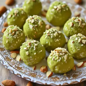 When making No-Bake Matcha White Chocolate Truffles, you need the right ingredients. Here’s what you will need: - 1 cup white chocolate chips - 1/2 cup heavy cream - 2 tablespoons matcha green tea powder - 1/4 teaspoon vanilla extract - Pinch of salt - 1/2 cup crushed almonds (for coating) - Extra matcha powder (for optional dusting) Each ingredient plays a key role in creating these delightful treats. The white chocolate gives a creamy base, while the heavy cream adds smoothness. Matcha powder brings a unique flavor and color that makes these truffles stand out. Vanilla extract adds depth, and a pinch of salt balances the sweetness. Crushed almonds provide a nice crunch as a coating, and the extra matcha dusting adds a lovely touch on top. Gather these ingredients for a fun and easy cooking adventure. You’ll create a treat that is not only delicious but also visually appealing. - Place white chocolate chips and heavy cream in a saucepan. - Heat over low, stirring constantly until smooth. Melting the chocolate is crucial. This step sets the base for our truffles. If the heat is too high, chocolate can seize. Always keep it low and steady. The mixture should be creamy and glossy. - Add matcha powder, vanilla, and salt to the melted mixture. - Stir well to combine until the color is bright green. This is where the magic happens! Matcha adds a unique flavor. The vanilla gives warmth, while salt enhances sweetness. Make sure to mix thoroughly. You want every bite to taste just right. - Transfer the mix to a bowl and cover with plastic wrap. - Refrigerate for about 1 hour until it firms up. Chilling is key for shaping. If the mixture is too soft, rolling will be tough. After an hour, it should feel like dough. You'll know it's ready when it holds its shape. - Use a scoop to take portions of the mixture. - Roll them into balls, making sure they are smooth. This part is fun! You can use your palms to create the perfect spheres. Aim for uniform sizes so they look neat. Compact each truffle well. This ensures they hold together. - Roll each ball in crushed almonds. - Place them on a parchment-lined baking sheet. Coating adds crunch and flavor. Almonds pair well with matcha and white chocolate. Make sure to coat each truffle evenly. This creates a beautiful contrast in texture. - Optionally, dust with extra matcha powder. - Refrigerate for another 30 minutes before serving. Dusting is a fun way to add flair. It enhances the green color and taste. After chilling again, they will be ready to enjoy. The final texture should be firm yet creamy. To get the perfect texture, chilling time is key. After mixing your ingredients, refrigerate the truffle mixture for about one hour. This step makes it easier to shape the truffles. For rolling uniform-sized truffles, use a small cookie scoop or your hands. Aim for each truffle to be about one inch in size. This helps them cook evenly and look great. You can boost flavor with different nut coatings. Try using crushed pistachios or shredded coconut for a twist. Adding a splash of flavored extracts, like almond or orange, can also add variety. Just a few drops can change the whole taste. Experimenting with flavors keeps your truffles exciting. To wow your guests, arrange the truffles on a pretty platter. Scatter some whole almonds around them for a nice touch. Finally, dust the tops with extra matcha powder. This not only looks great but also adds a hint of flavor. A beautiful presentation makes these truffles even more special. {{image_4}} You can have fun with coatings for these truffles. If you want a tropical twist, try rolling them in shredded coconut. It adds a nice texture and flavor. Another option is crushed pistachios, which give a lovely green color and a nutty crunch. If you prefer a richer taste, dip the truffles in dark chocolate. This extra layer of chocolate brings a bold flavor that balances the sweetness of white chocolate. Sometimes, you might want less sweetness. To do this, simply use less white chocolate. This way, you still get the creamy taste without the extra sugar. If you want a different sweetener, try adding honey or maple syrup. Both give a nice flavor and work well with matcha. It’s a fun way to customize the truffles to your taste. Matcha has a unique flavor, but you can switch it up. Try using cocoa powder for a chocolate version. It gives a rich, deep taste that pairs well with white chocolate. You can also explore berry powders. They add a fruity note and a pretty color. This way, you can enjoy different flavors while making the same truffle base. To keep your no-bake matcha white chocolate truffles fresh, use an airtight container. This helps prevent moisture and keeps them from drying out. When molding the truffles, make sure they are smooth and compact. This shape helps them last longer in storage. If you want to save your truffles for later, freezing works well. Place the truffles in a single layer on a baking sheet. Freeze them for about 1 hour. Once frozen, transfer them to an airtight container. When you want to enjoy them, let them thaw in the fridge for a few hours. This keeps the taste fresh and delicious. In the refrigerator, your truffles will last about one week. Look for signs of spoilage, like a change in color or an off smell. If they look dry or crumbly, it's best to toss them. No-bake matcha truffles can last up to one week in the fridge. Store them in an airtight container to keep them fresh. If you want them to last longer, you can freeze them for up to three months. Just remember to thaw them in the fridge overnight before serving. Yes, you can use white chocolate bars instead of chips. Just chop the bars into small pieces to help them melt evenly. This swap can also give a richer flavor, making your truffles even more delicious. If you need a substitute for heavy cream, you can use coconut cream or cashew cream. Both options will give a creamy texture. However, keep in mind that these swaps might change the flavor slightly. Yes, matcha is safe for children in moderation. It has less caffeine than coffee. It also offers antioxidants, which can be good for health. Just make sure not to give them too much, as with any caffeinated product. To make these truffles vegan, you can use dairy-free white chocolate and coconut cream instead of heavy cream. This keeps the same creamy texture while making them suitable for a vegan diet. Serve your no-bake truffles chilled on a decorative platter. You can arrange them with whole almonds around the truffles for an inviting look. A sprinkle of extra matcha powder on top adds a nice touch too! In this blog post, we explored how to create delicious no-bake matcha truffles. You learned about the key ingredients, handy tips, and creative variations. We covered step-by-step instructions, ensuring you achieve the best texture and flavor. Remember, you can customize your truffles with different coatings and sweeteners to suit your taste. These treats are simple to make and perfect for sharing. Enjoy creating your matcha truffles, and let the rich flavors delight your friends and family!