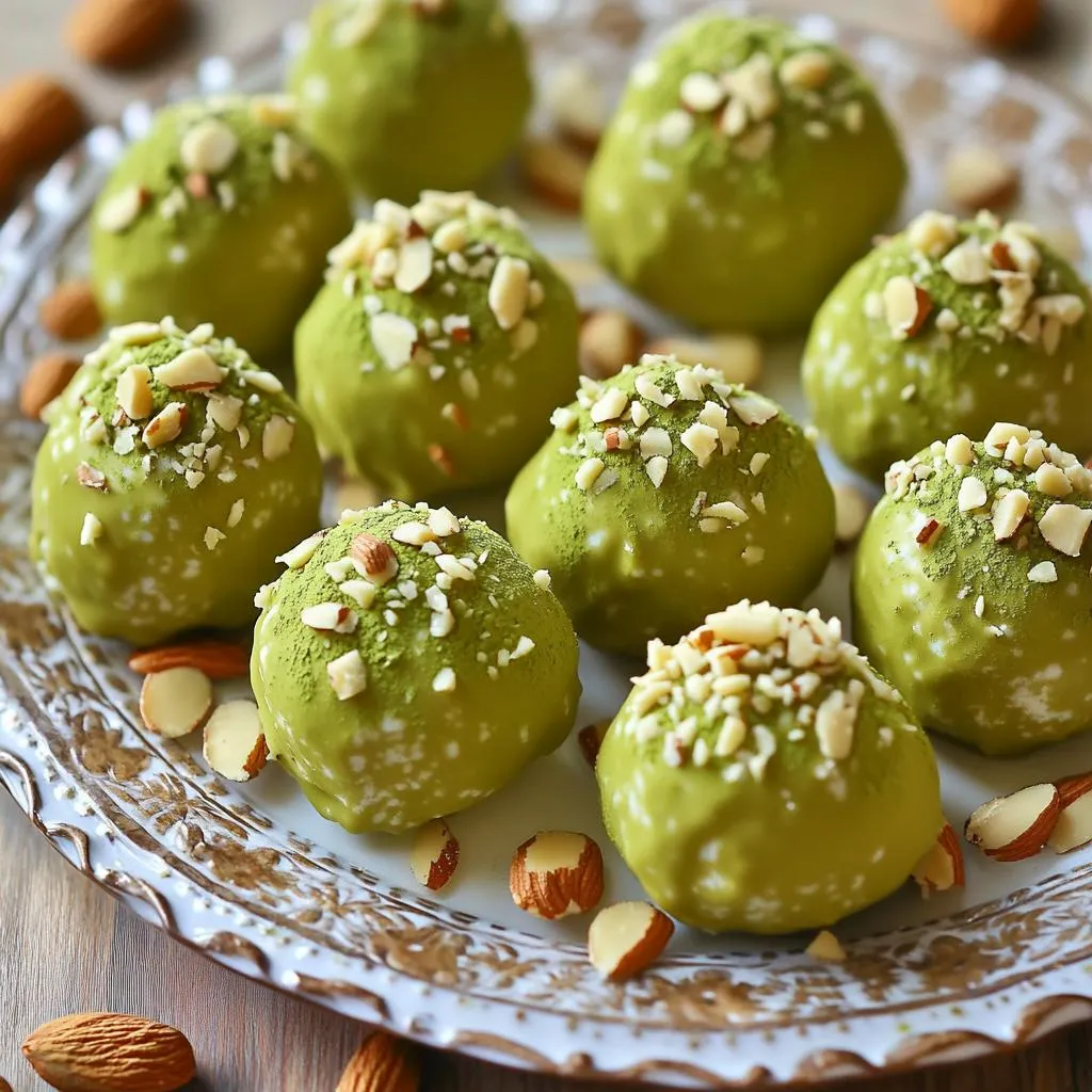When making No-Bake Matcha White Chocolate Truffles, you need the right ingredients. Here’s what you will need: - 1 cup white chocolate chips - 1/2 cup heavy cream - 2 tablespoons matcha green tea powder - 1/4 teaspoon vanilla extract - Pinch of salt - 1/2 cup crushed almonds (for coating) - Extra matcha powder (for optional dusting) Each ingredient plays a key role in creating these delightful treats. The white chocolate gives a creamy base, while the heavy cream adds smoothness. Matcha powder brings a unique flavor and color that makes these truffles stand out. Vanilla extract adds depth, and a pinch of salt balances the sweetness. Crushed almonds provide a nice crunch as a coating, and the extra matcha dusting adds a lovely touch on top. Gather these ingredients for a fun and easy cooking adventure. You’ll create a treat that is not only delicious but also visually appealing. - Place white chocolate chips and heavy cream in a saucepan. - Heat over low, stirring constantly until smooth. Melting the chocolate is crucial. This step sets the base for our truffles. If the heat is too high, chocolate can seize. Always keep it low and steady. The mixture should be creamy and glossy. - Add matcha powder, vanilla, and salt to the melted mixture. - Stir well to combine until the color is bright green. This is where the magic happens! Matcha adds a unique flavor. The vanilla gives warmth, while salt enhances sweetness. Make sure to mix thoroughly. You want every bite to taste just right. - Transfer the mix to a bowl and cover with plastic wrap. - Refrigerate for about 1 hour until it firms up. Chilling is key for shaping. If the mixture is too soft, rolling will be tough. After an hour, it should feel like dough. You'll know it's ready when it holds its shape. - Use a scoop to take portions of the mixture. - Roll them into balls, making sure they are smooth. This part is fun! You can use your palms to create the perfect spheres. Aim for uniform sizes so they look neat. Compact each truffle well. This ensures they hold together. - Roll each ball in crushed almonds. - Place them on a parchment-lined baking sheet. Coating adds crunch and flavor. Almonds pair well with matcha and white chocolate. Make sure to coat each truffle evenly. This creates a beautiful contrast in texture. - Optionally, dust with extra matcha powder. - Refrigerate for another 30 minutes before serving. Dusting is a fun way to add flair. It enhances the green color and taste. After chilling again, they will be ready to enjoy. The final texture should be firm yet creamy. To get the perfect texture, chilling time is key. After mixing your ingredients, refrigerate the truffle mixture for about one hour. This step makes it easier to shape the truffles. For rolling uniform-sized truffles, use a small cookie scoop or your hands. Aim for each truffle to be about one inch in size. This helps them cook evenly and look great. You can boost flavor with different nut coatings. Try using crushed pistachios or shredded coconut for a twist. Adding a splash of flavored extracts, like almond or orange, can also add variety. Just a few drops can change the whole taste. Experimenting with flavors keeps your truffles exciting. To wow your guests, arrange the truffles on a pretty platter. Scatter some whole almonds around them for a nice touch. Finally, dust the tops with extra matcha powder. This not only looks great but also adds a hint of flavor. A beautiful presentation makes these truffles even more special. {{image_4}} You can have fun with coatings for these truffles. If you want a tropical twist, try rolling them in shredded coconut. It adds a nice texture and flavor. Another option is crushed pistachios, which give a lovely green color and a nutty crunch. If you prefer a richer taste, dip the truffles in dark chocolate. This extra layer of chocolate brings a bold flavor that balances the sweetness of white chocolate. Sometimes, you might want less sweetness. To do this, simply use less white chocolate. This way, you still get the creamy taste without the extra sugar. If you want a different sweetener, try adding honey or maple syrup. Both give a nice flavor and work well with matcha. It’s a fun way to customize the truffles to your taste. Matcha has a unique flavor, but you can switch it up. Try using cocoa powder for a chocolate version. It gives a rich, deep taste that pairs well with white chocolate. You can also explore berry powders. They add a fruity note and a pretty color. This way, you can enjoy different flavors while making the same truffle base. To keep your no-bake matcha white chocolate truffles fresh, use an airtight container. This helps prevent moisture and keeps them from drying out. When molding the truffles, make sure they are smooth and compact. This shape helps them last longer in storage. If you want to save your truffles for later, freezing works well. Place the truffles in a single layer on a baking sheet. Freeze them for about 1 hour. Once frozen, transfer them to an airtight container. When you want to enjoy them, let them thaw in the fridge for a few hours. This keeps the taste fresh and delicious. In the refrigerator, your truffles will last about one week. Look for signs of spoilage, like a change in color or an off smell. If they look dry or crumbly, it's best to toss them. No-bake matcha truffles can last up to one week in the fridge. Store them in an airtight container to keep them fresh. If you want them to last longer, you can freeze them for up to three months. Just remember to thaw them in the fridge overnight before serving. Yes, you can use white chocolate bars instead of chips. Just chop the bars into small pieces to help them melt evenly. This swap can also give a richer flavor, making your truffles even more delicious. If you need a substitute for heavy cream, you can use coconut cream or cashew cream. Both options will give a creamy texture. However, keep in mind that these swaps might change the flavor slightly. Yes, matcha is safe for children in moderation. It has less caffeine than coffee. It also offers antioxidants, which can be good for health. Just make sure not to give them too much, as with any caffeinated product. To make these truffles vegan, you can use dairy-free white chocolate and coconut cream instead of heavy cream. This keeps the same creamy texture while making them suitable for a vegan diet. Serve your no-bake truffles chilled on a decorative platter. You can arrange them with whole almonds around the truffles for an inviting look. A sprinkle of extra matcha powder on top adds a nice touch too! In this blog post, we explored how to create delicious no-bake matcha truffles. You learned about the key ingredients, handy tips, and creative variations. We covered step-by-step instructions, ensuring you achieve the best texture and flavor. Remember, you can customize your truffles with different coatings and sweeteners to suit your taste. These treats are simple to make and perfect for sharing. Enjoy creating your matcha truffles, and let the rich flavors delight your friends and family!