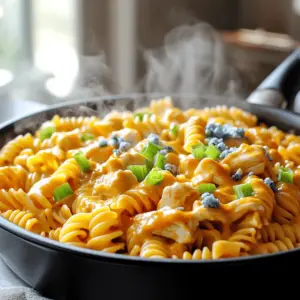 - 2 cups rotini pasta - 1 pound boneless, skinless chicken breasts - 1 cup heavy cream - 1/2 cup buffalo sauce - 1 tablespoon olive oil - 1 teaspoon garlic powder - 1 teaspoon onion powder - 1/2 teaspoon smoked paprika - Salt and black pepper to taste - 1/4 cup green onions, chopped - 1/4 cup crumbled blue cheese, optional Gathering the right ingredients makes cooking easier and more fun. Let’s break it down. For the base, you need rotini pasta, which holds sauce well. Chicken breasts provide protein and flavor. Heavy cream is key for creaminess, while buffalo sauce adds that spicy kick. Next, we need seasonings. Olive oil helps cook the chicken nicely. Garlic powder and onion powder boost flavor without extra prep. Smoked paprika adds depth, while salt and black pepper round it all out. Finally, for garnishes, green onions add freshness. Blue cheese is an optional touch for a bold flavor. With these ingredients, you’re ready to make a delicious dish! - Heat 1 tablespoon of olive oil in a large pot over medium heat. - Add 1 pound of diced chicken to the pot. - Sprinkle in 1 teaspoon of garlic powder, 1 teaspoon of onion powder, and 1/2 teaspoon of smoked paprika. - Season with salt and black pepper to taste. - Cook the chicken for about 5-7 minutes until it's browned and cooked through. Cooking chicken this way adds flavor and keeps it juicy. Stir it often to get an even cook. You want it to be nice and golden before moving on. - Pour 2 cups of chicken broth into the pot with the chicken. - Stir well to mix and scrape up any browned bits. - Bring this mixture to a gentle boil. - Once boiling, add 2 cups of rotini pasta. - Stir to ensure the pasta is fully submerged. Now, lower the heat and cover the pot. Let it simmer for 10-12 minutes. Stir the pasta occasionally to stop it from sticking. You want it to be al dente, which means it's firm but cooked. - After cooking, lower the heat to low. - Slowly stir in 1 cup of heavy cream, along with 1/2 cup of buffalo sauce. - Add 1 cup of shredded cheddar cheese. Mix everything until the cheese melts and the sauce is creamy. Taste it and adjust the seasoning. If you want more heat, add extra buffalo sauce. The sauce should be rich and comforting. Let the pasta sit for a few minutes before serving. This helps the sauce thicken up a bit. It’s time to enjoy a delightful, creamy dish that packs a punch! For a rich sauce, use heavy cream. It adds silkiness. Stir it in slowly after cooking the pasta. This helps it blend smoothly. Another tip is to keep the heat low when adding cream. It prevents curdling, which can ruin the dish. Common mistakes include adding cream too early. This can lead to a grainy texture. Also, avoid boiling the sauce after adding cream. This can change the flavor and texture. To boost flavor, consider adding more spices. Try a pinch of cayenne for extra heat. You can also mix in some ranch seasoning for a twist. Fresh herbs like parsley or cilantro add freshness. Adjust the heat level by changing the buffalo sauce amount. If you like it spicy, add more. For a milder version, use less sauce. Taste as you go to find the right balance. For a beautiful dish, serve the pasta in deep bowls. It makes the meal look inviting. Drizzle a little extra buffalo sauce on top. This adds color and flavor. Garnishing is key for visual appeal. Use chopped green onions for a pop of green. Crumbled blue cheese adds flavor and a nice texture. You can even add a sprinkle of paprika for color. This makes your dish look as good as it tastes! {{image_4}} If you want to change up the pasta, there are great options. You can use whole wheat pasta for a healthier twist. If you're gluten-free, chickpea pasta or zucchini noodles work well. Both choices keep the dish tasty and satisfying. Shredded rotisserie chicken can save you time. It adds flavor and is easy to use. If you prefer a vegetarian version, try using chickpeas or tofu. Toss them in buffalo sauce for that spicy kick you crave! You can add vegetables for more color and nutrition. Spinach or bell peppers add a fresh crunch. Different cheeses can change the flavor too. Try mozzarella for a milder taste or pepper jack for extra heat. Experimenting helps you find your favorite version! To keep your One-Pot Creamy Buffalo Chicken Pasta fresh, store leftovers in an airtight container. Make sure to let it cool before sealing. This helps prevent moisture build-up. You can keep it in the fridge for up to 3 days. If you notice any odd smells or colors, it's best to toss it. Reheat your pasta on the stove or in the microwave. For the stove, add a splash of chicken broth to help restore creaminess. Stir it often to ensure even heating. In the microwave, cover it loosely and heat in short bursts. Stir between each burst to avoid hot spots. You can freeze this dish! Just make sure to use a freezer-safe container. It will last for about 2 months in the freezer. To save time, you can prep ingredients ahead. Chop the chicken and veggies a day before. Store them in separate containers. Cook the pasta just before you are ready to eat. This keeps it fresh and prevents sogginess. You can also mix the sauce and store it in the fridge. Just heat it up when you're ready to combine everything. Cooking this dish takes about 30 minutes in total. Here’s the breakdown: - Prep time: 10 minutes - Cooking time: 20 minutes The quick prep makes this pasta a great choice for busy nights. Yes, you can make this dish ahead of time. To save time: - Cook the pasta and store it with the sauce separately. - Keep it in the fridge for up to three days. When you are ready to eat, just reheat it on the stove. Add a splash of broth to keep it creamy. If you want a milder dish, try these alternatives: - BBQ sauce: Sweet and smoky flavor. - Hot sauce: Choose a milder brand for less heat. - Ranch dressing: Creamy with a tasty twist. These swaps can give your pasta a new fun flavor. This blog covered how to make One-Pot Creamy Buffalo Chicken Pasta. We discussed the main ingredients, detailed cooking steps, and shared helpful tips. You can adjust the heat with different sauces or make it vegetarian. Enjoy this dish fresh or meal prep for later. Store it well to savor every bite. Now, you have all the tools needed for a tasty meal. Go ahead, cook, and enjoy your delicious creation!