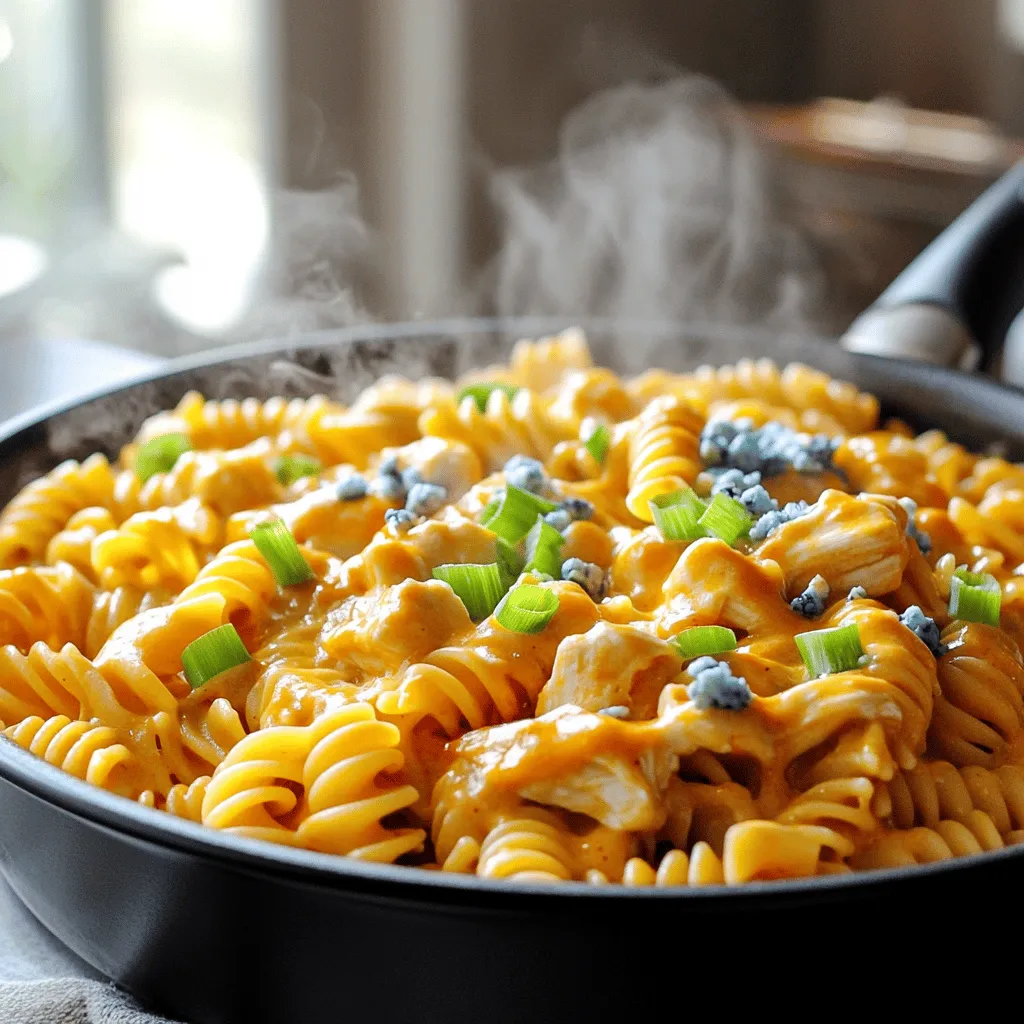 - 2 cups rotini pasta - 1 pound boneless, skinless chicken breasts - 1 cup heavy cream - 1/2 cup buffalo sauce - 1 tablespoon olive oil - 1 teaspoon garlic powder - 1 teaspoon onion powder - 1/2 teaspoon smoked paprika - Salt and black pepper to taste - 1/4 cup green onions, chopped - 1/4 cup crumbled blue cheese, optional Gathering the right ingredients makes cooking easier and more fun. Let’s break it down. For the base, you need rotini pasta, which holds sauce well. Chicken breasts provide protein and flavor. Heavy cream is key for creaminess, while buffalo sauce adds that spicy kick. Next, we need seasonings. Olive oil helps cook the chicken nicely. Garlic powder and onion powder boost flavor without extra prep. Smoked paprika adds depth, while salt and black pepper round it all out. Finally, for garnishes, green onions add freshness. Blue cheese is an optional touch for a bold flavor. With these ingredients, you’re ready to make a delicious dish! - Heat 1 tablespoon of olive oil in a large pot over medium heat. - Add 1 pound of diced chicken to the pot. - Sprinkle in 1 teaspoon of garlic powder, 1 teaspoon of onion powder, and 1/2 teaspoon of smoked paprika. - Season with salt and black pepper to taste. - Cook the chicken for about 5-7 minutes until it's browned and cooked through. Cooking chicken this way adds flavor and keeps it juicy. Stir it often to get an even cook. You want it to be nice and golden before moving on. - Pour 2 cups of chicken broth into the pot with the chicken. - Stir well to mix and scrape up any browned bits. - Bring this mixture to a gentle boil. - Once boiling, add 2 cups of rotini pasta. - Stir to ensure the pasta is fully submerged. Now, lower the heat and cover the pot. Let it simmer for 10-12 minutes. Stir the pasta occasionally to stop it from sticking. You want it to be al dente, which means it's firm but cooked. - After cooking, lower the heat to low. - Slowly stir in 1 cup of heavy cream, along with 1/2 cup of buffalo sauce. - Add 1 cup of shredded cheddar cheese. Mix everything until the cheese melts and the sauce is creamy. Taste it and adjust the seasoning. If you want more heat, add extra buffalo sauce. The sauce should be rich and comforting. Let the pasta sit for a few minutes before serving. This helps the sauce thicken up a bit. It’s time to enjoy a delightful, creamy dish that packs a punch! For a rich sauce, use heavy cream. It adds silkiness. Stir it in slowly after cooking the pasta. This helps it blend smoothly. Another tip is to keep the heat low when adding cream. It prevents curdling, which can ruin the dish. Common mistakes include adding cream too early. This can lead to a grainy texture. Also, avoid boiling the sauce after adding cream. This can change the flavor and texture. To boost flavor, consider adding more spices. Try a pinch of cayenne for extra heat. You can also mix in some ranch seasoning for a twist. Fresh herbs like parsley or cilantro add freshness. Adjust the heat level by changing the buffalo sauce amount. If you like it spicy, add more. For a milder version, use less sauce. Taste as you go to find the right balance. For a beautiful dish, serve the pasta in deep bowls. It makes the meal look inviting. Drizzle a little extra buffalo sauce on top. This adds color and flavor. Garnishing is key for visual appeal. Use chopped green onions for a pop of green. Crumbled blue cheese adds flavor and a nice texture. You can even add a sprinkle of paprika for color. This makes your dish look as good as it tastes! {{image_4}} If you want to change up the pasta, there are great options. You can use whole wheat pasta for a healthier twist. If you're gluten-free, chickpea pasta or zucchini noodles work well. Both choices keep the dish tasty and satisfying. Shredded rotisserie chicken can save you time. It adds flavor and is easy to use. If you prefer a vegetarian version, try using chickpeas or tofu. Toss them in buffalo sauce for that spicy kick you crave! You can add vegetables for more color and nutrition. Spinach or bell peppers add a fresh crunch. Different cheeses can change the flavor too. Try mozzarella for a milder taste or pepper jack for extra heat. Experimenting helps you find your favorite version! To keep your One-Pot Creamy Buffalo Chicken Pasta fresh, store leftovers in an airtight container. Make sure to let it cool before sealing. This helps prevent moisture build-up. You can keep it in the fridge for up to 3 days. If you notice any odd smells or colors, it's best to toss it. Reheat your pasta on the stove or in the microwave. For the stove, add a splash of chicken broth to help restore creaminess. Stir it often to ensure even heating. In the microwave, cover it loosely and heat in short bursts. Stir between each burst to avoid hot spots. You can freeze this dish! Just make sure to use a freezer-safe container. It will last for about 2 months in the freezer. To save time, you can prep ingredients ahead. Chop the chicken and veggies a day before. Store them in separate containers. Cook the pasta just before you are ready to eat. This keeps it fresh and prevents sogginess. You can also mix the sauce and store it in the fridge. Just heat it up when you're ready to combine everything. Cooking this dish takes about 30 minutes in total. Here’s the breakdown: - Prep time: 10 minutes - Cooking time: 20 minutes The quick prep makes this pasta a great choice for busy nights. Yes, you can make this dish ahead of time. To save time: - Cook the pasta and store it with the sauce separately. - Keep it in the fridge for up to three days. When you are ready to eat, just reheat it on the stove. Add a splash of broth to keep it creamy. If you want a milder dish, try these alternatives: - BBQ sauce: Sweet and smoky flavor. - Hot sauce: Choose a milder brand for less heat. - Ranch dressing: Creamy with a tasty twist. These swaps can give your pasta a new fun flavor. This blog covered how to make One-Pot Creamy Buffalo Chicken Pasta. We discussed the main ingredients, detailed cooking steps, and shared helpful tips. You can adjust the heat with different sauces or make it vegetarian. Enjoy this dish fresh or meal prep for later. Store it well to savor every bite. Now, you have all the tools needed for a tasty meal. Go ahead, cook, and enjoy your delicious creation!
