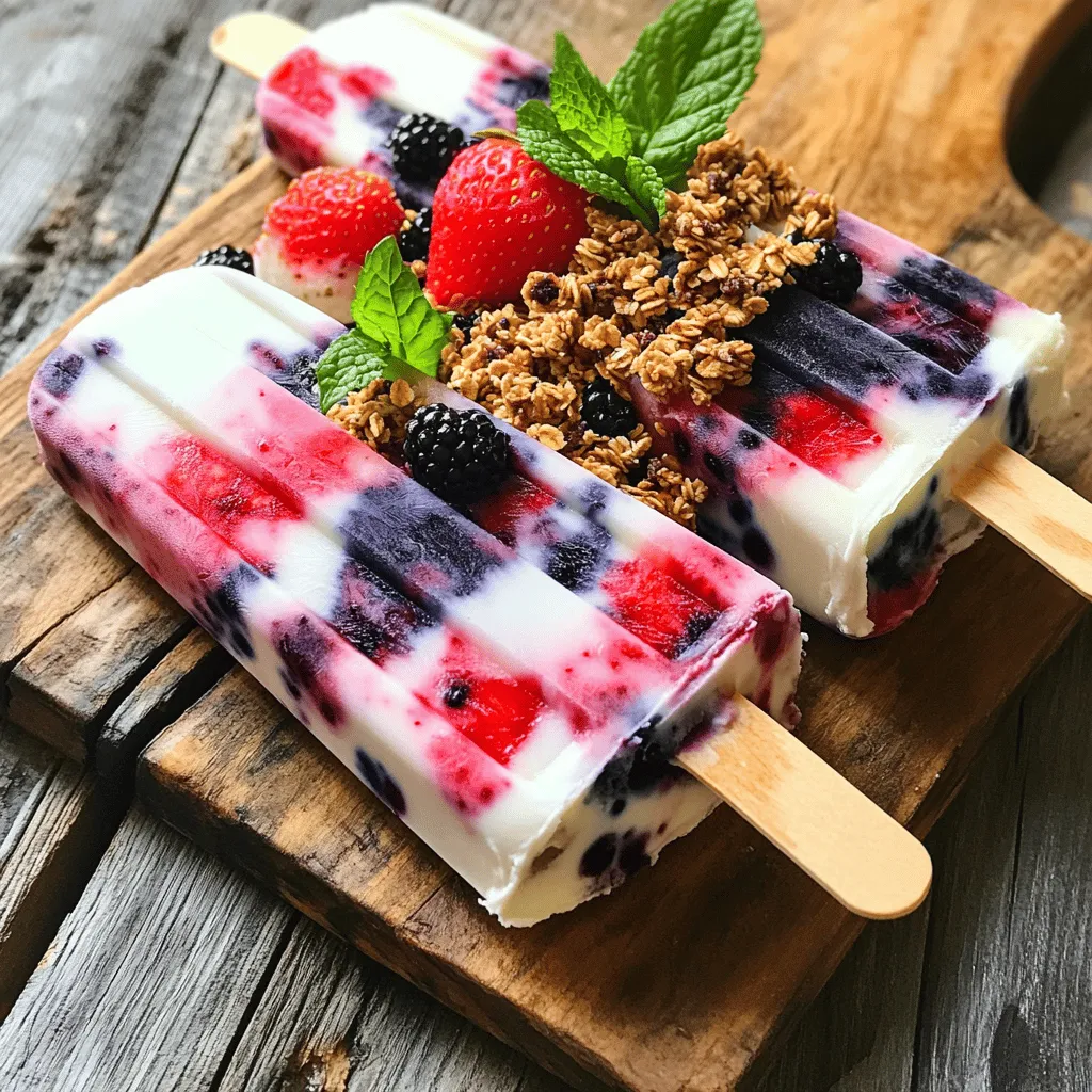- 2 cups Greek yogurt (plain or vanilla) - 1 cup mixed berries (strawberries, blueberries, raspberries, blackberries) - 2 tablespoons honey or maple syrup - 1 teaspoon pure vanilla extract - 1/4 cup granola - Fresh mint leaves (optional) Greek yogurt forms the base of these popsicles. You can choose plain or vanilla. Both options give a creamy taste. Mixed berries add a burst of flavor. Strawberries, blueberries, raspberries, and blackberries work well together. You can sweeten your yogurt with honey or maple syrup. Each option brings its own flavor. Use pure vanilla extract to enhance the popsicle's taste. Granola adds a fun crunch to your treat. It gives each bite a nice texture. If you want a fresh touch, add mint leaves as a garnish. They look great and taste refreshing. Gather these ingredients before you start. They are simple and healthy. You will love how easy it is to make these popsicles! In a mixing bowl, add 2 cups of Greek yogurt. You can use plain or vanilla yogurt, depending on your taste. Then, mix in 2 tablespoons of honey or maple syrup. This will sweeten your yogurt nicely. Next, add 1 teaspoon of pure vanilla extract for extra flavor. Whisk these ingredients together until smooth and creamy. Make sure there are no lumps. A creamy base is key for popsicles that taste great. Take 1 cup of mixed berries, like strawberries, blueberries, raspberries, and blackberries. Place them in a separate bowl. Use a spoon to gently toss the berries. This will break them down a bit and let some juices escape. But keep some berries chunky. This chunkiness helps create a beautiful marbled effect in your popsicles. Start by pouring a layer of the yogurt mixture into your popsicle molds. Fill each mold about halfway. Next, carefully spoon a layer of the mixed berries on top of the yogurt. Then add another layer of the yogurt mixture over the berries. Use a skewer or a popsicle stick to gently swirl the two mixtures together. This creates a lovely marbled look. For added crunch, sprinkle 1/4 cup of granola into the molds before adding the last layer of yogurt. Press down slightly to keep everything packed tight. Once your molds are ready, insert popsicle sticks or lids. Place them in the freezer and let them freeze for at least 4 to 6 hours. This time allows them to become solid. When you are ready to serve, run warm water over the outside of the molds for a few seconds. This will help loosen the popsicles. They should slide out easily. Enjoy your refreshing Greek Yogurt Berry Breakfast Popsicles! To make your Greek yogurt berry breakfast popsicles taste their best, start with sweetness. You can adjust the honey or maple syrup to fit your taste. Try adding more sweetener if you want a sweeter treat. You can also use flavored yogurt, like vanilla, to add a nice twist. This small change can make a big difference in flavor. Freezing popsicles without ice crystals is key. To do this, mix the yogurt and berries well before you freeze them. This helps create a creamy texture. For best results, freeze the popsicles for at least 4 to 6 hours. If you want to check if they are ready, they should feel solid and firm when you touch them. When serving your popsicles, think about presentation. Lay them on a rustic wooden board or a bright plate. You can add fresh mint leaves for a splash of color. Whole berries scattered around the popsicles make a lovely touch too. If you want more crunch, sprinkle granola on top just before serving. This makes each bite even more delightful. {{image_4}} You can use many types of berries in these popsicles. Strawberries, blueberries, raspberries, and blackberries mix well. Try swapping one berry for another to change the flavor. For a fun twist, use seasonal fruits. Peaches and cherries in summer are tasty. In fall, add diced apples with cinnamon for a cozy treat. If you want a dairy-free option, use coconut yogurt or almond yogurt. These alternatives still give a creamy texture and great taste. You can also add protein powder to boost the nutrition. Just mix in a scoop when you blend the yogurt. It helps keep you full longer. Add a sprinkle of cinnamon or nutmeg for unique flavors. You can also stir in a bit of cocoa powder for a chocolatey twist. Swirling in nut butter adds richness and protein. Peanut butter or almond butter works well for this. Each of these choices can create exciting new tastes! To store your Greek yogurt berry breakfast popsicles long-term, wrap them tightly in plastic wrap or foil. You can also place them in a freezer-safe bag. This keeps them fresh and tasty. Make sure to remove as much air as possible to prevent freezer burn. Freezer burn can change the taste and texture. These popsicles are best enjoyed within two months for optimal taste and texture. After this time, they may lose flavor and become icy. If you notice any strange colors, odors, or textures, that's a sign they have gone bad. Trust your senses; if it looks or smells off, it’s time to toss them. Yes, but you will need a creamy base. You can try coconut cream or silken tofu. Both options give a nice texture. Coconut cream adds a tasty twist, while silken tofu keeps it light. Greek yogurt popsicles stay fresh for up to two months. For best taste, eat them within one month. Wrap popsicles in plastic wrap or foil to keep them safe from freezer burn. You can use frozen berries, but there are pros and cons. Frozen berries are convenient and last longer. They may be softer when thawed, leading to a different texture. Fresh berries give a firmer bite and bright flavor. Yes, these popsicles are healthy! They are low in fat and high in protein. Greek yogurt provides probiotics for gut health. Berries are full of vitamins and antioxidants. Sweeteners like honey add natural sweetness without extra calories. You can adjust sweetness easily. Start with two tablespoons of honey or maple syrup. Taste the mixture before freezing. If you want it sweeter, add more honey or syrup. You can also use mashed banana for natural sweetness. These Greek yogurt popsicles are easy and fun to make. We covered the main ingredients, step-by-step instructions, and tips for the best results. You can explore different flavors and berry combinations to keep things exciting. Make sure to store them properly to keep them fresh. Enjoy your popsicles as a healthy treat anytime! They’re perfect for both hot days and breakfast. You now have all you need to create your own delicious versions.