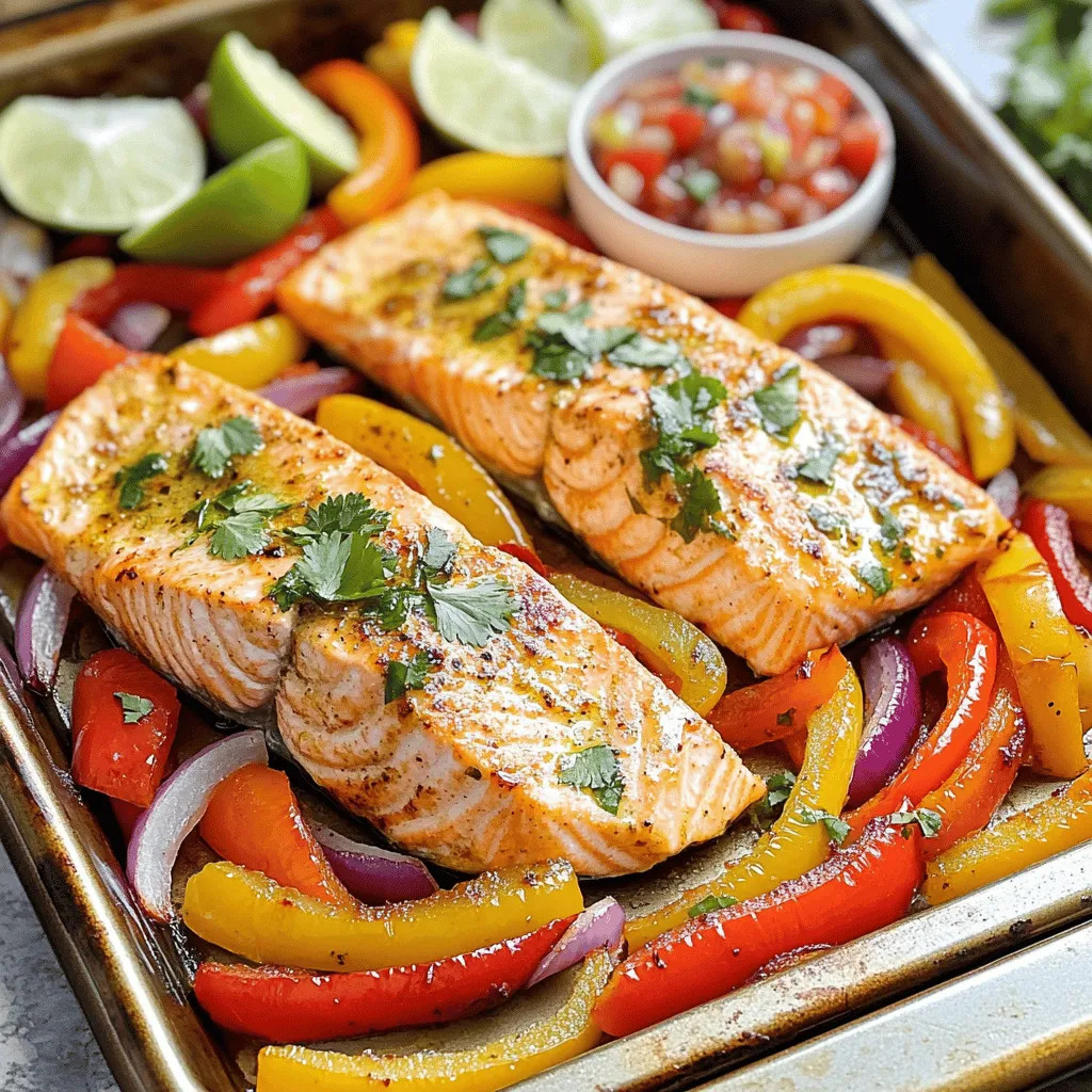 - 4 salmon fillets (approx. 6 ounces each) - 2 bell peppers (1 red, 1 yellow) - 1 large red onion - 2 tablespoons extra virgin olive oil - 2 teaspoons chili powder - 1 teaspoon ground cumin - 1 teaspoon garlic powder - Juice of 1 lime - Salt and black pepper - Fresh cilantro (for garnish) - 6 small corn tortillas The main ingredients in this dish are salmon and colorful veggies. I love using salmon because it cooks quickly and is full of flavor. Bell peppers bring sweetness, and red onion adds a nice bite. Together, they create a bright and tasty meal. For seasoning, I stick with simple spices. Olive oil helps blend the flavors while keeping everything moist. Chili powder gives a little heat, while cumin and garlic powder add depth. Don't forget the lime juice! It brightens the whole dish and balances the flavors. When it comes to serving, warm corn tortillas make it special. They hold the salmon and veggies perfectly. Fresh cilantro adds a pop of color and flavor. This dish is all about fresh, vibrant ingredients that come together quickly for a tasty meal. - Preheat the oven to 400°F (200°C). - In a large mixing bowl, add the sliced bell peppers and red onion. Drizzle with 1 tablespoon of olive oil. - Sprinkle with salt, black pepper, chili powder, ground cumin, and garlic powder. - Toss the vegetables well to coat them with the oil and seasonings. - Place the salmon fillets on a parchment-lined sheet pan. Make sure they have space between them. - Drizzle the fillets with the remaining tablespoon of olive oil and the lime juice. - Sprinkle each fillet with salt, black pepper, chili powder, and cumin for added flavor. - Surround the salmon with the seasoned vegetables on the sheet pan. Spread them out in a single layer. - Place the sheet pan in the preheated oven. - Bake for 15-20 minutes until the salmon is opaque and flakes easily with a fork. The veggies should be tender and slightly caramelized. Marinating the salmon adds great taste. I suggest a marinating time of 15 to 30 minutes. This will let the flavors soak in. You can add extra spices like paprika or cayenne for a kick. Fresh herbs like oregano can also boost the flavor. To ensure even cooking for salmon and veggies, spread them out well on the pan. The salmon should not touch the veggies. Bake them at 400°F for 15 to 20 minutes. Check the salmon by gently flaking it with a fork; it should be opaque. The veggies should be tender and slightly caramelized. For a great presentation, arrange the filled tortillas on a large platter. Garnish with lime wedges and fresh cilantro on top. For extra flavor, serve with salsa or guacamole on the side. These additions will make your meal even more delightful. {{image_4}} You can easily switch out the salmon. Try using tilapia or cod instead. Both fish cook well and taste great with the same spices. You can also change the vegetables. Zucchini, corn, or even asparagus work nicely. Mix and match to suit your taste. If you like some heat, add sliced jalapeños to the veggie mix. They give a nice kick! You can also use fresh herbs like parsley or dill for added flavor. Try a sprinkle of smoked paprika for a deeper taste. Don't be afraid to get creative! To keep your fajita salmon fresh, use airtight containers. Glass containers work great. They don’t stain and are easy to clean. Store in the fridge for up to three days. This way, you can enjoy your meal again! Reheat salmon and veggies in the oven for best results. Preheat the oven to 350°F (175°C). Place the leftovers on a baking sheet. Cover with foil to keep moisture. Heat for about 10-15 minutes or until warm. You can also use a microwave, but be careful. Heat in short bursts to avoid drying out the food. Enjoy your delicious meal again! Yes, you can use frozen salmon. Just remember to thaw it first. The best way is to put the salmon in the fridge overnight. If you're short on time, place it in a sealed bag and submerge it in cold water for about an hour. Once thawed, follow the same cooking times. Bake it for 15-20 minutes until it flakes easily. To add heat, you can use jalapeños or a pinch of cayenne pepper. Mix in fresh chopped chilies with the veggies. You can also increase the chili powder. Start with an extra half teaspoon and adjust to your taste. This will give your dish a nice kick. Many sides work great with this meal. Here are a few ideas: - Mexican rice: It adds a tasty base. - Black beans: They are healthy and filling. - Guacamole: This creamy dip is a must-have. - Corn salad: It adds a fresh crunch. - Chips and salsa: They are great for snacking. These sides will enhance your meal and make it even better. This blog post outlined a simple and tasty recipe for sheet pan fajita salmon. You learned how to prepare the main ingredients and season the salmon, as well as essential tips for better flavor and storage. Experiment with different veggies or fish for variety. Remember, freshness is key for the best taste! Enjoy making this dish, and don’t hesitate to share your results. Cooking should be fun and fulfilling!