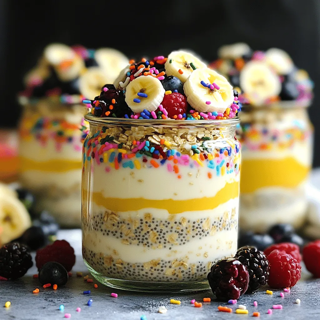- 1 cup rolled oats - 1 scoop vanilla protein powder - 1 cup unsweetened almond milk - 1 tablespoon chia seeds - 1 tablespoon maple syrup (or honey) - 1 teaspoon vanilla extract - 1/4 teaspoon almond extract - 1/4 cup colorful sprinkles - 1/2 banana, sliced - A handful of fresh berries - Nuts or seeds (optional) When I create a delicious breakfast, I start with the main ingredients. Rolled oats are my base, giving texture and fiber. I add a scoop of vanilla protein powder for a protein boost. Almond milk keeps it light and creamy. Next, I sweeten my oats with chia seeds for added nutrition. A tablespoon of maple syrup or honey adds just the right sweetness. I include vanilla and almond extracts for rich flavor. Now, let’s talk toppings. Colorful sprinkles make it feel like a party! Sliced banana brings natural sweetness, while fresh berries add a pop of color. If you want crunch, sprinkle some nuts or seeds on top. These ingredients come together to create a fun and tasty breakfast that feels like a treat. - In a medium mixing bowl, combine 1 cup of rolled oats, 1 scoop of vanilla protein powder, 1 tablespoon of chia seeds, and 1 cup of unsweetened almond milk. - Stir well until the mixture is smooth and all ingredients are mixed. - Next, add 1 tablespoon of maple syrup, 1 teaspoon of vanilla extract, and 1/4 teaspoon of almond extract. Mix again to blend the sweeteners and flavorings evenly. - Gently fold in 1/4 cup of colorful sprinkles. Be careful not to break them as you mix. Make sure they spread throughout the mixture for that fun birthday look. - Spoon the oat mixture into individual jars or a larger container. - Cover the jars or container tightly and place them in the fridge. Let them soak overnight, or at least for 4 hours. This helps the oats absorb the liquid and flavors. - When ready to enjoy, give the oats a good stir. Serve with sliced banana, fresh berries, and an extra sprinkle of colorful sprinkles on top. If you like, add some nuts or seeds for a nice crunch. To get the right mix, adjust the liquid to your taste. If you like thicker oats, use less milk. For creamier oats, add more milk. Remember, the oats soak up the liquid overnight. This soaking is key. It helps the oats soften and blend with the flavors. Spice it up! You can add a pinch of cinnamon or nutmeg for warmth. Try a splash of coconut extract for a twist. These small changes can make a big difference. You can also add cocoa powder for a chocolatey taste. Just mix it in with the oats. Want to prep for the week? Make a big batch! You can double or triple the recipe. Store them in jars. This way, you have breakfast ready for busy days. Just grab and go. Keep them in the fridge for up to five days. {{image_4}} You can choose between whey protein and plant-based protein. Whey protein mixes well and adds a creamy texture. It is great for muscle recovery. On the other hand, plant-based protein suits those who prefer vegan options. It still adds protein but can change the taste a bit. Each type has its own benefits, so choose what fits your needs best. Want to switch it up? Try chocolate cake flavor for a rich taste. Just swap in chocolate protein powder and add cocoa. Funfetti is another fun option. Use vanilla protein powder and add extra sprinkles. Both options make your oats feel like a party in a jar! Toppings can change with the seasons. In winter, use warm spices like cinnamon or nutmeg. In spring, fresh berries brighten your dish. Summer peaches or plums add sweetness. Fall is perfect for apples and nuts. Each season brings new flavors and colors to your oats! Your High Protein Birthday Cake Overnight Oats stay fresh in the fridge for up to 4 days. Just keep them in a sealed container. This way, they remain tasty and safe to eat. If you make a batch for meal prep, you can enjoy them all week! Yes, you can freeze overnight oats! If you want to save some for later, pour them into freezer-safe jars. Make sure to leave some space at the top, as they will expand when frozen. They can last in the freezer for about 2 months. To eat, just thaw them in the fridge overnight. If you prefer warm oats, you can easily reheat them. Place oats in a bowl and microwave for about 30 to 60 seconds. Stir in a splash of almond milk for creaminess. You can also heat them on the stove over low heat, stirring until warm. Enjoy your oats warm or cold, just how you like them! To make these oats gluten-free, use certified gluten-free rolled oats. Regular oats can have gluten from processing. You can also check the labels on your protein powder and other ingredients. This way, you can avoid any gluten cross-contamination. Yes, you can use different types of milk. Here are some great options: - Soy milk - Oat milk - Coconut milk - Cashew milk Each of these will add a unique flavor. Just make sure to choose unsweetened versions for a healthier option. If you don’t like bananas, don’t worry! Here are other topping options to consider: - Sliced strawberries - Blueberries - Chopped apples - Shredded coconut You can mix and match these toppings for variety. Just remember to add colorful sprinkles for that birthday feel! These overnight oats are easy to make and fun to eat. You can customize them with your favorite flavors and toppings. Remember to soak them overnight for the best texture. You can also adjust the sweetness or protein to suit your taste. Feel free to explore different ingredients and make it your own. Enjoy a healthy breakfast that fits into your busy schedule! These oats can brighten your mornings and keep you satisfied.