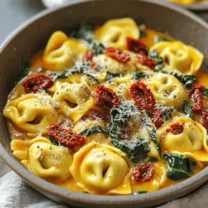 For a tasty Sun-Dried Tomato Spinach Tortellini Skillet, gather these key items: - 12 oz cheese tortellini (fresh or frozen) - 1 cup sun-dried tomatoes, packed in oil, drained and roughly chopped - 3 cups fresh spinach, washed and chopped if leaves are large - 2 cloves garlic, minced - 1 small onion, diced - 1 cup low-sodium vegetable broth - 1 teaspoon Italian seasoning - 2 tablespoons olive oil - 1/2 cup freshly grated Parmesan cheese (plus extra for serving) - Salt and freshly ground black pepper to taste - Red pepper flakes (optional, add for a spicy kick) To make your cooking smooth, use these tools: - Large pot for boiling tortellini - Colander for draining - Large skillet for sautéing - Wooden spoon for mixing - Grater for cheese You can swap some ingredients for different flavors: - Use whole wheat tortellini for a healthier option. - Replace sun-dried tomatoes with roasted red peppers for a different taste. - If you don't have spinach, kale can work well too. - Use chicken broth instead of vegetable broth for a richer flavor. - For a non-dairy option, try nutritional yeast instead of Parmesan cheese. 1. Cook the Tortellini: Start by boiling a large pot of salted water. Add the tortellini and cook them until they are al dente. Drain them well and set aside. 2. Sauté the Aromatics: In a large skillet, heat olive oil over medium heat. Add diced onion and cook it for about 3-4 minutes until it becomes soft. Then, add minced garlic and stir for about a minute. This helps to release a nice aroma. 3. Add Sun-Dried Tomatoes: Mix in the chopped sun-dried tomatoes and Italian seasoning. Cook this mixture for 2 minutes, stirring often to blend the flavors. 4. Introduce the Broth: Pour the low-sodium vegetable broth into the skillet. Bring it to a gentle simmer. Let it simmer uncovered for 3-5 minutes. This step concentrates the flavors nicely. 5. Incorporate Spinach and Tortellini: Add fresh spinach to the skillet and stir it for about 2 minutes until it wilts. Carefully fold in the cooked tortellini, mixing well so every piece gets coated. 6. Mix in Cheese: Sprinkle grated Parmesan cheese over the mixture and stir until it melts. This creates a creamy sauce that ties everything together. 7. Season and Serve: Taste your dish and add salt, black pepper, and red pepper flakes if you want some heat. Cook for another minute to warm everything through. 8. Plate: Serve the tortellini hot in bowls. Garnish with extra Parmesan cheese and a bit of red pepper flakes for a pop. - Use fresh tortellini for the best taste, but frozen works too. - Make sure your water is boiling before adding the tortellini. This helps them cook evenly. - Do not overcook your tortellini; they should be al dente. - Skipping the Drain: Ensure you drain the tortellini well. Extra water can make the dish watery. - Overcooking the Spinach: Add spinach last and only cook until it wilts. This keeps it bright and fresh. - Not Tasting: Always taste before serving. Adjust seasoning to your liking to enhance flavor. To boost flavor, use fresh herbs like basil or parsley. Fresh herbs add a bright taste. You can also add a splash of lemon juice for freshness. If you like spice, use more red pepper flakes. This adds warmth without overpowering the dish. You can make this meal in advance. Cook the tortellini and store it in the fridge. Prepare the sauce and keep it separate. When ready, combine both and heat on low. This saves time during busy days. Garnish your dish with extra Parmesan cheese for richness. A sprinkle of fresh herbs adds color and flavor. You can also add a drizzle of olive oil for a shiny finish. For a pop of color, try adding chopped cherry tomatoes on top. {{image_4}} You can easily make this dish vegetarian by changing a few ingredients. Use vegetable broth instead of chicken broth. For added protein, toss in some chickpeas or lentils. These options keep the dish hearty while keeping it meat-free. Want to add some protein? Chicken or shrimp work great! If using chicken, cube it and sauté it with the onion. Cook until it’s golden brown and fully cooked. For shrimp, add them right after the garlic. Cook until they are pink and opaque. Both options make the dish more filling. If gluten is a concern, choose gluten-free tortellini. Many stores offer great options that taste just as good. Check the package for cooking times, as they might differ from regular tortellini. This swap allows everyone to enjoy the dish without worry. To store leftovers, let the dish cool down first. Place it in an airtight container. You can keep it in the fridge for up to three days. Make sure to cover it well to keep the flavor fresh. When you are ready to enjoy your leftovers, use a skillet on low heat. Add a splash of vegetable broth or water to keep it moist. Stir occasionally until it's heated through. You can also microwave it, but cover the bowl to prevent drying out. Heat it in short bursts, stirring in between. If you want to freeze the dish, do it before adding cheese. Cool it completely, then transfer to a freezer-safe container. It can last up to three months in the freezer. To reheat, let it thaw in the fridge overnight. Then, warm it in a skillet and add cheese when it's hot. Enjoy the flavors again! Yes, you can use frozen tortellini. Just follow the package directions for cooking time. The flavor stays great, and it cooks up well in the skillet. Make sure to drain it well after cooking to avoid extra water in your dish. If you don't have sun-dried tomatoes, you can use fresh tomatoes. Just chop them up and cook them a bit longer. You can also try roasted red peppers for a different flavor. They add a nice sweetness to the dish. To spice it up, add red pepper flakes when you sauté the garlic and onion. Start with a pinch and taste. If you want more heat, just add more! You can also use hot Italian sausage for added spice, if you like. In this post, we covered the key ingredients and tools needed for tortellini. I shared step-by-step instructions, cooking tips, and ways to avoid mistakes. We explored flavor enhancements, variations, and storage tips for leftovers. Remember, every ingredient choice affects your dish’s taste. Experiment with substitutions and variations to find your perfect blend. With these simple guidelines, you can create a tasty tortellini dish every time. Enjoy your cooking journey!
