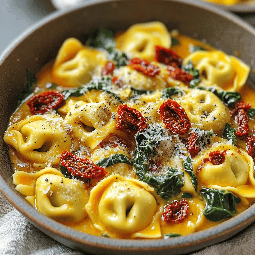 For a tasty Sun-Dried Tomato Spinach Tortellini Skillet, gather these key items: - 12 oz cheese tortellini (fresh or frozen) - 1 cup sun-dried tomatoes, packed in oil, drained and roughly chopped - 3 cups fresh spinach, washed and chopped if leaves are large - 2 cloves garlic, minced - 1 small onion, diced - 1 cup low-sodium vegetable broth - 1 teaspoon Italian seasoning - 2 tablespoons olive oil - 1/2 cup freshly grated Parmesan cheese (plus extra for serving) - Salt and freshly ground black pepper to taste - Red pepper flakes (optional, add for a spicy kick) To make your cooking smooth, use these tools: - Large pot for boiling tortellini - Colander for draining - Large skillet for sautéing - Wooden spoon for mixing - Grater for cheese You can swap some ingredients for different flavors: - Use whole wheat tortellini for a healthier option. - Replace sun-dried tomatoes with roasted red peppers for a different taste. - If you don't have spinach, kale can work well too. - Use chicken broth instead of vegetable broth for a richer flavor. - For a non-dairy option, try nutritional yeast instead of Parmesan cheese. 1. Cook the Tortellini: Start by boiling a large pot of salted water. Add the tortellini and cook them until they are al dente. Drain them well and set aside. 2. Sauté the Aromatics: In a large skillet, heat olive oil over medium heat. Add diced onion and cook it for about 3-4 minutes until it becomes soft. Then, add minced garlic and stir for about a minute. This helps to release a nice aroma. 3. Add Sun-Dried Tomatoes: Mix in the chopped sun-dried tomatoes and Italian seasoning. Cook this mixture for 2 minutes, stirring often to blend the flavors. 4. Introduce the Broth: Pour the low-sodium vegetable broth into the skillet. Bring it to a gentle simmer. Let it simmer uncovered for 3-5 minutes. This step concentrates the flavors nicely. 5. Incorporate Spinach and Tortellini: Add fresh spinach to the skillet and stir it for about 2 minutes until it wilts. Carefully fold in the cooked tortellini, mixing well so every piece gets coated. 6. Mix in Cheese: Sprinkle grated Parmesan cheese over the mixture and stir until it melts. This creates a creamy sauce that ties everything together. 7. Season and Serve: Taste your dish and add salt, black pepper, and red pepper flakes if you want some heat. Cook for another minute to warm everything through. 8. Plate: Serve the tortellini hot in bowls. Garnish with extra Parmesan cheese and a bit of red pepper flakes for a pop. - Use fresh tortellini for the best taste, but frozen works too. - Make sure your water is boiling before adding the tortellini. This helps them cook evenly. - Do not overcook your tortellini; they should be al dente. - Skipping the Drain: Ensure you drain the tortellini well. Extra water can make the dish watery. - Overcooking the Spinach: Add spinach last and only cook until it wilts. This keeps it bright and fresh. - Not Tasting: Always taste before serving. Adjust seasoning to your liking to enhance flavor. To boost flavor, use fresh herbs like basil or parsley. Fresh herbs add a bright taste. You can also add a splash of lemon juice for freshness. If you like spice, use more red pepper flakes. This adds warmth without overpowering the dish. You can make this meal in advance. Cook the tortellini and store it in the fridge. Prepare the sauce and keep it separate. When ready, combine both and heat on low. This saves time during busy days. Garnish your dish with extra Parmesan cheese for richness. A sprinkle of fresh herbs adds color and flavor. You can also add a drizzle of olive oil for a shiny finish. For a pop of color, try adding chopped cherry tomatoes on top. {{image_4}} You can easily make this dish vegetarian by changing a few ingredients. Use vegetable broth instead of chicken broth. For added protein, toss in some chickpeas or lentils. These options keep the dish hearty while keeping it meat-free. Want to add some protein? Chicken or shrimp work great! If using chicken, cube it and sauté it with the onion. Cook until it’s golden brown and fully cooked. For shrimp, add them right after the garlic. Cook until they are pink and opaque. Both options make the dish more filling. If gluten is a concern, choose gluten-free tortellini. Many stores offer great options that taste just as good. Check the package for cooking times, as they might differ from regular tortellini. This swap allows everyone to enjoy the dish without worry. To store leftovers, let the dish cool down first. Place it in an airtight container. You can keep it in the fridge for up to three days. Make sure to cover it well to keep the flavor fresh. When you are ready to enjoy your leftovers, use a skillet on low heat. Add a splash of vegetable broth or water to keep it moist. Stir occasionally until it's heated through. You can also microwave it, but cover the bowl to prevent drying out. Heat it in short bursts, stirring in between. If you want to freeze the dish, do it before adding cheese. Cool it completely, then transfer to a freezer-safe container. It can last up to three months in the freezer. To reheat, let it thaw in the fridge overnight. Then, warm it in a skillet and add cheese when it's hot. Enjoy the flavors again! Yes, you can use frozen tortellini. Just follow the package directions for cooking time. The flavor stays great, and it cooks up well in the skillet. Make sure to drain it well after cooking to avoid extra water in your dish. If you don't have sun-dried tomatoes, you can use fresh tomatoes. Just chop them up and cook them a bit longer. You can also try roasted red peppers for a different flavor. They add a nice sweetness to the dish. To spice it up, add red pepper flakes when you sauté the garlic and onion. Start with a pinch and taste. If you want more heat, just add more! You can also use hot Italian sausage for added spice, if you like. In this post, we covered the key ingredients and tools needed for tortellini. I shared step-by-step instructions, cooking tips, and ways to avoid mistakes. We explored flavor enhancements, variations, and storage tips for leftovers. Remember, every ingredient choice affects your dish’s taste. Experiment with substitutions and variations to find your perfect blend. With these simple guidelines, you can create a tasty tortellini dish every time. Enjoy your cooking journey!