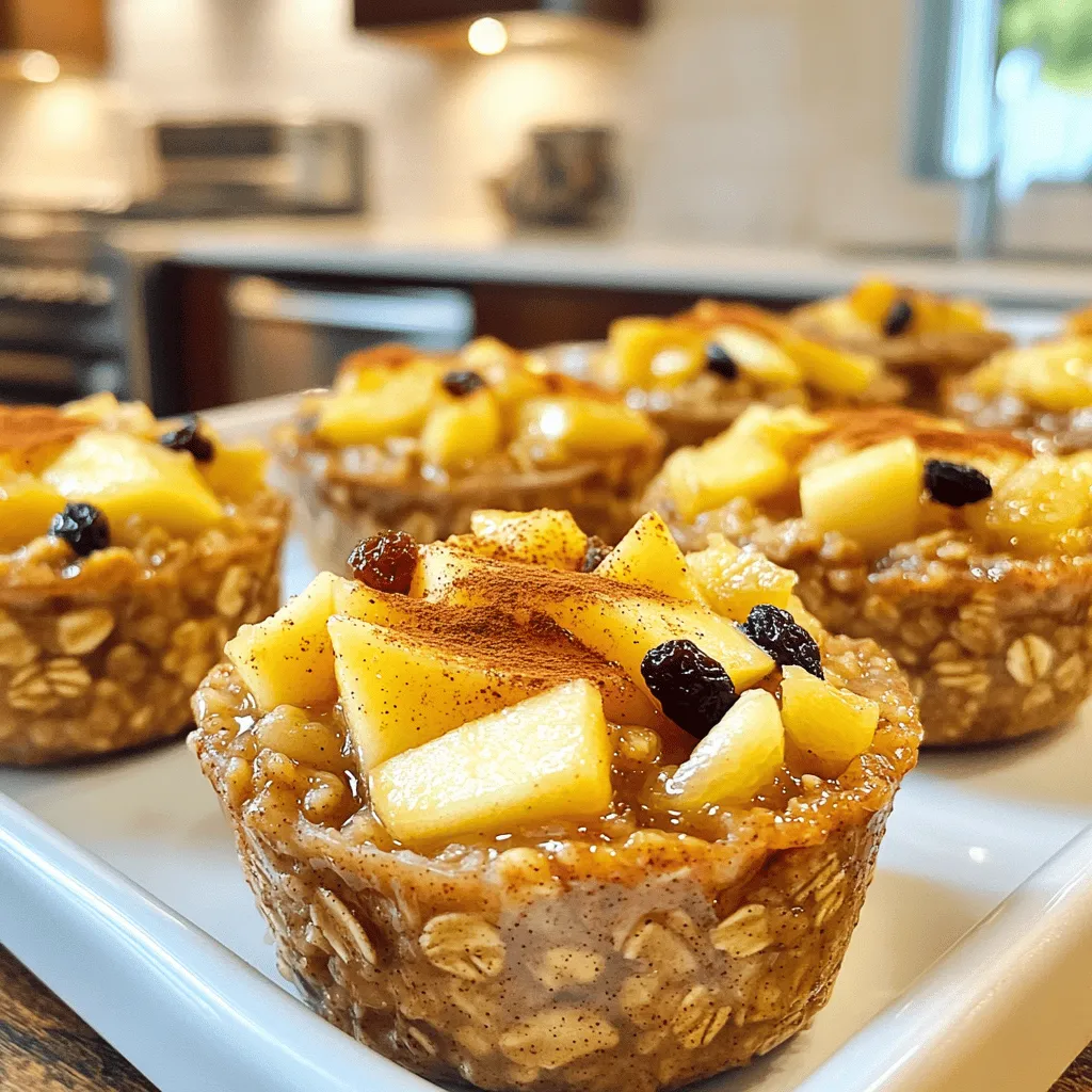 - 2 cups rolled oats - 1 teaspoon baking powder - 1 teaspoon ground cinnamon - ¼ teaspoon salt - 2 cups almond milk (or preferred milk) - 2 ripe bananas, mashed - 1 teaspoon vanilla extract - 2 apples, peeled and diced - ¼ cup maple syrup (optional) - ¼ cup chopped walnuts or pecans (optional) - ¼ cup raisins or dried cranberries (optional) Gathering the right ingredients is key to making these Apple Cinnamon Baked Oatmeal Cups. Rolled oats form the base, giving a hearty texture. Baking powder helps them rise. Ground cinnamon adds warmth, while salt balances the flavors. You will need almond milk or any milk you like. Mashed bananas bring natural sweetness and moisture. Vanilla extract enhances the flavor profile. Fresh apples add a juicy crunch. Optional ingredients like maple syrup can amplify sweetness. Nuts like walnuts or pecans add a nice crunch. Raisins or dried cranberries provide extra sweetness too. Feel free to mix and match based on what you enjoy. This lets you create a breakfast treat that suits your taste! - Preheat the oven to 350°F (175°C). - Prepare muffin tin with liners or cooking spray. - Combine dry ingredients in a bowl. Mix 2 cups rolled oats, 1 teaspoon baking powder, 1 teaspoon ground cinnamon, and ¼ teaspoon salt. Stir well to combine. - Whisk wet ingredients in a separate bowl. Mix 2 cups almond milk, 2 mashed ripe bananas, 1 teaspoon vanilla extract, and ¼ cup maple syrup if you want extra sweetness. Blend until smooth. - Blend wet and dry ingredients together. Pour the wet mix into the dry mix. Stir gently until no dry spots remain. - Fold in apples and optional ingredients. Add 2 diced apples and any nuts or dried fruit you like. Gently mix until even. - Fill muffin tin and bake. Use a scoop to fill each muffin cup three-quarters full. Bake for 25-30 minutes. Look for golden tops and a clean toothpick. - Cooling instructions post-baking. After baking, let the cups cool in the tin for 5 minutes. Then, move them to a wire rack to cool completely. To ensure perfect texture, use rolled oats. They give a nice chew. Mix dry ingredients well. This step helps the baking powder work. Blend wet ingredients until smooth. This creates a uniform mix. For a golden brown top, bake the cups long enough. Check at 25 minutes. If they are not golden yet, give them a few more minutes. A toothpick should come out clean when they are done. Serve these cups warm for the best taste. Drizzle some maple syrup over each cup. Add a sprinkle of cinnamon to enhance the flavor. For more fun, top them with yogurt or nut butter. These toppings add creaminess and flavor. You can make these cups dairy-free easily. Just use almond milk or any plant milk. This keeps the recipe light and tasty. If you want to switch things up, try different nuts or fruits. Pecans or walnuts add crunch. You can also use pears or berries for varied flavors. These small changes can make a big difference. {{image_4}} You can easily change the flavor of your oatmeal cups. Try adding spices like nutmeg or a hint of vanilla bean for a warm taste. You can also switch fruits; pears and berries work well instead of apples. This lets you create many delicious versions. If you want a healthier option, reduce the sugar. Use natural substitutes like honey or agave syrup for sweetness. You can also make these cups gluten-free by using oats that are certified gluten-free. This way, everyone can enjoy your tasty bites. Make your oatmeal cups fit the season. In fall, add pumpkin spice to bring warmth and comfort. During the holidays, include spices like cinnamon and ginger. These simple changes can make your breakfast feel festive and special. To keep your apple cinnamon baked oatmeal cups fresh, store them in an airtight container. This helps keep moisture out and maintains flavor. You can refrigerate them for up to five days. If you want to save them longer, freezing is a great option. Place them in a freezer-safe bag or container. They will last up to three months in the freezer. When you want to enjoy a cup, the best way to reheat them is in the oven or the microwave. For the oven, preheat to 350°F (175°C). Place the cups on a baking sheet and heat for about 10-15 minutes. This method keeps them warm and tasty. If you use a microwave, heat one cup at a time for 30-40 seconds. Check to make sure they are warm all the way through. These oatmeal cups can stay fresh for a while. In the fridge, they last about five days. When stored properly in the freezer, they can last up to three months. Just remember to let them cool completely before storing. Proper storage ensures you enjoy these tasty bites for breakfast or snacks anytime! Yes, you can make these oatmeal cups ahead of time. They are great for meal prep. To store them, let the cups cool completely. Place them in an airtight container. You can keep them in the fridge for up to a week. For longer storage, freeze them. Wrap each cup in plastic wrap, then place them in a freezer bag. When you’re ready to eat, just thaw them overnight in the fridge. Reheat them in the microwave for a quick breakfast. You can use quick oats, but it may change the texture. Quick oats are smaller and cook faster than rolled oats. This means your oatmeal cups might be softer. If you use quick oats, reduce the baking time by a few minutes. Keep an eye on them as they bake. You want them to be firm but not dry. Rolled oats give a heartier bite, so I recommend them for the best results. To check if the oatmeal cups are done, look for a few signs. The tops should be golden brown and firm to touch. You can also use a toothpick. Insert it into the center of a cup. If it comes out clean, the cups are ready. If you see wet batter, bake them a bit longer. Let them cool for a few minutes before removing them from the tin. Enjoy your tasty breakfast bites! These delicious oatmeal cups mix healthy ingredients with easy steps. We covered the ingredients, preparation, and tips for the perfect bake. Remember, you can tweak flavors and make this recipe yours. Experiment with fruits or spices for fun. Store them right to keep them fresh longer. Enjoy your tasty creation, and share it with friends! You’ll love these oatmeal cups for breakfast or a snack.