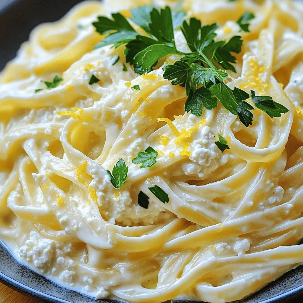 - 12 oz fettuccine pasta - 1 cup cottage cheese, preferably whole or low-fat - 1/2 cup grated Parmesan cheese, plus extra for serving - 1/2 cup unsweetened almond milk (or any milk of choice such as whole or oat milk) - 2 cloves garlic, minced - 2 tablespoons olive oil - 1 teaspoon dried oregano - Zest of 1 lemon to brighten the flavors - Fresh parsley, chopped, for garnish The main ingredients for this dish create a rich and creamy flavor. The fettuccine pasta serves as a perfect base. Its wide shape holds the sauce well. Next, cottage cheese adds creaminess without being too heavy. I love using whole or low-fat cottage cheese for a smooth texture. Grated Parmesan cheese brings a salty kick. It also enhances the creamy texture. For an even richer sauce, feel free to add more Parmesan when serving. Optional add-ins let you customize the dish. Unsweetened almond milk keeps it light. You can use any milk you like, such as oat or whole milk. Garlic adds a savory touch. I like to use minced garlic for a strong flavor. Olive oil gives the sauce a silky finish and helps sauté the garlic. For seasoning, dried oregano adds a warm herb taste. It pairs well with the lemon zest. The zest brightens the dish and adds freshness. Fresh parsley is a lovely garnish. It adds color and a hint of earthiness. Mixing these ingredients creates a delightful pasta dish. Each bite is creamy, tasty, and satisfying. First, grab a large pot and fill it with water. Add a pinch of salt. Bring the water to a rolling boil. Once it is boiling, toss in 12 ounces of fettuccine pasta. Cook the pasta for 8 to 10 minutes. You want it al dente, which means it should be firm but cooked through. After cooking, drain the pasta. Remember to save about 1 cup of the pasta water for later! Now it's time to whip up the sauce. In a high-speed blender, combine 1 cup of cottage cheese, 1/2 cup of grated Parmesan cheese, and 1/2 cup of almond milk. Add 2 minced garlic cloves, the zest of 1 lemon, and 1 teaspoon of dried oregano. Sprinkle in some salt and black pepper. Blend this mixture until it is smooth and creamy. If the sauce is too thick, add small amounts of the reserved pasta water. Blend again until you reach your desired creaminess. In a large skillet, heat 2 tablespoons of olive oil over medium heat. If you like, add more minced garlic for extra flavor. Sauté the garlic for about 30 seconds. You want it fragrant, but be careful not to burn it! Next, gently add the drained fettuccine to the skillet. Pour the whipped cottage cheese sauce over the pasta. Toss everything together gently until the pasta is well coated. Cook for an additional 2 to 3 minutes, stirring occasionally. If the sauce seems too thick, stir in more reserved pasta water. Taste and adjust the seasoning with more salt and pepper if needed. To get the sauce just right, focus on creaminess. Start by blending your cottage cheese with Parmesan cheese and almond milk. Blend until smooth. If it seems thick, add some reserved pasta water. A little at a time helps you reach the right texture. Next, balance your seasoning. After mixing the pasta and sauce, taste it. Add more salt and pepper as needed. For extra flavor, a squeeze of lemon juice brightens the dish. When sautéing garlic, keep your heat medium. Add the garlic to hot oil but watch carefully. Stir it often to avoid burning. Garlic cooks fast, so stay focused for about 30 seconds or until fragrant. For mixing pasta and sauce, gently toss them together. Use tongs or a spatula. This way, every piece of pasta gets coated well. If the sauce thickens too much, mix in a splash of reserved pasta water. For garnishing, fresh parsley is a must. It adds color and a fresh taste. You can also sprinkle extra Parmesan cheese on top for a cheesy finish. When choosing side dishes, think light. A simple salad pairs well. Roasted veggies also complement the creaminess of the pasta. Enjoy your meal! {{image_4}} You can switch up the pasta for this dish. Whole wheat pasta adds fiber. It also gives a nutty flavor. Gluten-free options work well too. Try brown rice or quinoa pasta for a different taste. You can also explore other shapes like penne or farfalle. Different shapes hold sauce differently. This can change your eating experience. You can replace the cottage cheese with Greek yogurt for a tangy twist. Ricotta cheese also adds a creamy texture. If you want a dairy-free option, use cashew cream or silken tofu. Both give a smooth base for the sauce. Each cheese brings its unique flavor. Experiment to find what you love best. Add vegetables to make the dish more colorful and healthy. Spinach or mushrooms blend well with the sauce. They also add nutrients and flavor. You can also include protein for a fuller meal. Grilled chicken or shrimp works great in this dish. This makes it hearty and satisfying. To keep your whipped cottage cheese Alfredo pasta fresh, place it in an airtight container. This helps seal in flavor and moisture. Store it in the fridge for up to three days. If you want to keep it longer, freezing is a great option. When reheating, avoid using high heat. A gentle heat keeps the sauce smooth. You can reheat in a skillet over low heat. Add a splash of almond milk or reserved pasta water to help keep the sauce creamy. Stir often until heated through. Yes, you can freeze this pasta! However, the sauce may change a bit. To freeze, let it cool completely. Then, place it in a freezer-safe container. Use it within three months for the best taste. To thaw, move it to the fridge overnight before reheating. To make the sauce creamier, add some reserved pasta water. Start with a small amount and blend it in. This helps adjust the texture without losing flavor. If you want a richer taste, try more Parmesan cheese in the blender. This will add depth to the sauce. Yes, you can use different cheeses. If you want a lighter option, try ricotta cheese. For a sharper flavor, use aged Gouda or cheddar. Just keep in mind that the taste will change slightly. Mix and match to find your favorite combination. This recipe works well for meal prep. Cook the pasta and sauce separately. Store them in airtight containers in the fridge. They will last about 3 to 4 days. When you're ready to eat, just reheat and combine them. This saves time and makes meals easy! This recipe brings together simple ingredients to create a tasty Alfredo dish. We used fettuccine, cottage cheese, and Parmesan for a creamy base. Optional add-ins like garlic and olive oil elevate the flavor. Remember to cook your pasta just right and blend your sauce well. This meal is versatile and can adapt to your tastes. You can swap pasta types and cheese or add veggies. Store leftovers properly for later use, and enjoy reheating for a quick meal. I hope you make this dish soon and enjoy every bite!