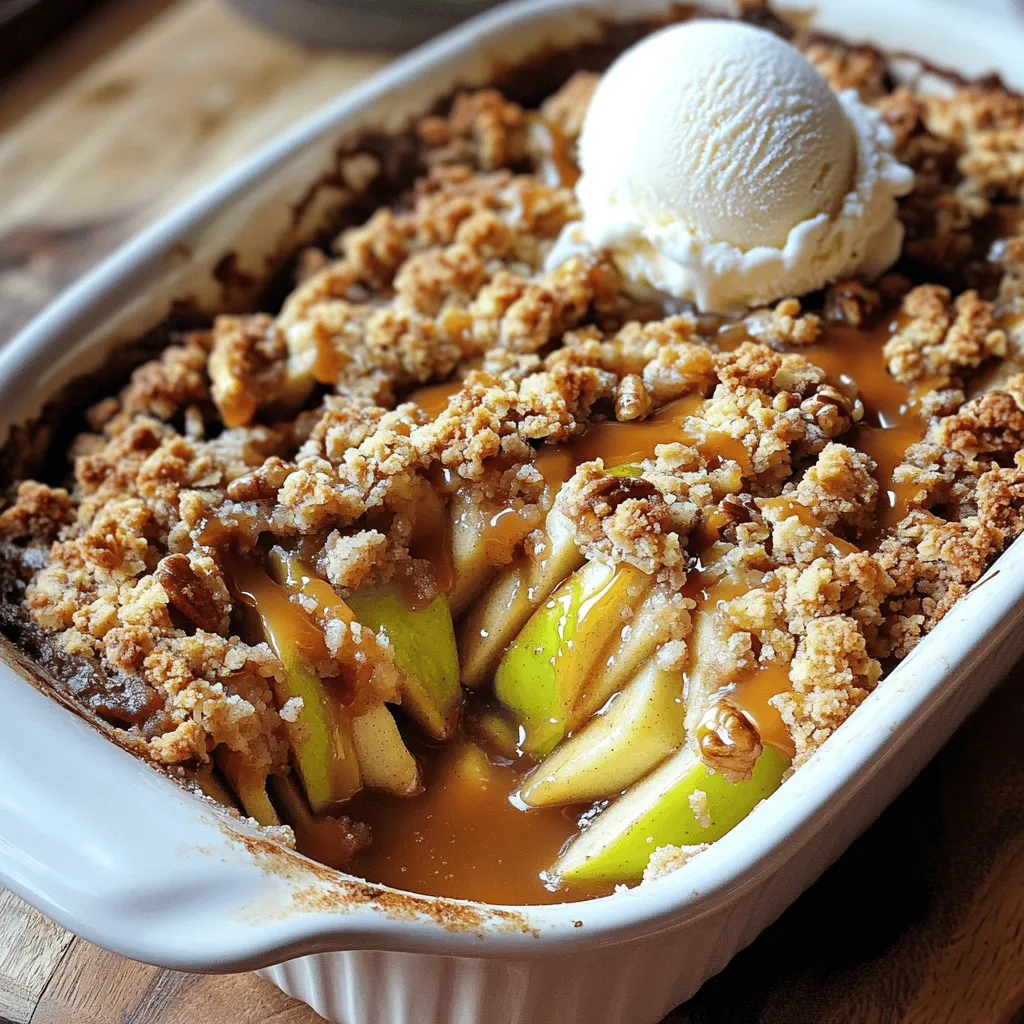 - 4 large Granny Smith apples - 1 cup packed brown sugar - 1 teaspoon ground cinnamon - 1/2 cup unsalted butter - 1/2 cup walnuts - 1 teaspoon fresh lemon juice - 1/4 teaspoon fine salt Granny Smith apples are my go-to for this dish. They add a nice tartness that balances the sweet crumble. You need four large apples, peeled and sliced thin. For sweetness, you will use one cup of packed brown sugar. This gives a rich flavor and caramelizes well during baking. You’ll also need a teaspoon of ground cinnamon. This spice adds warmth and depth to the apple mixture. The crumble topping is simple yet delicious. Use half a cup of unsalted butter. It helps bind the topping together and adds richness. If you want to add some crunch, consider using walnuts. A half cup of chopped walnuts gives a nutty flavor. For a hint of brightness, add one teaspoon of fresh lemon juice to the apples. Lastly, a quarter teaspoon of fine salt enhances all the flavors. These ingredients come together to create a comforting and tasty apple crisp. Set the temperature to 350°F (175°C). This step warms up your oven for baking. Start by peeling and thinly slicing four large Granny Smith apples. Place the apple slices in a large bowl. Add 1 teaspoon of fresh lemon juice to keep them bright. Toss the apples gently to coat them in the juice. Next, sprinkle in half of the brown sugar (1/2 cup), 1 teaspoon of ground cinnamon, and 1/2 teaspoon of ground nutmeg. Mix well until all the apple slices are coated. Transfer this mixture into a greased 9x13-inch baking dish. Spread the apples evenly for even cooking. In a separate bowl, mix together 1 cup of rolled oats, 1 cup of all-purpose flour, and the remaining brown sugar (1/2 cup). If you like nuts, add 1/2 cup of chopped walnuts. Pour in 1/2 cup of melted unsalted butter and 1/4 teaspoon of fine salt. Stir until it looks crumbly, like coarse crumbs. Evenly sprinkle this crumble topping over the apple layer in your baking dish. Make sure to cover all the apples for a crispy finish. Now, your dish is ready to bake! Granny Smith apples are the best choice for this recipe. They are tart, crisp, and hold their shape well when baked. This tartness balances the sweetness of the sugar. Using these apples gives your apple crisp a bright flavor. If you use sweeter apples, your dish may become too sugary. To avoid a soggy bottom in your apple crisp, follow a few simple steps. First, make sure to slice your apples thinly. This allows them to cook evenly. Next, toss the apples with lemon juice and spices early. This helps draw out excess moisture. Lastly, spread the apple mixture evenly in the baking dish. This ensures that heat circulates well, keeping the bottom crisp. When serving your apple crisp, consider adding a scoop of vanilla ice cream on top. The cold ice cream pairs perfectly with the warm apples. A drizzle of caramel sauce on top adds a rich sweetness. You can also sprinkle some extra nuts for crunch. These simple additions elevate your dessert experience. {{image_4}} You can easily make this apple crisp gluten-free. Just swap out the all-purpose flour for a gluten-free blend. Look for blends that are designed for baking. These blends work well and keep the texture nice. Want to boost the flavor? Add a teaspoon of vanilla extract to the apple mix. This simple step makes a big difference. You can also try different spices. Ginger, allspice, or cardamom add warmth and depth to the dish. Play around to find your favorite mix. Don’t just stick to apples! You can mix in other fruits for fun. Berries like blueberries or raspberries pair nicely with apples. Peaches and pears also add sweetness. These combinations make the dish even more exciting and tasty! To store your apple crisp in the fridge, let it cool first. Cover the dish tightly with plastic wrap or aluminum foil. This keeps the crisp fresh and moist. It will last up to four days in the fridge. When you're ready to enjoy it, simply remove the cover. For long term storage, freezing is a great option. After it cools, portion the apple crisp into airtight containers. You can also wrap it in plastic wrap and then aluminum foil. This prevents freezer burn. It can stay frozen for up to three months. Just label the containers with the date. To reheat your apple crisp, you can use the oven or microwave. For the oven, set it to 350°F (175°C). Bake for about 15 to 20 minutes, or until warm. If using the microwave, place a portion on a plate. Heat it for about 30 seconds to 1 minute. Be careful; it can get hot quickly! Yes, you can! Besides Granny Smith apples, you can use Honeycrisp or Fuji apples. These apples add sweetness and balance well with the spices. If you prefer a less tart taste, choose Golden Delicious apples. Each apple type gives a unique flavor and texture to your crisp. To achieve a crunchier topping, use cold butter instead of melted butter. This helps create larger crumbs as the butter melts during baking. Also, add a bit more oats for texture. Baking the crisp longer, until golden brown, enhances the crunchiness, too. Just keep an eye on it to avoid burning. If you want a nut-free option, use sunflower seeds or pumpkin seeds. Both add a nice crunch without nuts. You can also skip the nuts entirely and still enjoy a tasty topping. If you like, add some extra oats or a sprinkle of coconut for added texture. We explored how to make a delicious apple crumble, focusing on key ingredients like Granny Smith apples, brown sugar, and spices. I shared easy steps, helpful tips, and fun variations to make this dessert your own. Remember, the right apples and topping can really shine. Whether you serve it warm with ice cream or store it for later, this treat is sure to please. Enjoy creating your perfect apple crumble!