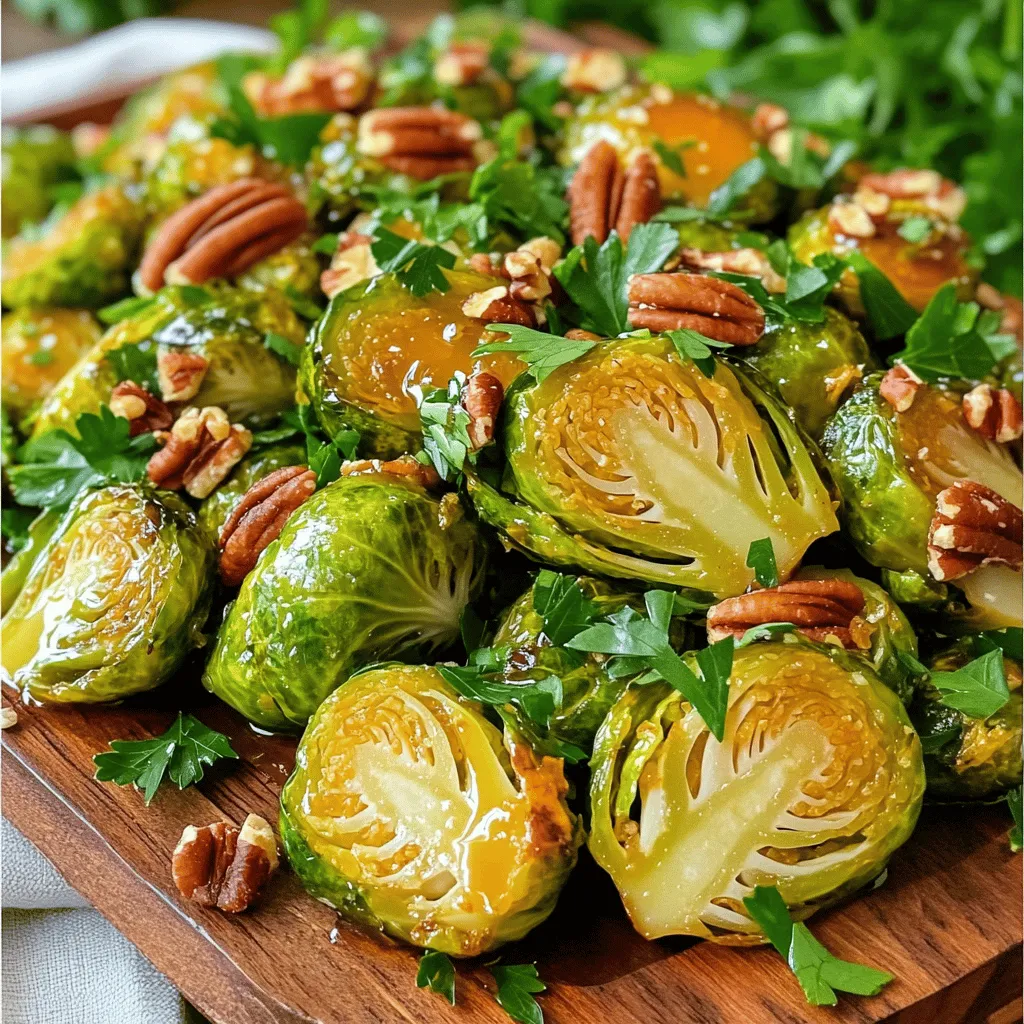 To make Maple Dijon Roasted Brussels Sprouts, gather these fresh ingredients: - 1 lb Brussels sprouts, trimmed and halved - 3 tablespoons extra virgin olive oil - 2 tablespoons pure maple syrup - 1 tablespoon Dijon mustard - 1 teaspoon garlic powder - Salt and freshly ground black pepper to taste - ¼ cup chopped pecans (optional for crunch) - Fresh parsley, chopped (for garnish) You can swap ingredients if you want a twist. Try using: - Canola oil instead of olive oil for a neutral flavor. - Honey if you prefer a different sweetener. - Yellow mustard for a milder taste if Dijon is too strong. - Almonds or walnuts instead of pecans for a different crunch. - Chili powder for a spicy kick in place of garlic powder. These options help you create a dish that suits your taste. Fresh ingredients make a big difference. They enhance flavor and texture. Here’s why they matter: - Brussels sprouts: Fresh sprouts are bright green, firm, and crisp. They roast well and taste sweeter. - Olive oil: Good quality oil adds depth. It helps the sprouts caramelize. - Maple syrup: Pure syrup brings a rich, natural sweetness. It elevates the dish. - Herbs: Fresh parsley adds color and a burst of flavor. Using fresh ingredients ensures your Maple Dijon Roasted Brussels Sprouts shine with taste and appeal. Start by preheating your oven to 400°F (200°C). This high heat helps the Brussels sprouts roast well. It also gives them a nice, crispy texture. A hot oven is key for tasty sprouts! Next, grab a large mixing bowl. In this bowl, mix together three tablespoons of extra virgin olive oil, two tablespoons of pure maple syrup, and one tablespoon of Dijon mustard. Add one teaspoon of garlic powder, plus a pinch of salt and pepper. Whisk these ingredients until they blend into a smooth dressing. This mix adds a sweet and tangy kick to your sprouts. Now, take your trimmed and halved Brussels sprouts. Add them to the bowl with the dressing. Toss them gently so each sprout gets coated well. This ensures every bite is full of flavor. After coating, prepare a baking sheet by lining it with parchment paper. Spread the Brussels sprouts on the sheet in a single layer. Make sure they have enough space to roast evenly. Place the baking sheet in the preheated oven. Roast the Brussels sprouts for 20 to 25 minutes. Halfway through, use a spatula to stir them. This helps them brown nicely and cook evenly. If you want added crunch, sprinkle chopped pecans over the sprouts during the last five minutes of roasting. Once done, take the baking sheet out of the oven. Let the Brussels sprouts cool for a few minutes. This resting time keeps them tender and enhances their taste. Transfer the sprouts to a serving dish. For a bright touch, garnish with chopped parsley. This adds color and a fresh flavor that complements the dish well. To get crispy Brussels sprouts, start with a hot oven. Preheat to 400°F (200°C). This heat helps them brown and caramelize nicely. Spread the sprouts in a single layer on the baking sheet. If they overlap, they will steam instead of roast. Stir them halfway through cooking for even browning. It takes about 20-25 minutes to reach perfection. The key to great flavor lies in the seasoning. Use a mix of olive oil, maple syrup, and Dijon mustard. This blend gives a sweet and tangy taste that pairs well with Brussels sprouts. Don’t forget the garlic powder! It adds a savory kick. Salt and pepper balance the dish. Taste and adjust before roasting, if needed. For crunch, add chopped pecans in the last 5 minutes of cooking. Presentation matters! Serve the sprouts in a rustic wooden bowl. Drizzle a bit more maple syrup on top for shine. Garnish with freshly chopped parsley for color and flavor. This makes the dish pop and appeals to the eye. Pair it with roasted meats or grains for a complete meal. You can also enjoy them as a snack! {{image_4}} You can change the texture by adding nuts or seeds. I love using chopped pecans for their crunch. They toast beautifully in the oven. Walnuts or almonds also work well. If you prefer seeds, try pumpkin or sunflower seeds. They add a nice bite and extra nutrients. Maple syrup is sweet and rich, but you can swap it out. Honey is a great choice for a similar flavor. Agave nectar also works well if you want a lighter taste. For a low-calorie option, use stevia or monk fruit sweetener. Each sweetener brings its own unique twist to the dish. You can mix in other veggies for variety. Carrots and sweet potatoes roast well alongside Brussels sprouts. They add color and extra sweetness. Try adding bell peppers or red onions for a different flavor profile. Just make sure to cut them to a similar size for even cooking. This way, every bite is packed with flavor. To store leftover Maple Dijon Roasted Brussels Sprouts, place them in an airtight container. Make sure to let them cool down first. Keep them in the fridge for up to three days. This helps maintain their flavor and texture. If you want to keep them longer, consider freezing. When you reheat Brussels sprouts, aim to keep them crispy. The best way is to use an oven. Preheat the oven to 350°F (175°C). Spread the sprouts on a baking sheet. Heat for about 10-15 minutes or until warm. This helps them stay crunchy. You can also use a skillet on medium heat. Stir them occasionally until heated through. Freezing Brussels sprouts is easy but requires some steps. First, blanch them in boiling water for about three minutes. This keeps their color and taste. Cool them quickly in ice water, then drain. Place the sprouts in a freezer bag and remove as much air as possible. They can last up to three months in the freezer. When you're ready to eat, just reheat them directly from frozen. Yes, you can make this dish vegan. Simply replace the honey with more maple syrup. You can skip the olive oil or use a plant-based option. The flavor will still shine through! To adjust sweetness, add more or less maple syrup. You can also use a touch of brown sugar if you want a deeper flavor. Taste as you go to find your perfect balance. Maple Dijon Roasted Brussels Sprouts pair well with roasted chicken or grilled salmon. They also work nicely with quinoa or lentils for a hearty vegan meal. The sweet and tangy flavor complements many dishes! Yes, you can roast Brussels sprouts without oil. Use vegetable broth instead. This will keep them moist while still allowing them to get crispy. Just watch the cooking time closely to avoid burning. To reheat, place Brussels sprouts on a baking sheet. Bake them at 350°F (175°C) for about 10 minutes. This helps restore their crunch. Avoid microwaving, as it often makes them soggy. You learned how to make Maple Dijon Roasted Brussels Sprouts from scratch. We covered fresh ingredients, step-by-step prep, cooking tips, and ways to vary the dish. Remember, using the best ingredients boosts flavor. Don’t forget to mix it up with nuts or different vegetables. Store leftovers well and reheat carefully for crunch. These sprouts can shine at any table! Enjoy your cooking and remember, it’s all about making it your own.