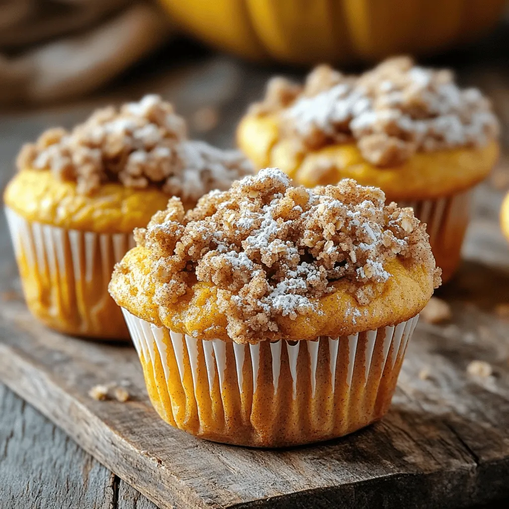To make these muffins, you need a few key ingredients: - 1 cup canned pumpkin puree - 1/2 cup vegetable oil - 1 cup packed brown sugar - 1/2 cup granulated sugar - 2 large eggs, at room temperature - 2 cups all-purpose flour, plus extra for dusting - 1 teaspoon baking powder - 1 teaspoon baking soda - 1 teaspoon ground cinnamon - 1/2 teaspoon ground nutmeg - 1/2 teaspoon salt - 1 teaspoon pure vanilla extract These ingredients work together to create a moist, flavorful muffin. Canned pumpkin puree adds rich taste and texture. The streusel adds a nice crunch and sweetness. Here’s what you need: - 1/2 cup all-purpose flour - 1/4 cup rolled oats - 1/4 cup packed brown sugar - 1 teaspoon ground cinnamon - 1/4 cup cold unsalted butter, cubed This topping brings extra flavor and a delightful texture. You can customize your muffins with these options: - Chopped nuts, like walnuts or pecans - Chocolate chips for a sweet twist - A dash of ginger or cloves for extra spice These ingredients let you create a unique muffin that fits your taste. Experimenting with flavors makes baking fun and personal! To start making these muffins, preheat your oven to 350°F (175°C). This ensures they bake evenly and rise well. Next, grab a muffin tin. You can line it with paper liners or grease it lightly with non-stick spray to help the muffins release easily. In a large bowl, combine 1 cup of canned pumpkin puree, 1/2 cup of vegetable oil, 1 cup of packed brown sugar, 1/2 cup of granulated sugar, and 2 large eggs. Whisk these together until they are smooth and blended well. Don’t forget to add in 1 teaspoon of pure vanilla extract for extra flavor. In another bowl, mix 2 cups of all-purpose flour, 1 teaspoon of baking powder, 1 teaspoon of baking soda, 1 teaspoon of ground cinnamon, 1/2 teaspoon of ground nutmeg, and 1/2 teaspoon of salt. This dry mix will add the structure and flavor to your muffins. Now, slowly fold the dry mixture into the wet mixture. Stir gently until just combined. Be careful not to overmix, or your muffins will turn out dense. For the streusel topping, grab a small bowl. Mix together 1/2 cup of all-purpose flour, 1/4 cup of rolled oats, 1/4 cup of packed brown sugar, and 1 teaspoon of ground cinnamon. This combination will bring a lovely crunch to your muffins. Now, add 1/4 cup of cold unsalted butter, cubed. Using your fingers or a pastry cutter, blend the butter into the dry mix. Keep working until the mixture looks like coarse crumbs, with a few larger clumps. This adds texture and flavor. Once your batter and streusel are ready, spoon the muffin batter into the prepared muffin tin. Fill each cup about two-thirds full. This allows room for the muffins to rise nicely. Generously sprinkle the streusel topping over each muffin. This ensures a delightful crunch on top. Place the muffin tin in your preheated oven. Bake them for 18-20 minutes. To check if they are done, insert a toothpick into the center of a muffin. If it comes out clean, they are ready. You want the tops to be golden brown. After baking, let the muffins cool in the tin for about 5 minutes. Then, move them to a wire rack to cool completely. This helps prevent soggy bottoms. Enjoy the cozy aroma as they cool! To make moist muffins, use canned pumpkin puree. It adds moisture and flavor. Combine the pumpkin with oil and sugars well. This mix gives your muffins a soft texture. Don't overmix the batter. Stir until just combined, and leave some lumps. This keeps them light and fluffy. One common mistake is overbaking. Keep an eye on the muffins. Use a toothpick to check for doneness. If it comes out clean, they’re done! Another mistake is not measuring ingredients correctly. Use measuring cups for accuracy. Too much flour can lead to dry muffins. Store your muffins in an airtight container. They stay fresh for about 3 days at room temperature. For longer storage, freeze them. Place muffins in a freezer bag and remove air. When ready to eat, reheat in the microwave for about 15-20 seconds. They’ll taste fresh and warm! {{image_4}} You can make these muffins gluten-free. Use a 1:1 gluten-free flour blend. This blend often works well in baked goods. Just be sure to check the package for any special instructions. The flavor stays rich and pumpkiny. You won't miss the regular flour. Want a crunch? Add nuts like walnuts or pecans. Chop them coarsely and mix them into the batter. This adds texture and flavor. You can also add chocolate chips. They bring a sweet surprise in each bite. Use semi-sweet or dark chocolate for a delightful twist. Spice it up! You can add more spices like ginger or allspice. They give your muffins a warm, cozy flavor. Consider adding a splash of almond or maple extract. This adds a unique twist to the taste. Be creative and mix flavors that you love! To keep your pumpkin streusel muffins fresh, store them in an airtight container. This helps lock in moisture. You can also wrap them tightly in plastic wrap or aluminum foil. Place them at room temperature for short-term storage. If your kitchen is warm, try the fridge. Just remember, muffins can dry out in the fridge. When stored properly, these muffins last about three days at room temperature. If you keep them in the fridge, they can last up to a week. However, you may notice a change in texture after a few days. If you want to enjoy them longer, freezing is the way to go. To freeze pumpkin streusel muffins, first, let them cool completely. Then, wrap each muffin in plastic wrap. Place the wrapped muffins in a freezer-safe bag or container. They can stay in the freezer for up to three months. When you want to eat them, just thaw them at room temperature or warm them up in the oven. Enjoy the cozy taste of fall any time of year! Yes, you can use fresh pumpkin. First, roast the pumpkin to make it soft. Then, scoop out the flesh and mash it until smooth. Use this fresh pumpkin puree in place of the canned pumpkin. The taste will be fresh and bright. To make mini muffins, fill each mini muffin cup only halfway. Bake them for about 12 to 15 minutes. Check with a toothpick for doneness. They should come out clean. This recipe will yield more than 12 mini muffins, so be ready to share! These muffins taste great with a warm drink. Try serving them with coffee or chai tea. You can also add a dollop of cream cheese or butter on top. For a fun twist, pair them with apple cider or a spiced latte. You learned how to make delicious pumpkin streusel muffins. We covered the key ingredients, step-by-step instructions, and useful baking tips. I shared ways to customize your muffins with nuts, chocolate chips, or even gluten-free options. Remember, storing your muffins well keeps them fresh. Enjoy your tasty treats and share them with friends! Creating these muffins can be fun and rewarding. Now, go ahead and bake your perfect batch!