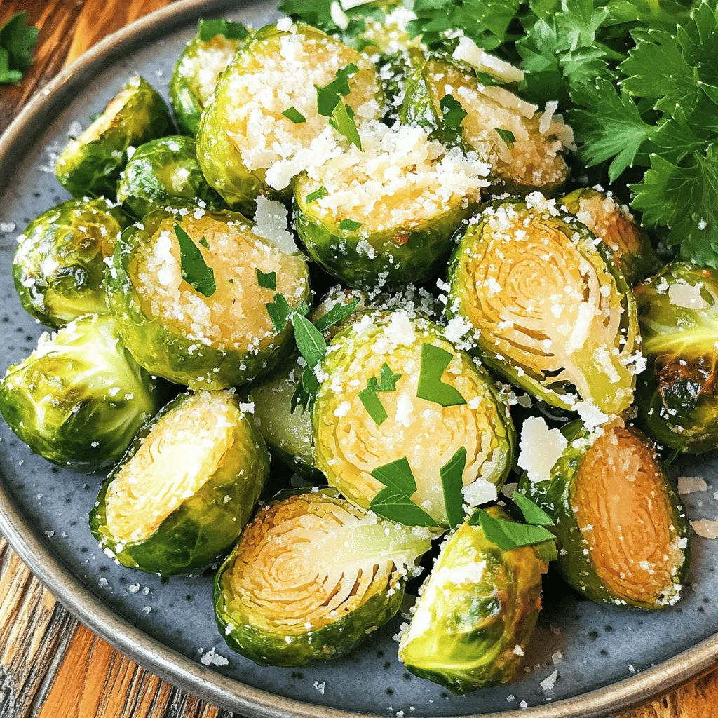 - 1 lb Brussels sprouts, trimmed and halved - 2 tablespoons extra virgin olive oil - 4 cloves garlic, minced - 1/2 cup freshly grated Parmesan cheese - 1 teaspoon garlic powder - 1/2 teaspoon onion powder - 1/2 teaspoon crushed red pepper flakes (optional) - Salt and freshly ground black pepper, to taste - Fresh parsley, for garnish - Air fryer - Mixing bowl - Measuring spoons - Chef’s knife When making Air Fryer Garlic Parmesan Brussels Sprouts, you need fresh and simple ingredients. First, get 1 pound of Brussels sprouts. Trim the ends and slice them in half. This helps them cook evenly. Next, grab 2 tablespoons of extra virgin olive oil. This oil adds flavor and helps get a crisp texture. You will also need 4 cloves of garlic, minced. Garlic gives these sprouts a wonderful taste. For seasoning, you’ll want 1/2 cup of freshly grated Parmesan cheese. This cheese melts nicely and adds a rich flavor. Add 1 teaspoon of garlic powder and 1/2 teaspoon of onion powder for depth. If you like heat, include 1/2 teaspoon of crushed red pepper flakes, but it's optional. Don’t forget to sprinkle salt and freshly ground black pepper to taste. Finally, use fresh parsley for garnish to make the dish look bright and fresh. To prepare, you will need a good air fryer to get that crispy finish. A mixing bowl is great for combining the ingredients. Have measuring spoons handy to ensure you get the right amounts. Lastly, a chef’s knife will help you chop the sprouts and garlic easily. These simple steps and tools will help you create a delicious side dish that everyone will love! - Rinse and trim the Brussels sprouts - Slice lengthwise for even cooking First, I wash the Brussels sprouts under cold water. This step removes any dirt. Next, I trim the stem ends of each sprout. Then, I slice them in half lengthwise. This promotes even cooking. - Mix with olive oil and spices - Ensure even coating of seasoning In a large bowl, I add the halved Brussels sprouts. I drizzle in the extra virgin olive oil. Then, I sprinkle in the minced garlic, garlic powder, onion powder, and crushed red pepper flakes. I also add salt and black pepper to taste. I toss everything well. Each sprout should be evenly coated in seasoning and oil. - Add freshly grated cheese - Toss gently for adherence Now, I sprinkle the freshly grated Parmesan cheese over the seasoned sprouts. I toss them gently again to make sure the cheese sticks well. This cheese makes the sprouts extra tasty. - Set to 375°F (190°C) - Allow 5 minutes to warm up I set my air fryer to 375°F (190°C). I let it warm up for about five minutes. This step is key to getting crispy Brussels sprouts. - Arrange in a single layer - Cook for 15-18 minutes, shaking halfway Next, I arrange the seasoned sprouts in a single layer in the air fryer basket. If needed, I cook them in batches. I air fry them for 15 to 18 minutes. Halfway through, I shake the basket to help them cook evenly. They should turn golden brown and crispy. - Transfer to serving dish - Add parsley and extra Parmesan Once they're done, I carefully take the sprouts out of the air fryer. I transfer them to a serving dish. To finish, I sprinkle chopped fresh parsley on top. I also add extra Parmesan cheese on the side. These Brussels sprouts look great and taste even better! To get your Brussels sprouts crispy, start by preheating your air fryer. Preheating helps create a nice texture. I recommend setting your air fryer to 375°F (190°C) for about five minutes. Next, avoid overcrowding the air fryer basket. This ensures that hot air flows freely, making the sprouts crispier. If you have a lot of sprouts, cook them in batches. Want more heat? You can easily adjust the crushed red pepper flakes. Start with half a teaspoon for a mild kick. If you love spice, add more! You can also try other seasonings. Garlic powder and onion powder add great flavor. Consider adding smoked paprika for a hint of smokiness or lemon zest for brightness. For a lovely presentation, serve your Brussels sprouts in a nice bowl or platter. A sprinkle of fresh parsley adds color. You can drizzle balsamic glaze over the top. This brings a sweet and tangy flavor that pairs well with the garlic and cheese. It makes your dish look fancy and appetizing! {{image_4}} You can switch up the cheese for a new taste. Try Pecorino or Romano cheese. These cheeses add a sharp and salty kick. If you're dairy-free, there are great cheese alternatives. Look for options made from nuts or soy. They melt well and still give that cheesy flavor. Mix in other veggies for more color and taste. Carrots add a nice sweetness. Bell peppers bring a crunch and vibrant color. You can also use seasonal veggies, like squash in fall. This keeps your dish fresh and exciting. Want to brighten up your sprouts? Add lemon zest or juice. This gives a fresh and tangy kick. You can also toss in nuts for a crunchy texture. Almonds or walnuts work well. They complement the sprouts nicely and add healthy fats. To store your leftover Air Fryer Garlic Parmesan Brussels Sprouts, place them in an airtight container. Make sure to let them cool first. This helps keep them fresh. Refrigerate the container. They will stay good for about 3 to 4 days. For the best taste, try to eat them within this time. When reheating, I recommend using the air fryer again. This method keeps them crispy. Set your air fryer to 350°F (175°C) and heat for about 5 to 7 minutes. Avoid the microwave, as it can make them soggy. If you use the oven, set it to 350°F (175°C) and heat for about 10 minutes. Both methods help maintain that great texture. You can freeze these Brussels sprouts, but they are best fresh. To freeze, let them cool completely. Place them in a freezer-safe bag or container. Remove as much air as you can before sealing. They will stay good for about 2 to 3 months. When you’re ready to eat, thaw them in the fridge overnight. To reheat, use the air fryer as mentioned above. Yes, you can use frozen Brussels sprouts. However, you need to make some changes. First, thaw the sprouts completely. This helps them cook evenly. After thawing, pat them dry to remove excess moisture. This step is key for crispiness. You may need to adjust the cooking time to about 20-25 minutes. Keep an eye on them to avoid overcooking. To make these Brussels sprouts vegan, you can swap the cheese and oil. Use a plant-based cheese to keep the flavor. Nutritional yeast is a great option for a cheesy taste. For oil, you can use avocado oil or even vegetable broth. These swaps will keep your dish tasty and plant-friendly. Air Fryer Brussels sprouts pair well with many dishes. Try serving them with roasted chicken or grilled salmon for a lovely meal. They also fit nicely alongside quinoa or brown rice. For a vegetarian option, serve with a hearty lentil salad. The flavor balance will impress everyone. If you want your Brussels sprouts spicier, add more crushed red pepper flakes. You can also toss in some cayenne pepper for an extra kick. Another option is to mix in sriracha or hot sauce before air frying. Adjust the amount to your taste for the perfect heat. In this post, we explored how to make crispy air fryer Brussels sprouts. You learned about the essential ingredients and tools, along with step-by-step instructions for a perfect dish. We covered tips for achieving great texture and stored leftovers correctly. Brussels sprouts can be versatile and tasty when prepared right. Don't hesitate to try different cheeses or add extra veggies for a twist. Enjoy your delicious and healthy meal!