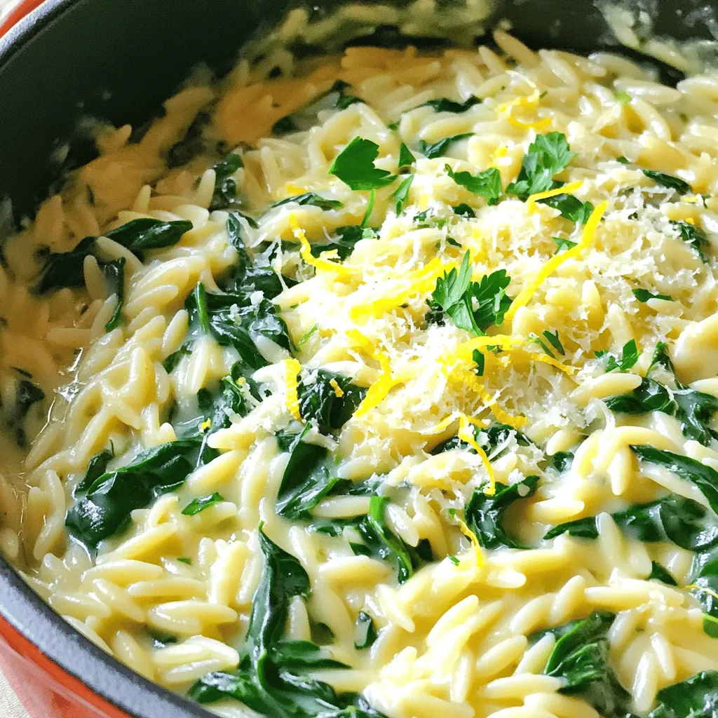 To make One-Pot Lemon Parmesan Orzo with Spinach, you will need the following: - 1 cup orzo pasta - 2 tablespoons extra virgin olive oil - 3 cloves garlic, finely minced - 4 cups vegetable broth - 2 cups fresh baby spinach - Zest and juice of 1 large lemon - 1 cup freshly grated Parmesan cheese - Salt and black pepper, to taste - 1/4 teaspoon red pepper flakes (optional) - Fresh parsley, for garnish These ingredients come together in a simple and tasty way. The orzo pasta gives a nice texture, while spinach adds color and nutrients. The lemon zest and juice provide a bright, fresh taste. I like using freshly grated Parmesan because it melts better and gives more flavor. You can adjust the salt and pepper to your liking. The red pepper flakes add just a hint of heat but are not required. Finally, fresh parsley makes a lovely garnish and adds a pop of color. Enjoy gathering these ingredients for a delightful cooking experience! First, heat the olive oil in a large pot over medium heat. When the oil shimmers, add the minced garlic. Sauté it for about 1-2 minutes. You want it fragrant but not burnt. Stir it often to cook evenly. Next, add the orzo to the pot. Stir it for about one minute. This lightly toasts the orzo and enhances its flavor. Now, pour in the vegetable broth. Stir well to mix everything. Increase the heat to bring it to a gentle boil. Once it boils, reduce the heat and cover the pot. Let it simmer until the orzo is tender, about 10-12 minutes. Stir occasionally. After cooking, remove the pot from heat. Gently fold in the fresh spinach. Then add the lemon zest and lemon juice. Stir in the grated Parmesan cheese. This creates a creamy, delicious mixture as the cheese melts and the spinach wilts. Finally, season the dish with salt, pepper, and red pepper flakes to taste. Adjust these based on how you like it. Serve the orzo hot, garnished with fresh parsley for a burst of color and flavor. Enjoy your meal! To boost the lemon flavor, use fresh lemon zest and juice. The zest adds a bright aroma. You can also add a splash of lemon juice just before serving. This freshens up the dish and lifts the taste. Prevent overcooking the orzo by stirring it often. Check it a minute or two before the time is up. You want it tender but with a slight bite. This gives the dish a nice texture. For one-pot meals, a large pot or Dutch oven works best. It holds heat evenly and allows for easy stirring. Choose a pot that has a heavy bottom to prevent sticking. Use a wooden spoon or silicone spatula for mixing. These utensils are gentle on your pot and help combine all the flavors well. They also make it easy to scrape the bottom. Pair this orzo with a light salad. A simple green salad with vinaigrette balances the meal. You could also serve it with grilled chicken or fish for added protein. For a fun presentation idea, serve in shallow bowls. Add a sprinkle of fresh parsley on top. This adds color and makes the dish look more inviting. You can also use lemon wedges on the side for extra zest. {{image_4}} You can boost your One-Pot Lemon Parmesan Orzo with protein. For chicken lovers, add cooked, diced chicken. Sauté it with the garlic for a tasty mix. Shrimp is another great option. Simply toss in peeled, raw shrimp during the last few minutes of cooking. They will cook quickly and add a nice flavor. If you prefer vegetarian options, try adding chickpeas. They add protein and a nice texture. Just mix them in with the spinach for a hearty dish. If you want to change things up, swap the spinach for other greens. Kale or Swiss chard works well. Just chop them and add with the other ingredients. For those who need dairy-free options, find a suitable Parmesan substitute. Nutritional yeast can provide a cheesy flavor without dairy. You can also look for dairy-free cheese in stores. These swaps let you tailor the dish to your diet and tastes. Enhancing the flavor can make this dish even better. Try adding fresh herbs like basil or thyme. These herbs can give a fresh twist. You can also use dried spices like oregano or a pinch of cumin for depth. For a Mediterranean touch, incorporate sun-dried tomatoes or olives. Chop them up and mix in during the last few minutes of cooking. These additions will create a flavor-packed meal that excites the palate. Store any leftover One-Pot Lemon Parmesan Orzo with Spinach in the fridge. Place it in an airtight container to keep it fresh. You can use glass or plastic containers with tight lids. This helps to prevent odors and keeps your dish tasty. Leftovers will last for about 3 to 4 days in the fridge. To reheat your orzo, use the stovetop or microwave. On the stovetop, place the orzo in a pot with a splash of water. Heat on low, stirring often until warm. This helps to keep the texture nice. In the microwave, heat in short bursts, stirring in between. Expect the orzo to be a bit creamier after refrigeration. The spinach may lose some crunch but will still taste great. Yes, you can freeze cooked orzo. To do this, let it cool completely. Then, transfer it to a freezer-safe container or bag. Make sure to remove as much air as possible. This will help prevent freezer burn. When you’re ready to eat, thaw it in the fridge overnight. Reheat it on the stovetop, adding a little broth or water to restore creaminess. Enjoy this bright dish even months later! Yes, you can use other pasta types. If you don’t have orzo, try small shapes like ditalini or acini di pepe. They will cook similarly and soak up the flavors well. You can also use medium pasta like fusilli or penne. Just adjust the cooking time based on the shape and size. To make this dish gluten-free, swap orzo for gluten-free pasta. Many brands offer gluten-free orzo made from rice or corn. Just check the package for cooking time, as it may differ from regular pasta. Pair this orzo with a fresh salad or grilled vegetables for a complete meal. You can also serve it with grilled chicken or shrimp for protein. A slice of crusty bread can round out the meal nicely. This dish will last 3 to 4 days in the fridge. Store it in an airtight container to keep it fresh. Reheat on the stove with a splash of broth to restore moisture. This blog post covered a delicious one-pot lemon Parmesan orzo recipe. We discussed the essential ingredients, detailed cooking steps, and offered helpful tips. I shared variations to boost flavors or adapt it to your taste. You can store leftovers and reheat them easily for another meal. This dish is both simple and versatile. You can wow your guests or enjoy it solo. Try these ideas at home to make your meals fun and fresh!