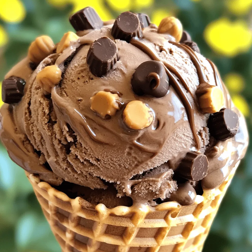 - 2 cups heavy cream - 1 cup sweetened condensed milk - ½ cup smooth peanut butter - 1 teaspoon vanilla extract - ½ cup semi-sweet chocolate chips - ½ cup mini peanut butter cups, chopped - A pinch of salt Accurate measurements matter for the best ice cream. Use a dry measuring cup for solid ingredients, like peanut butter. For liquids, a liquid measuring cup works best. When using heavy cream, ensure it is cold for better whipping. Always level off dry ingredients with a straight edge for precision. You can swap some ingredients if needed. For a lower fat option, use light cream instead of heavy cream. If you want a nut-free version, try sun butter in place of peanut butter. You can also use dairy-free chocolate chips for a vegan treat. Start by pouring 2 cups of heavy cream into a large bowl. Use an electric mixer on medium-high speed. Whip the cream for about 3 to 5 minutes. You want stiff peaks to form. The cream should look thick and fluffy. This step is key for your ice cream’s texture. In a separate bowl, mix 1 cup of sweetened condensed milk, ½ cup of smooth peanut butter, 1 teaspoon of vanilla extract, and a pinch of salt. Stir with a whisk or spatula until smooth. This mixture is rich and creamy. It will be the flavor base for your ice cream. Next, you will fold the whipped cream into the peanut butter base. Do this in three parts. Use a spatula to gently lift the cream from the bottom. Fold it over the peanut butter mixture carefully. You want to keep the air in the whipped cream. This makes your ice cream light and fluffy. Once your whipped cream is mixed in, it’s time for the fun part. Add ½ cup of semi-sweet chocolate chips and ½ cup of chopped mini peanut butter cups. Gently stir to combine. This adds a delightful crunch and bursts of chocolate flavor. Ensure the candies are spread evenly throughout the mix. Pour the mixture into a 9x5 inch loaf pan or any container you have. Smooth the top with a spatula for a clean look. Cover it tightly with plastic wrap or a lid. This helps prevent ice crystals from forming. Place it in the freezer for at least 6 hours. Wait until it is solid before serving. When ready to enjoy, let it sit for 5 to 10 minutes to soften. This makes scooping easier and enhances the taste. To make great whipped cream, start with chilled heavy cream. Cold cream whips better and faster. Use a clean bowl and beaters for the best results. Whip on medium-high speed. Stop when you see stiff peaks. This means the cream is thick and ready. Be careful not to over-whip. If you do, the cream can turn grainy. Ice crystals can ruin your ice cream's smooth texture. To avoid this, cover your ice cream tightly. Use plastic wrap or a lid. This helps keep air out. You can also stir the ice cream halfway through freezing. This breaks up any crystals that do form. Just use a fork to mix it well. Serve your ice cream in waffle cones or bowls. For a fun twist, top each scoop with more chopped mini peanut butter cups. A drizzle of chocolate sauce adds extra flavor and looks great. You can also pair it with fresh fruit for a tasty contrast. Enjoy your treat with friends or family for a fun dessert moment! {{image_4}} You can switch up the flavors in many fun ways. Try adding a swirl of caramel or a dash of coffee for a kick. Want a fruity twist? Mix in some crushed strawberries or bananas. A mint chocolate version is also easy; just add mint extract and chopped mint candies. Each of these flavors brings a unique taste to your ice cream. If you want a dairy-free treat, use coconut cream instead of heavy cream. Look for a dairy-free condensed milk to replace the sweetened condensed milk. Smooth almond or cashew butter works great too. These swaps let you enjoy the same rich taste without dairy. Mix-ins can take your ice cream to the next level. You can add nuts for crunch, like chopped almonds or walnuts. Crushed cookies, such as Oreos, add fun texture and flavor. Want more chocolate? Toss in chocolate chunks or even brownie pieces. The key is to keep the mix-ins balanced so they don’t overwhelm the ice cream base. Enjoy getting creative! To keep your no-churn chocolate peanut butter cup ice cream fresh, follow these tips: - Store the ice cream in an airtight container. This keeps out air and helps avoid ice crystals. - Use plastic wrap to cover the surface of the ice cream before sealing the lid. This adds extra protection. - Make sure your freezer is set to 0°F (-18°C) or lower for best results. This ice cream stays tasty for about 2 to 3 weeks in the freezer. It’s best to finish it sooner for the best flavor. After that period, it might lose some of its creamy texture. If your ice cream gets too hard, don’t worry! Just let it sit at room temperature for 5 to 10 minutes. This softens it up, making scooping easy. If it still feels too hard, try using a warm scoop dipped in hot water. This helps it glide through the ice cream smoothly. Enjoy every rich, creamy bite! No, you do not need an ice cream maker. This no-churn recipe works well without one. You simply whip the cream and fold it into the peanut butter mix. This keeps it light and creamy. You can enjoy delicious ice cream without any special tools. Freezing time is key. It takes at least 6 hours for the ice cream to set fully. If you want it to be perfect, freeze it overnight. This helps all the flavors meld together. Patience is important here! If your ice cream is too hard, let it sit out for 5 to 10 minutes. This helps soften it up. You can also place it in the fridge for a short time. Both methods make scooping easier and improve your serving experience. Yes, you can use crunchy peanut butter. It adds a fun texture to the ice cream. Just remember, it may change the smoothness of the base. If you love the crunch, go ahead and switch it up! You learned how to make no-churn ice cream using simple ingredients and steps. We covered measuring tips, ingredient swaps, and ways to whip cream perfectly. Remember, folding techniques help create a fluffy texture. Explore variations like dairy-free options and different flavors. Store your ice cream properly for the best taste and freshness. With these tips, you can create a delicious treat that fits your needs. Now, go ahead and enjoy your homemade ice cream!