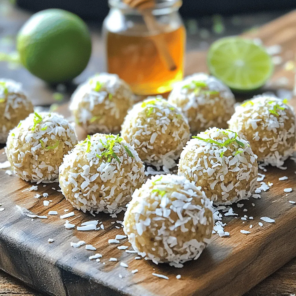 To make Coconut Lime Energy Balls, gather these simple ingredients: - 1 cup rolled oats - 1/2 cup unsweetened shredded coconut - 1/4 cup almond butter (or any nut butter of your choice) - 1/4 cup honey or maple syrup - Zest of 1 lime - Juice of 2 limes - 1/4 cup chia seeds - 1/2 teaspoon vanilla extract - A pinch of salt These ingredients mix well to create a tasty snack. They provide energy and flavor. You can switch things up with these optional ingredients: - Dark chocolate chips for sweetness - Dried fruit like cranberries or apricots for chewiness - Nuts such as walnuts or pecans for crunch - Protein powder for an extra boost These options let you tailor the energy balls to your taste. Each energy ball has a nice mix of nutrients. Here’s a quick look: - Calories: About 100 per ball - Protein: 2-3 grams - Carbohydrates: 15 grams - Fiber: 3-4 grams - Sugars: 5-7 grams These numbers can change based on your ingredient choices. Overall, these energy balls are a healthy snack option. To start, gather your ingredients. You will need: - 1 cup rolled oats - 1/2 cup unsweetened shredded coconut - 1/4 cup almond butter - 1/4 cup honey or maple syrup - Zest of 1 lime - Juice of 2 limes - 1/4 cup chia seeds - 1/2 teaspoon vanilla extract - A pinch of salt In a large bowl, mix the rolled oats and shredded coconut. Stir until they blend well. Next, add the almond butter and honey or maple syrup. Use a spatula to mix them in. Make sure everything combines nicely. Then, add the lime zest, juice, chia seeds, vanilla extract, and a pinch of salt. Stir well until all ingredients mix into a thick paste. The mixture should feel sticky but hold together well. Now it's time to chill. Cover the bowl with plastic wrap. Place it in the refrigerator for about 30 minutes. This step helps firm up the mixture. It makes rolling the balls much easier. After 30 minutes, remove the bowl from the fridge. Scoop out small portions of the mixture, about 1 tablespoon each. Use your hands to roll them into smooth balls. If you like, roll the energy balls in extra shredded coconut for a nice touch. Place the finished balls on a baking sheet lined with parchment paper. This keeps them from sticking. Return the baking sheet to the fridge. Chill the energy balls for another 30 minutes to an hour. This helps them set. Finally, transfer the energy balls to an airtight container. Store them in the fridge for up to a week. They make a great snack anytime! To make Coconut Lime Energy Balls, start with the dry ingredients. Combine rolled oats and shredded coconut in a large bowl. Mix them well to ensure they blend evenly. Next, you’ll add the wet ingredients. Almond butter and honey or maple syrup create a tasty base. Use a spatula to fold them into the dry mix. Keep stirring until you can’t see any dry oats. After mixing, chill the mixture in the fridge for 30 minutes. This step helps the mix firm up. Once chilled, use your hands to scoop out portions. Aim for about 1 tablespoon each. Roll them gently into smooth balls. For added fun, roll them in extra shredded coconut. This gives them a nice outer layer. Serve these energy balls on a nice plate. To make them pop, sprinkle some lime zest around them. You can also add a little more shredded coconut for flair. These energy balls make a great snack for kids and adults alike. Store them in an airtight container in the fridge for up to a week. Enjoy them after workouts or as a quick pick-me-up! {{image_4}} You can switch up the nut butter in this recipe. Use peanut butter for a richer taste. Cashew butter adds a smooth and creamy texture. Sunflower seed butter works well too, especially for nut-free diets. Each nut butter brings its unique flavor and health benefits. Consider adding superfoods to boost nutrition. Flaxseeds add omega-3 fatty acids. Protein powder can help if you need extra energy for workouts. Dried fruits like cranberries or raisins add sweetness. You can mix in pumpkin seeds for a nice crunch. Feel free to experiment with flavors. Try orange zest instead of lime for a sweet twist. You can add cocoa powder for a chocolatey version. A drop of almond extract gives a nice nutty flavor. These small changes keep your energy balls exciting and fun! To keep your Coconut Lime Energy Balls fresh, store them in an airtight container. This helps prevent moisture from getting in. I like to layer parchment paper between the balls to stop them from sticking. This way, they stay easy to grab for a snack. If you want to save some for later, you can freeze them! Just place the energy balls on a baking sheet first. Freeze them for about one hour until firm. After that, transfer them to a freezer-safe bag. They can last for up to three months in the freezer. When you want one, just take it out and let it thaw at room temperature. These energy balls stay fresh in the fridge for about one week. Make sure to check for any signs of spoilage. If they smell off or look weird, it's best to toss them. To keep them tasting great, eat them within that week. Enjoy them as a quick energy boost anytime! Yes, you can use maple syrup or agave syrup. Both work well in this recipe. They add sweetness without altering the taste. Choose what you like best. To make these energy balls vegan, use maple syrup instead of honey. Also, choose a nut butter that is dairy-free. This way, you keep all the yummy flavors while making it vegan. Coconut is high in fiber and healthy fats. It helps boost energy and keeps you full. Lime adds vitamin C and supports your immune system. Together, they make a tasty and healthy snack. Yes, you can make these energy balls a few days in advance. Just store them in an airtight container in the fridge. They will stay fresh and ready for a quick snack. You can serve them on a nice plate. Add some lime zest and shredded coconut around them for flair. They are great for parties, snacks, or a quick breakfast on the go. Creating Coconut Lime Energy Balls is simple and fun. We discussed key ingredients, how to mix and store them, and even variations to try. These energy balls are a tasty way to fuel your day with nutritious options. Keep them fresh in your fridge or freezer, and they’ll last longer. Try experimenting with flavors and ingredients to find your favorites. Enjoy these healthy snacks anytime, and feel good about what you eat!