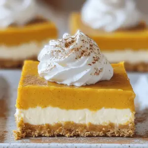 - 1 1/2 cups graham cracker crumbs - 1/4 cup granulated sugar - 1/2 cup unsalted butter, melted - 16 oz cream cheese, softened at room temperature - 3/4 cup powdered sugar - 1 teaspoon vanilla extract - 1 cup canned pumpkin puree - 1 teaspoon ground cinnamon - 1/2 teaspoon ground nutmeg - 1/4 teaspoon ground ginger - 1/4 teaspoon salt - 1 cup whipped cream (for topping) - Additional ground cinnamon for garnish When choosing pumpkin puree, look for pure pumpkin. Avoid pumpkin pie filling, as it has added sugar and spices. Use granulated sugar for the crust and powdered sugar for the filling. Powdered sugar blends well, giving a smooth texture. For the best taste, always use fresh spices. Freshly ground nutmeg and cinnamon bring out the flavor. If you want a different sweetener, use maple syrup or agave nectar. For a dairy-free option, try vegan cream cheese. You can also use coconut cream instead of whipped cream. For gluten-free bars, swap graham crackers for gluten-free options like almond flour or gluten-free cookies. To get started, gather your ingredients. You will need graham cracker crumbs, sugar, and melted butter. In a medium bowl, mix the graham cracker crumbs with sugar. Make sure they blend well. Then, pour in the melted butter. Stir until it looks like wet sand. This mixture will become your crust. Next, press this mixture into a 9x9 inch baking pan. Use your hands or a flat tool to pack it down firmly. A tight crust holds the bars together. Make it even across the bottom. This crust will form a strong base for your cheesecake filling. Now, let’s make the filling. Take a large bowl and beat the softened cream cheese with an electric mixer. Mix it until it becomes smooth and creamy. There should be no lumps. Gradually add powdered sugar and vanilla extract. Keep mixing until it is fully combined. Next, it’s time to add the pumpkin. Carefully fold in the pumpkin puree and spices: ground cinnamon, nutmeg, ginger, and salt. Mix until everything is blended well. The filling should be smooth and free of lumps. Pour the pumpkin cheesecake filling onto your prepared crust. Use a spatula to spread it evenly across the top. Make sure to smooth the surface for a nice finish. Cover the pan with plastic wrap or foil. Place it in the refrigerator. Chill for at least 4 hours. This step helps the cheesecake set properly. Once it’s firm, you can lift it out of the pan using the edges of the foil. Cut it into squares or rectangles. Top each bar with whipped cream. A sprinkle of ground cinnamon adds a lovely touch. Serve these delightful treats to friends and family. Enjoy the smiles they bring! The first mistake is not pressing the crust tightly. If it's loose, the bars may fall apart. Another common issue is overmixing the filling. Mix just enough to blend. Too much mixing adds air and can cause cracks. Lastly, don’t skip chilling. The bars need time to set properly. To get a smooth filling, use room-temperature cream cheese. Cold cream cheese creates lumps. Mix the filling on low speed. This helps keep it creamy. For a lighter texture, fold in whipped cream gently. This adds air without making it too fluffy. Always use pure pumpkin puree, not pie filling. The spices make a big difference, too. Freshly ground cinnamon and nutmeg provide richer flavors. Adjust spices to your taste. If you like more warmth, add extra ginger or cinnamon. Taste the filling before it sets to ensure it’s perfect! {{image_4}} You can add fun flavors to these bars. Try folding in some chocolate chips or chopped nuts. This adds crunch and richness. For chocolate lovers, a layer of melted chocolate on top works great. You can also add a swirl of caramel for a sweet touch. Each option gives your bars a unique twist. If you need a gluten-free version, use gluten-free graham crackers. You can also swap regular cream cheese for a dairy-free option. This way, more people can enjoy your dessert. For vegan bars, use coconut cream instead of cream cheese. Make sure to pick a vegan whipped cream to top your bars. Make your bars festive by adding seasonal flavors. For Thanksgiving, consider mixing in cranberries or pecans. You can also add a hint of orange zest for a bright flavor. In winter, a touch of peppermint extract can give your bars a holiday flair. These seasonal twists keep your dessert exciting all year round. To keep your no-bake pumpkin pie cheesecake bars fresh, store them in the fridge. Use an airtight container to prevent any odors from mixing. If you use foil or plastic wrap, make sure it is tightly sealed. This will help the bars stay moist and tasty. Enjoy them within four days for the best flavor. Freezing these bars is simple. First, cut them into squares or rectangles after they are fully chilled. Then, wrap each piece tightly in plastic wrap. Place the wrapped bars in a freezer-safe container or a zip-top bag. Be sure to label the bag with the date. They can stay in the freezer for up to three months. When you want to enjoy them, let the bars thaw in the fridge overnight. These delicious bars stay good in the fridge for about four days. If you freeze them, they will last for three months. For the best taste, eat them sooner rather than later. Freshness is key to enjoying the creamy pumpkin flavor. If you notice any off smells or changes in texture, it's best to toss them out. Yes, you can make these bars a day ahead. This makes them perfect for parties. Just chill them in the fridge. They taste even better after sitting overnight. The flavors blend well and get richer. You can use Greek yogurt or silken tofu as a swap. Both work well and keep the cheesecake creamy. Greek yogurt adds a nice tang, while silken tofu gives a smooth texture. Adjust the sugars if needed for taste. The cheesecake is set when it feels firm to the touch. You can also gently shake the pan. If it jiggles slightly in the center, it needs more time. Chill it longer if it isn’t firm enough. This blog post covered all you need for perfect cheesecake bars. We explored simple ingredients, with tips on choosing the best options. You learned step-by-step instructions to prepare the crust and filling, plus how to chill them. We also discussed common mistakes and expert tips to avoid them. You can make variations to fit your taste or diet. Finally, we shared best practices for storing leftovers. Now, you’re ready to create delicious bars that everyone will enjoy!