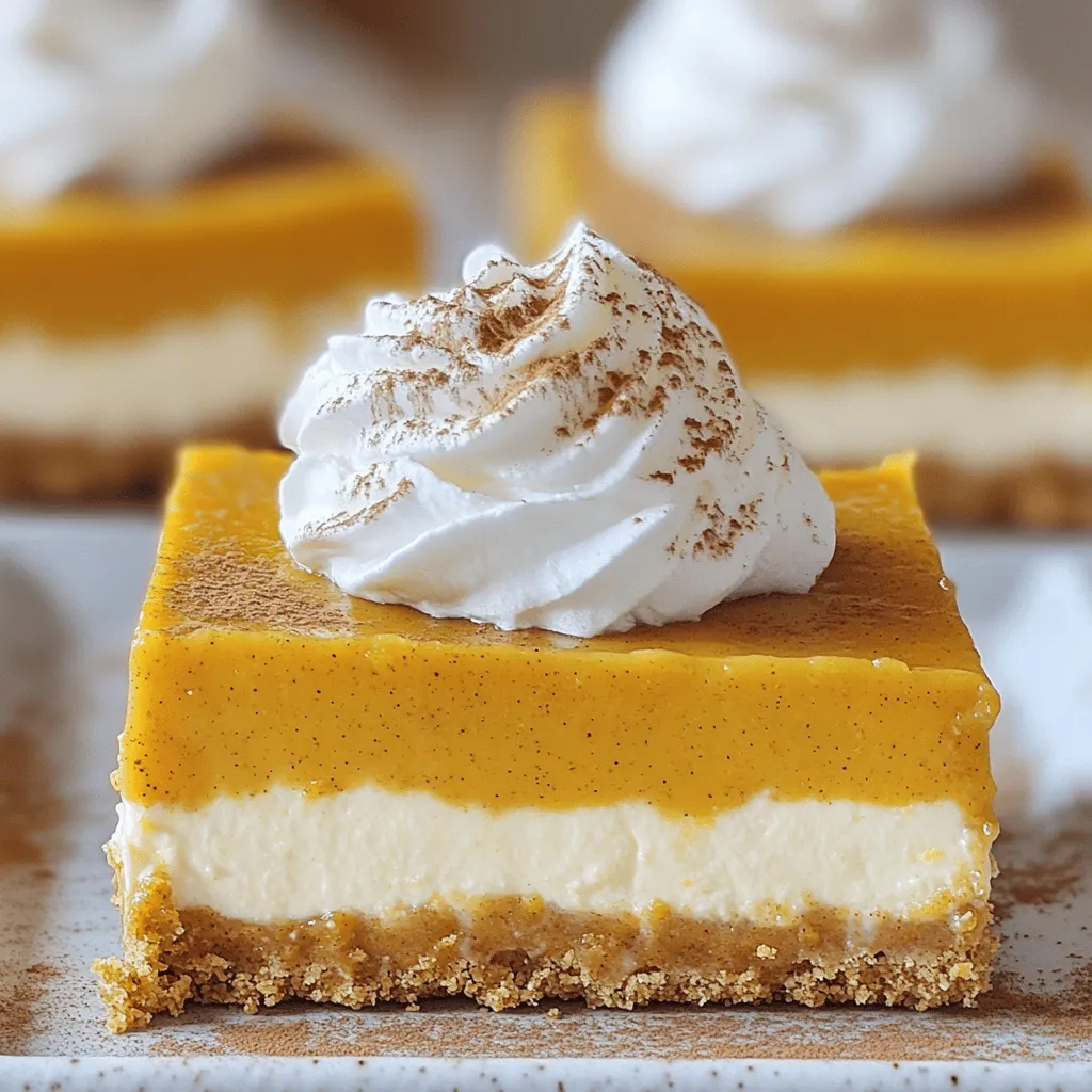 - 1 1/2 cups graham cracker crumbs - 1/4 cup granulated sugar - 1/2 cup unsalted butter, melted - 16 oz cream cheese, softened at room temperature - 3/4 cup powdered sugar - 1 teaspoon vanilla extract - 1 cup canned pumpkin puree - 1 teaspoon ground cinnamon - 1/2 teaspoon ground nutmeg - 1/4 teaspoon ground ginger - 1/4 teaspoon salt - 1 cup whipped cream (for topping) - Additional ground cinnamon for garnish When choosing pumpkin puree, look for pure pumpkin. Avoid pumpkin pie filling, as it has added sugar and spices. Use granulated sugar for the crust and powdered sugar for the filling. Powdered sugar blends well, giving a smooth texture. For the best taste, always use fresh spices. Freshly ground nutmeg and cinnamon bring out the flavor. If you want a different sweetener, use maple syrup or agave nectar. For a dairy-free option, try vegan cream cheese. You can also use coconut cream instead of whipped cream. For gluten-free bars, swap graham crackers for gluten-free options like almond flour or gluten-free cookies. To get started, gather your ingredients. You will need graham cracker crumbs, sugar, and melted butter. In a medium bowl, mix the graham cracker crumbs with sugar. Make sure they blend well. Then, pour in the melted butter. Stir until it looks like wet sand. This mixture will become your crust. Next, press this mixture into a 9x9 inch baking pan. Use your hands or a flat tool to pack it down firmly. A tight crust holds the bars together. Make it even across the bottom. This crust will form a strong base for your cheesecake filling. Now, let’s make the filling. Take a large bowl and beat the softened cream cheese with an electric mixer. Mix it until it becomes smooth and creamy. There should be no lumps. Gradually add powdered sugar and vanilla extract. Keep mixing until it is fully combined. Next, it’s time to add the pumpkin. Carefully fold in the pumpkin puree and spices: ground cinnamon, nutmeg, ginger, and salt. Mix until everything is blended well. The filling should be smooth and free of lumps. Pour the pumpkin cheesecake filling onto your prepared crust. Use a spatula to spread it evenly across the top. Make sure to smooth the surface for a nice finish. Cover the pan with plastic wrap or foil. Place it in the refrigerator. Chill for at least 4 hours. This step helps the cheesecake set properly. Once it’s firm, you can lift it out of the pan using the edges of the foil. Cut it into squares or rectangles. Top each bar with whipped cream. A sprinkle of ground cinnamon adds a lovely touch. Serve these delightful treats to friends and family. Enjoy the smiles they bring! The first mistake is not pressing the crust tightly. If it's loose, the bars may fall apart. Another common issue is overmixing the filling. Mix just enough to blend. Too much mixing adds air and can cause cracks. Lastly, don’t skip chilling. The bars need time to set properly. To get a smooth filling, use room-temperature cream cheese. Cold cream cheese creates lumps. Mix the filling on low speed. This helps keep it creamy. For a lighter texture, fold in whipped cream gently. This adds air without making it too fluffy. Always use pure pumpkin puree, not pie filling. The spices make a big difference, too. Freshly ground cinnamon and nutmeg provide richer flavors. Adjust spices to your taste. If you like more warmth, add extra ginger or cinnamon. Taste the filling before it sets to ensure it’s perfect! {{image_4}} You can add fun flavors to these bars. Try folding in some chocolate chips or chopped nuts. This adds crunch and richness. For chocolate lovers, a layer of melted chocolate on top works great. You can also add a swirl of caramel for a sweet touch. Each option gives your bars a unique twist. If you need a gluten-free version, use gluten-free graham crackers. You can also swap regular cream cheese for a dairy-free option. This way, more people can enjoy your dessert. For vegan bars, use coconut cream instead of cream cheese. Make sure to pick a vegan whipped cream to top your bars. Make your bars festive by adding seasonal flavors. For Thanksgiving, consider mixing in cranberries or pecans. You can also add a hint of orange zest for a bright flavor. In winter, a touch of peppermint extract can give your bars a holiday flair. These seasonal twists keep your dessert exciting all year round. To keep your no-bake pumpkin pie cheesecake bars fresh, store them in the fridge. Use an airtight container to prevent any odors from mixing. If you use foil or plastic wrap, make sure it is tightly sealed. This will help the bars stay moist and tasty. Enjoy them within four days for the best flavor. Freezing these bars is simple. First, cut them into squares or rectangles after they are fully chilled. Then, wrap each piece tightly in plastic wrap. Place the wrapped bars in a freezer-safe container or a zip-top bag. Be sure to label the bag with the date. They can stay in the freezer for up to three months. When you want to enjoy them, let the bars thaw in the fridge overnight. These delicious bars stay good in the fridge for about four days. If you freeze them, they will last for three months. For the best taste, eat them sooner rather than later. Freshness is key to enjoying the creamy pumpkin flavor. If you notice any off smells or changes in texture, it's best to toss them out. Yes, you can make these bars a day ahead. This makes them perfect for parties. Just chill them in the fridge. They taste even better after sitting overnight. The flavors blend well and get richer. You can use Greek yogurt or silken tofu as a swap. Both work well and keep the cheesecake creamy. Greek yogurt adds a nice tang, while silken tofu gives a smooth texture. Adjust the sugars if needed for taste. The cheesecake is set when it feels firm to the touch. You can also gently shake the pan. If it jiggles slightly in the center, it needs more time. Chill it longer if it isn’t firm enough. This blog post covered all you need for perfect cheesecake bars. We explored simple ingredients, with tips on choosing the best options. You learned step-by-step instructions to prepare the crust and filling, plus how to chill them. We also discussed common mistakes and expert tips to avoid them. You can make variations to fit your taste or diet. Finally, we shared best practices for storing leftovers. Now, you’re ready to create delicious bars that everyone will enjoy!