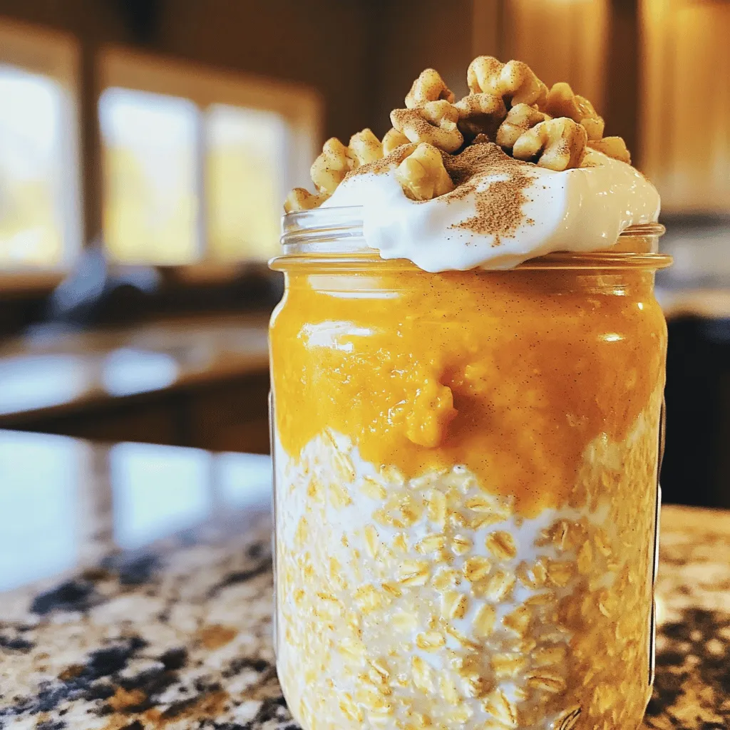 To make your Protein Pumpkin Pie Overnight Oats, gather these key items: - 1 cup rolled oats - 1 cup almond milk (or your preferred plant-based milk) - 1/2 cup canned pumpkin puree - 1 scoop vanilla protein powder (or your favored plant-based protein) - 1 teaspoon pumpkin pie spice - 1 tablespoon maple syrup (or honey for a non-vegan option) - 1 tablespoon chia seeds - 1/4 teaspoon vanilla extract - A pinch of salt These ingredients combine to create a creamy and tasty breakfast. The oats provide fiber, while the pumpkin adds vitamins. Protein powder boosts the protein content, making this meal filling. You can enhance your oats with some fun toppings. Here are a few options: - Chopped walnuts for crunch - A dollop of Greek yogurt for extra creaminess - A sprinkle of cinnamon for warmth These toppings not only add flavor but also increase the nutrition of your dish. Feel free to mix and match to find your favorite combo. If you have dietary needs, you can easily adjust this recipe. Here are some ideas: - Use gluten-free oats if you need a gluten-free option. - Swap almond milk for coconut or oat milk if you prefer. - Choose a plant-based protein powder for a vegan twist. - Replace maple syrup with agave nectar for a different sweetener. These substitutions let you enjoy this recipe while sticking to your diet. Cooking should be flexible and fun! First, grab a large mixing bowl. Add 1 cup of rolled oats and 1 cup of almond milk. Stir briefly. This helps moisten the oats. Then, add 1/2 cup of canned pumpkin puree. Next, scoop in 1 scoop of vanilla protein powder. Don't forget 1 teaspoon of pumpkin pie spice. Add 1 tablespoon of maple syrup for sweetness. Toss in 1 tablespoon of chia seeds for texture. Lastly, add 1/4 teaspoon of vanilla extract and a pinch of salt. Now, take a whisk and mix all the ingredients. Whisk vigorously until everything is smooth. You want the oats to be well coated. Mixing well helps the oats soak up flavor. This creates a creamy, tasty base for your oats. Cover your bowl tightly with plastic wrap. If you prefer, divide the mixture into jars with lids. This makes it easy to grab and go. Place the covered bowl or jars in the fridge. Let them sit overnight, or at least 4 hours. This allows the oats to absorb the liquid. When you’re ready to eat, stir the oats well. If they seem thick, add a splash of almond milk to loosen them. Enjoy your delicious, pumpkin pie-flavored breakfast! To get the best taste, follow these steps. Start with a large bowl. Mix the rolled oats and almond milk first. Stir briefly to moisten the oats. Next, add the pumpkin puree, protein powder, pumpkin pie spice, chia seeds, maple syrup, vanilla extract, and a pinch of salt. Use a whisk to combine everything. This helps the oats soak in the flavors well. Mix until smooth and creamy. Check for lumps to ensure a nice texture. You might want your oats thick or thin. If you like a thicker mix, add less almond milk. If you want it runny, add more milk. When you take it out of the fridge, stir it well. This helps mix in any liquid that may have settled. If it feels too thick, splash in some almond milk until you reach your favorite texture. This way, you can make it just how you like it every time. Make this recipe your own with fun twists. Try different spices like cinnamon or nutmeg for warmth. You can swap maple syrup for honey or agave nectar. For a nutty flavor, add almond or peanut butter. You can also mix in nuts or seeds for crunch. Want a sweeter taste? Add a bit more maple syrup. The options are endless, so get creative and enjoy your protein pumpkin pie overnight oats! {{image_4}} If you want to mix up your protein source, you have options. For a dairy-free choice, try pea protein powder. It blends well and offers a nice taste. If you prefer a nutty flavor, hemp protein is a great pick. It adds a unique twist to your oats. For those who do not want any protein powder, you can use Greek yogurt. It boosts protein and adds creaminess. You can change the taste of your oats with different spices and sweeteners. Instead of pumpkin pie spice, try cinnamon or nutmeg for a warm flavor. You can also add ginger for a spicy kick. If you want a sweeter taste, use agave syrup instead of maple syrup. Honey is another option if you are not vegan. Each swap can make your oats taste fresh and exciting. Fruits can make your protein pumpkin pie overnight oats even better. Add some diced apples for crunch and sweetness. Bananas also work well, giving a creamy texture. If you want berries, blueberries or cranberries are great choices. They add a burst of flavor and antioxidants. You can even top your oats with sliced bananas or chopped apples right before serving for a colorful finish. To keep your protein pumpkin pie overnight oats fresh, store them in the fridge. Use a tightly sealed jar or bowl. This keeps air out and prevents spoilage. If you use jars, make sure they are glass. Glass is safe, easy to clean, and won’t keep smells. These oats stay fresh for about five days in the fridge. You can enjoy them cold or warm them up. To reheat, place oats in a bowl. Add a splash of almond milk. Heat in the microwave for about 30 seconds. Stir and check if they are warm enough. You can also freeze these oats for meal prep. Put them in freezer-safe jars or bags. Leave some space at the top for expansion. They can last up to three months in the freezer. To eat, move them to the fridge overnight to thaw. Enjoy your tasty breakfast ready to go! Yes, you can use instant oats in this recipe. Instant oats cook faster and absorb liquid quickly. This means your overnight oats may be creamier. The texture will be a bit different, but still tasty. Just remember to adjust the liquid. Start with a little less almond milk, then add more if needed. To make this recipe vegan-friendly, simply use plant-based protein powder. Replace honey with maple syrup to keep it vegan. For milk, almond milk works great, but feel free to use any plant-based milk you like. This way, you can enjoy a healthy, plant-based breakfast. Pumpkin pie spice pairs well with many flavors. You can add a splash of maple extract for extra sweetness. Nutmeg adds a lovely warm touch, too. For a twist, try adding cocoa powder for a chocolatey taste. You could also include a bit of ginger for a spicy kick. This blog post covered how to make tasty protein pumpkin pie overnight oats. You learned about key ingredients and healthy toppings. I shared easy steps for making them, along with storage tips to keep them fresh. You can mix in different flavors and proteins to match your diet. Now, you have all the tools to enjoy a quick, nutritious breakfast. Dive in and make this dish your own! Happy cooking!