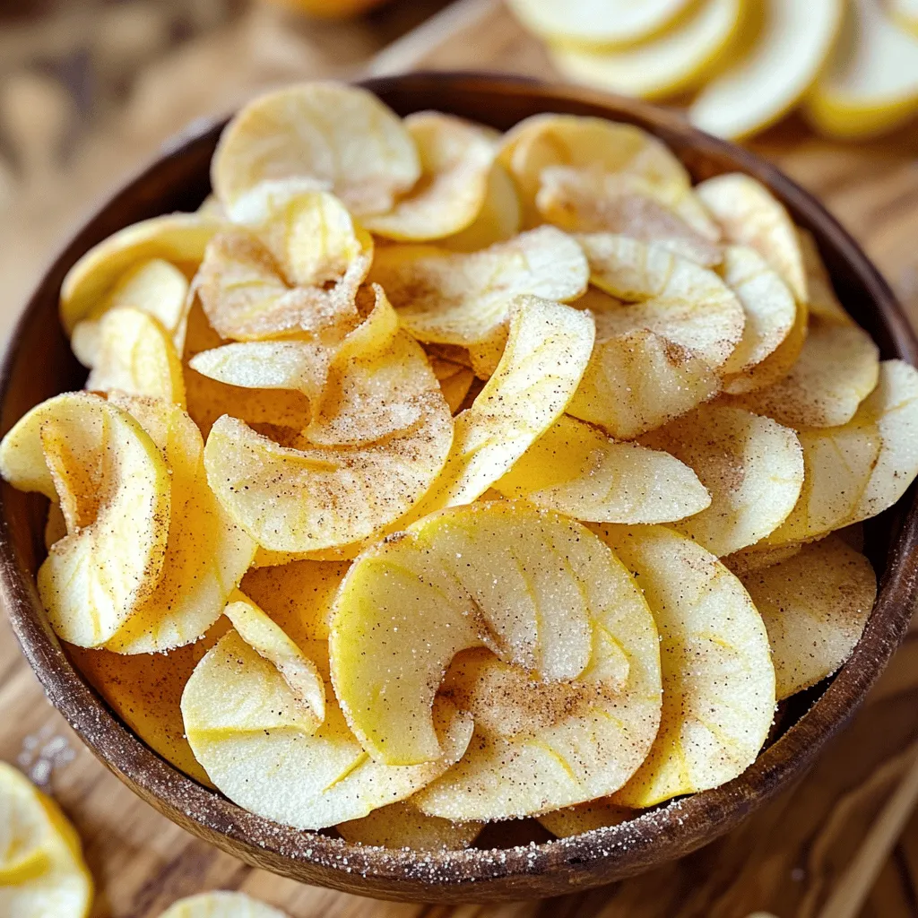 - 2 large apples (suggested varieties: Fuji or Honeycrisp) - 1 tablespoon ground cinnamon - 2 tablespoons granulated sugar - 1 tablespoon fresh lemon juice - Pinch of sea salt To make the best apple chips, choose firm apples. Fuji and Honeycrisp are great choices. They have the right balance of sweetness and crispness. Fresh apples taste better, too. Look for smooth skin and a firm feel. Avoid apples with bruises or soft spots. These signs mean they are past their prime. Want to mix things up? Try adding alternative spices like nutmeg or ginger. They add a warm flavor twist. For a different sweetness, use coconut sugar or honey. These options can make your apple chips unique and fun. Feel free to play with flavors and make it your own! First, you need to preheat your air fryer. Set it to 160°C (320°F). This heat helps create the perfect crispiness. You want it hot before adding the apple slices. Start by washing your apples under cool running water. Make sure to remove the cores. Next, slice each apple into thin rounds. Aim for slices about 1/8 inch thick. A mandoline slicer works best for even slices. This way, all your chips cook evenly. Now, let’s mix our cinnamon-sugar blend. In a small bowl, combine one tablespoon of ground cinnamon, two tablespoons of granulated sugar, and a pinch of sea salt. Stir these together until everything is well mixed. Next, drizzle one tablespoon of fresh lemon juice over your apple slices in a larger bowl. Toss them gently to coat. This step stops the apples from browning and adds some tasty tartness. After that, sprinkle your cinnamon-sugar mixture over the lemon-coated slices. Toss again to ensure all slices get an even coating of that sweet-spiced mix. Carefully place your apple slices into the air fryer basket. Make sure to lay them in a single layer. Avoid overlapping, as this helps them cook evenly. Depending on your air fryer's size, you might need to work in batches. Cook your apple slices for about 15 to 20 minutes. Halfway through, shake the basket gently. This helps redistribute the slices for even crisping. Keep a close eye on them. You want them golden and crispy at the edges. Once they are done, remove the apple chips from the air fryer carefully. Let them cool for a few minutes on a wire rack. As they cool, they will crisp up even more. Enjoy your homemade apple chips! For the best apple chips, slice the apples thin. Aim for about 1/8 inch thick. Thinner slices crisp better. A mandoline slicer works wonders for this. It gives you even slices that cook perfectly. When air frying, cook in batches. Don’t overcrowd the basket. Overlapping slices trap moisture, making them soggy. Cook them in one layer to let air flow freely. These apple chips shine when paired with dips. Greek yogurt adds creaminess and protein. Almond butter or peanut butter also make great choices. They add richness and flavor. For a pretty display, use a rustic basket. Line it with parchment paper for a cozy feel. You can also use a colorful plate to make the chips pop. If your apple chips aren’t crispy, check the thickness. Thicker slices take longer to cook. Adjust the cooking time if needed. Try adding a few extra minutes for thicker pieces. Different air fryer models vary in cooking time. Always monitor closely. If you notice they aren't crisping, add time in small increments. Keep an eye on them to avoid burning. {{image_4}} You can add variety to your apple chips. Spiced apple chips are easy to make. Just mix in some nutmeg or ginger with the cinnamon. This twist gives a warm, cozy flavor. You can also try sweet and salty apple chips. A sprinkle of sea salt brings out the sweetness of the apples. It creates a nice balance that many love. If you want vegan options, this recipe is already a good fit. The ingredients do not include any animal products. For those who need gluten-free options, you're in luck! The apple chips are naturally gluten-free. Just make sure the sugar you use is gluten-free, and you’re set. You can bake apple chips in the oven if you don’t have an air fryer. Set your oven to 200°F (93°C) and spread the slices on a baking sheet. Bake them for about 2 hours, flipping halfway through. The chips will be crunchy, but it takes longer than the air fryer. When comparing methods, the air fryer cooks faster and gives a crispier texture. The oven method is great for larger batches. Each method has its perks, so choose what works best for you! To keep your apple chips crispy, store them in an airtight container. This helps lock out moisture. You can use glass jars or plastic containers with tight lids. Avoid using bags that are not sealed well. Make sure the apple chips are completely cool before you store them. If they are warm, they will steam and lose their crunch. Keep them in a cool, dry place away from sunlight. You can store apple chips for about two weeks. After this time, they may lose their crispiness. Signs of spoilage include softness or a change in color. If they smell off or taste stale, it’s best to toss them. If your apple chips become soft, don’t worry! You can easily refresh them. Place the soft apple chips in the air fryer. Heat them at 160°C (320°F) for about 5 minutes. This will help them regain their crunch. Remember to check them often. You don’t want to burn them. Shake the basket during cooking for even crisping. Enjoy your delicious apple chips again! Air fryer apple chips can last about one week when stored properly. Keep them in an airtight container to keep them fresh. If you notice them getting soft, it’s time to eat them or re-crisp them in the air fryer for a few minutes. Yes, you can use many fruits for air fryer chips. Some great options include pears, bananas, and sweet potatoes. Just make sure to slice them thinly for the best crunch. Each fruit has a unique flavor, so feel free to experiment! The best way to cut apples for chips is to use a mandoline slicer. This tool helps you get even slices, about 1/8 inch thick. Even slices cook at the same rate, giving you a nice crisp. If you don’t have a mandoline, use a sharp knife and try to keep the slices as uniform as possible. If your apple chips are not crispy, there could be a few reasons. First, the slices may be too thick. Thicker slices need more time to cook. Also, if the air fryer basket is overcrowded, the chips won’t crisp well. Make sure to cook them in a single layer. Lastly, check your cooking time; you may need to adjust it based on your air fryer model. In this blog post, we explored how to make delicious air fryer apple chips. We covered the must-have ingredients, like fresh apples and cinnamon, along with tips for choosing the best varieties. You learned step-by-step instructions for prepping and cooking your apple chips, plus helpful tricks to ensure they are crispy. We also discussed flavor variations and storage tips to keep them fresh. Enjoy your homemade snacks, and remember to experiment with flavors that excite you! Eating healthy can be fun and tasty too.