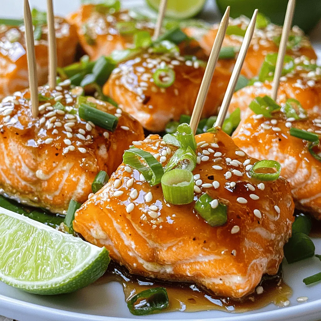 - 1 lb salmon fillet - 3 tablespoons honey - 2 tablespoons low-sodium soy sauce - 2 cloves garlic, finely minced - 1 tablespoon fresh ginger, freshly grated - 1 tablespoon extra virgin olive oil - 1 teaspoon sesame oil - 1/2 teaspoon freshly ground black pepper - 1/4 teaspoon red chili flakes (optional, for added heat) To make these bites truly special, you need fresh ingredients. The salmon fillet is the star here. I prefer skinless salmon for easy bites. Honey brings sweetness, while soy sauce adds saltiness. Garlic and ginger give it a punch. Olive oil helps with cooking, and sesame oil adds depth. Black pepper adds warmth, and red chili flakes can bring heat if you want it. - 2 green onions, thinly sliced - Toasted sesame seeds For garnishing, I always use green onions. They add color and a fresh taste. Toasted sesame seeds give a nice crunch. You can sprinkle both on top after cooking. - Fresh lime wedges - Additional spice options Want to add more flair? Fresh lime wedges are great for a zesty kick. You can choose other spices too. Experiment with what you love. To make the marinade, start by taking a mixing bowl. Add 3 tablespoons of honey, 2 tablespoons of soy sauce, and 2 minced garlic cloves. Then, mix in 1 tablespoon of freshly grated ginger. Next, pour in 1 tablespoon of extra virgin olive oil and 1 teaspoon of sesame oil. Finally, add 1/2 teaspoon of black pepper and 1/4 teaspoon of red chili flakes if you like some heat. Whisk it all together until it’s smooth. This step ensures that all the flavors blend perfectly. Now, it is time to marinate the salmon. Take 1 pound of skinless salmon fillet and cut it into uniform bite-sized pieces. Place the salmon into the marinade and toss it gently. Make sure every piece is well-coated. Let the salmon sit in the marinade for about 10 minutes. This time allows the flavors to soak into the fish, giving it a delicious taste. For cooking, first heat a nonstick skillet over medium-high heat. Allow the skillet to get hot. Once it’s ready, add a light drizzle of olive oil to coat the bottom. Carefully place the marinated salmon bites in a single layer in the skillet. Avoid overcrowding them. Cook the salmon for about 2-3 minutes on one side until it gets a nice caramelized look. Then, flip each piece gently and cook for another 1-2 minutes until the salmon is golden brown and fully cooked. After cooking, take the skillet off the heat. Transfer the salmon bites to a serving plate. For a beautiful garnish, sprinkle thinly sliced green onions and toasted sesame seeds over the top. This adds color and crunch. If you want more flavor, drizzle any remaining marinade that did not touch the raw salmon over the bites. This extra touch makes the dish even more tasty and appealing. To make a great marinade, balance sweetness and saltiness. You can adjust the honey and soy sauce to fit your taste. If you like it sweeter, add more honey. For a saltier kick, increase the soy sauce. Fresh ingredients shine the most. Use fresh garlic and ginger for a bright flavor. Dried herbs can work, but they lack the same punch. Fresh herbs add life to the dish. Avoid overcooking the salmon. Cook it for just 2-3 minutes on one side. Flip it gently and cook for another 1-2 minutes. The goal is a golden-brown color. Caramelization adds a nice crunch and flavor. Keep the heat at medium-high to achieve this. A nonstick skillet helps the salmon cook evenly. For plating, use a stylish platter. Arrange the salmon bites neatly and add toothpicks for easy eating. Garnish with green onions and sesame seeds for a colorful look. Add lime wedges for a burst of zest. These pair well with rice or a fresh salad. You can also serve them with a light drink, like iced tea or sparkling water. {{image_4}} You can switch up the taste of honey garlic salmon bites. To make a spicy version, add more red chili flakes. This gives the dish a nice kick. For a citrus twist, try a marinade with orange or lemon juice. Both options enhance the flavors and keep the dish fresh. If you need gluten-free options, use tamari instead of soy sauce. It tastes great and still keeps the flavor you want. For low-calorie alternatives, reduce the honey. You can also use a sugar substitute. This way, you enjoy the dish without extra calories. You can serve salmon bites skewered or unskewered. Skewering makes them fun for parties. It also helps with easy eating. For a more formal meal, serve them unskewered. They work well as an appetizer or a main dish. Just pair them with sides like rice or veggies for a complete meal. To keep your honey garlic salmon bites fresh, store them in the fridge. Place them in an airtight container. Wrap them well with plastic wrap for extra protection. They will last for up to three days. Always let the salmon cool down to room temperature before storing. This step helps prevent excess moisture, which can make the salmon soggy. You can freeze salmon bites for longer storage. First, allow the cooked bites to cool completely. Then, arrange them on a baking sheet in a single layer. This helps prevent them from sticking together. Freeze for about two hours, then transfer them to a freezer-safe bag or container. Label it with the date. Frozen salmon bites can last up to three months. When you are ready to enjoy them, thaw the bites in the fridge overnight. This slow thaw keeps the texture nice. If you need them quick, you can use the microwave on a low setting for a few minutes. Make sure they are not still frozen in the middle. To reheat salmon bites, use gentle heat to avoid drying them out. The best method is to use a skillet. Heat it over medium-low heat and add a splash of oil. Place the salmon bites in the pan and warm them for about 3-4 minutes, flipping halfway through. If you prefer the microwave, use a microwave-safe plate. Cover the bites with a damp paper towel. Heat on medium power for 30 seconds, check, and repeat if needed. Always check that they are hot all the way through. This method helps keep the salmon moist and tasty. Honey Garlic Salmon Bites can last about 2 to 3 days in the fridge. Store them in an airtight container to keep them fresh. Make sure to let the bites cool down before sealing them. This helps to keep moisture out. Yes, you can make these bites ahead of time. You can marinate the salmon and store it in the fridge for up to 2 hours before cooking. This allows the flavors to soak in. If you want to prepare them even earlier, cook the salmon and store it in the fridge. Just reheat it when you're ready to serve. Several sides pair well with these salmon bites. Here are some great options: - Steamed rice - Quinoa salad - Roasted vegetables - Asian slaw - Garlic bread These sides balance the sweet and savory taste of the salmon, making for a well-rounded meal. Yes, you can use frozen salmon. Just make sure to thaw it completely before cooking. The best way to thaw salmon is to leave it in the fridge overnight. If you’re in a hurry, you can place it in a sealed bag and submerge it in cold water for about an hour. You can tell when salmon is fully cooked by checking its color and texture. The salmon should turn from a translucent pink to an opaque color. It should also flake easily with a fork. A cooking temperature of 145°F (63°C) is safe for salmon. If you have a meat thermometer, it’s a great tool to use! This blog post covered the steps to make delicious Honey Garlic Salmon Bites. You learned about the key ingredients and how to prepare a great marinade. I shared tips for cooking salmon perfectly while avoiding overcooking. Remember, garnishing with green onions and sesame seeds makes a big difference in presentation. With these ideas and instructions, you can create your own tasty dish. Enjoy each bite, and don’t hesitate to experiment with your flavors!
